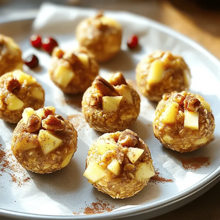 - 1 cup rolled oats - 1/2 cup almond butter (or any nut butter of choice) - 1/4 cup honey or maple syrup To make Apple Pie Energy Bites, start with rolled oats. They give a great base and add fiber. Next, choose your nut butter. Almond butter is my favorite, but peanut or cashew work too. This adds healthy fats and protein. Finally, add a sweetener. Honey or maple syrup both work well to bring in sweetness. - 1 small apple, peeled and finely chopped - 1 tsp cinnamon - 1/2 tsp nutmeg - 1/4 cup chopped walnuts or pecans - 1/4 cup raisins or dried cranberries - A pinch of salt For flavor, add a small, finely chopped apple. It gives a fresh taste. Mix in spices like cinnamon and nutmeg. These are key to the apple pie flavor. Chopped walnuts or pecans add crunch and more nutrients. Dried fruits like raisins or cranberries add sweetness and chewiness. Don’t forget a pinch of salt to balance the flavors. - Mixing bowl - Measuring cups - Parchment paper You will need a large mixing bowl. This is where all the magic happens. Use measuring cups to get your ingredients right. Lastly, have parchment paper ready. It helps line your tray and keeps the bites from sticking. With these ingredients and tools, you’re all set to create tasty Apple Pie Energy Bites! First, grab a large mixing bowl. Combine 1 cup of rolled oats, 1/2 cup of almond butter, and 1/4 cup of honey (or maple syrup). Stir until you create a sticky dough. This mix forms the base of your bites. Next, add 1 small apple, peeled and finely chopped. Then, sprinkle in 1 tsp of cinnamon, 1/2 tsp of nutmeg, and 1/4 cup of chopped walnuts (or pecans). Add 1/4 cup of raisins (or dried cranberries) and a pinch of salt. Stir everything until well mixed. Now, it’s time to make the bites. Use your hands to scoop out small portions of the mixture. Roll each portion into balls, about 1 inch in diameter. This step is fun and lets you shape each bite. Once rolled, place the energy bites on a parchment-lined tray. Make sure they don’t touch, so they keep their shape. After forming the bites, refrigerate them for at least 30 minutes. Chilling helps the bites firm up and hold together better. Once they’re chilled, your Apple Pie Energy Bites are ready to eat! You can enjoy them fresh or store them in an airtight container in the fridge. They stay good for up to one week. To get the right texture, you may need to adjust the moisture. If your mixture feels too dry, add more almond butter or honey. If it's too wet, add a bit more oats. Use your hands to roll the bites firmly. This helps them hold their shape better. Don’t be afraid to experiment! You can try different nuts like almonds or cashews. Dried fruits like apricots or figs can also add a nice touch. To boost the flavor even more, add extra spices. A little ginger or allspice can change the game. Cleaning sticky utensils can be a pain. To make it easier, use warm water and let the sticky stuff soak for a bit. Silicone mats are great for rolling your bites. They keep things from sticking and make clean-up a breeze. {{image_2}} You can change the flavors of your Apple Pie Energy Bites easily. One fun option is the pumpkin spice variation. Just swap the cinnamon and nutmeg for pumpkin spice. This gives bites a warm, cozy taste that’s perfect for fall. Another tasty option is chocolate chip apple bites. Add mini chocolate chips to the mix for a sweet twist. The chocolate pairs well with the apple and spices. It’s a great way to please kids and adults alike! Making these bites fit your diet is simple. For a gluten-free option, use certified gluten-free oats. This small change keeps the flavor while making them safe for gluten-sensitive folks. If you want vegan adaptations, substitute honey with maple syrup. This keeps the bites sweet without any animal products. You can also use a nut-free butter like sunflower seed butter for a nut-free version. Want to boost the nutrition? You can add protein powders to the mix. A scoop of your favorite protein powder blends right in. This makes the bites a great snack after a workout. Also, consider superfoods like chia or flax seeds. These tiny seeds add fiber and healthy fats. Just a tablespoon or two will enhance the nutrition without changing the taste much. To keep your Apple Pie Energy Bites fresh, use airtight containers. This helps prevent moisture and keeps them tasty. You can store them in the fridge. Just make sure the lid is secure. Avoid leaving them out at room temperature for too long. When stored in the fridge, these bites last about one week. You can freeze them for up to three months. Just place them in an airtight container or a freezer bag. Label the bag with the date. This way, you always know when they were made. These energy bites are great with yogurt or smoothies. Just toss a few bites into your morning smoothie for a boost. They also work well as a pre-workout snack. The oats and nut butter give you lasting energy. Enjoy them anytime you need a quick pick-me-up! Yes, you can! Almond butter works well, but peanut butter is also great. Cashew butter and sunflower seed butter are other tasty options. Each nut butter adds its own unique flavor. Feel free to pick your favorite or what you have on hand. These energy bites last about one week in the fridge. Store them in an airtight container to keep them fresh. If you want them to last longer, you can freeze them. Just thaw before eating. Absolutely! You can use maple syrup as a sweetener instead of honey. Other options include agave nectar or brown rice syrup. Each sweetener will change the taste a bit, but they all work well in this recipe. These energy bites are easy to make and fun to customize. We explored key ingredients like oats, nut butter, and sweeteners. Flavor enhancers like spices and fresh fruits really boost taste. You learned how to mix, roll, chill, and serve them. Each bite can fit your diet through variations and add-ins. Remember to store them properly for the best freshness. I hope you enjoy crafting your new favorite snack!