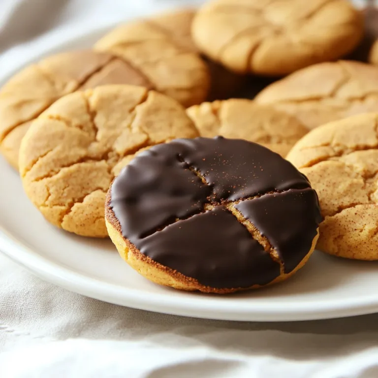 - 1 cup canned pumpkin puree - 1/2 cup unsalted butter, softened - 1 cup brown sugar, packed - 1/2 cup granulated sugar - 1 large egg - 2 teaspoons vanilla extract - 3 cups all-purpose flour - 1 teaspoon baking soda - 1 teaspoon baking powder - 2 teaspoons pumpkin pie spice - 1/2 teaspoon salt - 1 cup semi-sweet chocolate chips - 2 tablespoons coconut oil These ingredients create a rich and flavorful cookie. The canned pumpkin puree gives the cookies a moist texture and warm taste. The butter adds creaminess, while the sugars bring sweetness. Pumpkin pie spice gives that classic fall flavor. The baking soda and baking powder help the cookies rise nicely. The chocolate chips are a special treat that adds sweetness and richness. You can swap ingredients if needed. For example, use coconut oil instead of butter for a dairy-free option. Always remember to measure your ingredients accurately for the best results. 1. Start by preheating your oven to 350°F (175°C). Line a baking sheet with parchment paper. This helps cookies bake evenly and not stick. 2. In a big bowl, cream the softened butter with brown sugar and granulated sugar. Mix until it feels fluffy and light. This step adds air to the dough, making cookies soft. 3. Next, add the canned pumpkin puree, a large egg, and vanilla extract to the bowl. Beat well until everything blends together smoothly. 1. In another bowl, sift together the all-purpose flour, baking soda, baking powder, pumpkin pie spice, and salt. Sifting helps mix and aerate the ingredients, leading to a better texture. 2. Gradually mix the dry ingredients into the wet mixture. Use a spatula or spoon to combine gently. Be careful not to overmix. Overmixing can make cookies tough. 1. To form the cookies, use a tablespoon to scoop dough onto the prepared baking sheet. Space them about 2 inches apart. They need room to spread while baking. 2. Bake the cookies for 10-12 minutes until the edges turn lightly golden. Let them cool on the baking sheet for a few minutes. After that, transfer them to a wire rack to cool completely. 1. Once the cookies cool, melt the semi-sweet chocolate chips with coconut oil. Use a microwave-safe bowl and heat in 30-second bursts. Stir after each burst until smooth. This keeps the chocolate silky and shiny. 2. Dip the edge of each cookie into the melted chocolate. Let any extra chocolate drip back into the bowl. 3. Place the dipped cookies on a clean parchment-lined sheet. Allow the chocolate to set. You can speed this up by putting them in the fridge for a few minutes. Enjoy your delicious chocolate dipped pumpkin spice cookies! How do I ensure cookies are fluffy? To make fluffy cookies, cream the butter and sugars well. This adds air to the mix. Use softened butter, not melted. The right texture is key. How do I avoid overmixing the dough? Mix the wet and dry ingredients just until combined. Do not beat too long. Overmixing makes the cookies tough. Stop as soon as you see no dry flour. What are the best methods for melting chocolate? The microwave works well for melting chocolate. Use a bowl safe for the microwave. Heat in short bursts of 30 seconds, stirring in between. How do I avoid grainy chocolate? Add a small amount of coconut oil to the chocolate. This helps it melt smoothly. Stir well to combine. Keep the heat low to avoid burning. What are creative ways to arrange cookies? Place cookies on a nice platter. You can stack them or arrange them in circles. This makes a fun display. How can I add seasonal decorations for appeal? Sprinkle pumpkin pie spice on top for color. You can also use crushed nuts. These small touches make the cookies pop. They look great for fall gatherings. {{image_2}} If you want to make these cookies gluten-free, use a gluten-free flour blend. Many blends work well for baking. Just make sure the blend has xanthan gum for structure. For a dairy-free version, swap the butter with coconut oil or a vegan butter. Use dairy-free chocolate chips instead of semi-sweet ones. Both options taste great and keep the cookies soft. To make your cookies even tastier, try adding chopped nuts or dried fruits. Walnuts or pecans add a nice crunch. Dried cranberries or raisins give a sweet burst. You can also mix in different spices. A pinch of nutmeg or ginger can add warmth. Try a dash of cinnamon for extra flavor. Experimenting will give your cookies a unique twist. For a fun look, dip your cookies in white chocolate instead of dark. White chocolate adds a sweet contrast to the pumpkin spice flavor. You can also get creative with decorations. Add sprinkles or edible glitter on top of the chocolate. This makes the cookies festive and fun for any occasion. To keep your chocolate dipped pumpkin spice cookies fresh, use airtight containers. Glass or plastic containers work great. Place parchment paper between layers to avoid sticking. Store cookies at room temperature for up to one week. If you want them to last longer, refrigerate them for up to two weeks. For long-term storage, you can freeze these cookies. First, let the cookies cool completely. Then, place them in a single layer on a baking sheet. Freeze until solid, about one hour. After that, transfer them to a freezer bag or container. They will stay fresh for up to three months. When you're ready to enjoy them, thaw the cookies overnight in the fridge. If you want to eat them warm, you can reheat them in the oven at 350°F (175°C) for about five minutes. Enjoy your delicious treats! You can use fresh pumpkin, but it has more moisture. This can change the flavor and texture of the cookies. When using fresh pumpkin, make sure to cook and puree it well. Drain any excess liquid to keep the dough from getting too wet. To stop the cookies from spreading, keep the dough thick. Use cold butter and chill the dough for 30 minutes. Also, make sure to measure the flour correctly. Too little flour can cause cookies to spread. The best way to melt chocolate is in a microwave. Use short bursts, about 30 seconds. Stir after each burst until smooth. Avoid using high heat, as this can burn the chocolate. You can also use a double boiler for even melting. These cookies last about a week at room temperature. Store them in an airtight container to keep them fresh. If you want to keep them longer, freeze them. They can last up to three months in the freezer. This blog post covered how to make pumpkin chocolate chip cookies. You learned about key ingredients, from pumpkin puree to chocolate chips. I provided step-by-step instructions to help you bake with ease. Baking tips ensured your cookies turn out fluffy. I shared variations and storage tips for freshness. In the end, enjoy this recipe and feel free to get creative! Happy baking!