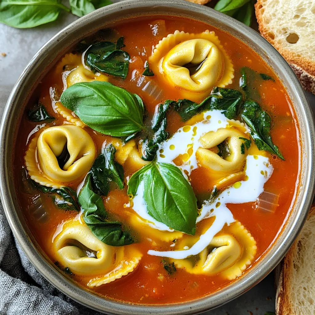 To make this delicious soup, gather these main ingredients: - 1 (28 oz) can crushed tomatoes - 4 cups vegetable broth - 1 medium onion, diced - 2 cloves garlic, minced - 1 teaspoon dried basil - 1 teaspoon dried oregano - 1 teaspoon sugar - 1/2 teaspoon red pepper flakes (optional) - 2 cups fresh spinach - 1 (9 oz) package refrigerated cheese tortellini - Salt and pepper to taste These ingredients mix well to create a rich and tasty soup. The crushed tomatoes give the soup its base, while the vegetable broth adds depth. Fresh spinach adds color and nutrients, and the tortellini brings heartiness. If you want to make your soup creamier, consider adding: - 1/4 cup heavy cream Adding cream just before serving makes the soup rich and smooth. It also enhances the flavor, giving you a touch of luxury in each bite. Seasonings and herbs are key to flavor. Use these: - 1 teaspoon dried basil - 1 teaspoon dried oregano - 1 teaspoon sugar - 1/2 teaspoon red pepper flakes (optional) - Salt and pepper to taste The dried basil and oregano bring an Italian flair. Sugar balances the acidity of the tomatoes. The red pepper flakes add a hint of heat for those who enjoy a little spice. Adjust salt and pepper to make the flavors pop. To start, grab your slow cooker. Add one can of crushed tomatoes. Pour in four cups of vegetable broth. Next, add one diced medium onion and two minced garlic cloves. Sprinkle in one teaspoon of dried basil and one teaspoon of dried oregano. Add in one teaspoon of sugar and, if you like heat, toss in half a teaspoon of red pepper flakes. Stir all the ingredients together until mixed well. This base is where the magic begins! Now, cover your slow cooker. Set it to low and cook for six to eight hours. If you're in a hurry, you can set it to high for three to four hours. This slow cook time helps the flavors blend. The longer it cooks, the deeper the flavor. Trust me, you want that rich taste! About 30 minutes before you plan to serve, it's time for the fun part! Stir in two cups of fresh spinach and one package of refrigerated cheese tortellini. The spinach adds color and nutrients, while the tortellini brings a nice bite. If you want a creamy touch, add a quarter cup of heavy cream just a few minutes before serving. Once the tortellini cooks, which takes about five to seven minutes, taste your soup. Adjust with salt and pepper to make it perfect! Finally, ladle the soup into bowls and top with fresh basil leaves for that extra pop. Enjoy your creation! To boost the taste of your soup, use fresh herbs. Fresh basil adds a bright flavor. You can also add a splash of balsamic vinegar for depth. For a richer taste, try adding a dash of Worcestershire sauce. If you like heat, sprinkle in more red pepper flakes. Always adjust seasoning at the end, as this makes a big difference. Serve this soup with warm crusty bread. Dipping the bread into the soup is pure joy. A simple side salad pairs well too. Try a mix of greens with a light dressing. You can also top the soup with grated Parmesan cheese. This adds a savory touch and makes the meal feel special. One common mistake is overcooking the tortellini. They only need 5-7 minutes in the soup. If cooked too long, they can turn mushy. Another mistake is not tasting before serving. Always taste and adjust the seasoning. Lastly, don’t skip the fresh basil garnish. It adds a nice touch and brightens the dish. {{image_2}} You can easily make this soup vegetarian-friendly. Start with vegetable broth and crushed tomatoes. Use cheese tortellini for a rich taste. You can add more veggies too. Try mushrooms or bell peppers for extra flavor. Want to add protein? Chicken or sausage works well. Cook the meat first, then add it to the slow cooker. Diced cooked chicken adds a nice touch. If you like sausage, use sweet or spicy. Just cut it into small pieces. Feel free to mix in other vegetables. Carrots and zucchini are great choices. Chop them small so they cook well. You can try kale instead of spinach for a different taste. Each veggie adds its own flavor to the soup. To keep your soup fresh, store it in an airtight container. Make sure the soup cools to room temperature first. This prevents condensation and keeps it tasty. Label the container with the date. You can safely refrigerate it for up to three days. When you’re ready to enjoy it again, check for any odors or changes in texture. Freezing is a great option for long-term storage. Pour the cooled soup into a freezer-safe container, leaving some space at the top. This allows the soup to expand as it freezes. You can freeze it for up to three months. When you want to eat it, move the container to the fridge to thaw overnight. Reheat your soup on the stove for the best flavor. Pour it into a pot and heat it over medium-low heat. Stir occasionally to prevent sticking. If you prefer the microwave, use a microwave-safe bowl. Heat in short bursts, stirring in between. Add a splash of vegetable broth or water if it seems too thick. Enjoy your warm and comforting soup! Yes, you can use frozen tortellini. Just add them to the slow cooker in the last 10 minutes of cooking. This way, they will cook perfectly without getting mushy. Frozen tortellini cooks well and saves time. You still get that great flavor and texture in your soup. To make this soup vegan, replace the heavy cream with coconut milk or cashew cream. Use vegetable broth for the base, which is already vegan. Make sure your tortellini is dairy-free. You can find many brands that offer plant-based options. This keeps the creamy texture while being kind to animals. If you don’t have heavy cream, use half-and-half or whole milk for a lighter option. You can also blend silken tofu with a bit of water to create a creamy texture. Another option is to use unsweetened almond milk mixed with a tablespoon of olive oil. Each choice gives a different taste but keeps the soup rich. This blog post covered everything you need to make a tasty tortellini soup. We looked at the main and optional ingredients, plus seasonings to boost flavor. I guided you through step-by-step instructions, from the slow cooker base to adding tortellini and spinach. We also shared tips for serving and avoiding common errors. You learned about variations, best storage practices, and answered common questions. Now, it's your turn to try this simple recipe. Enjoy your creation!