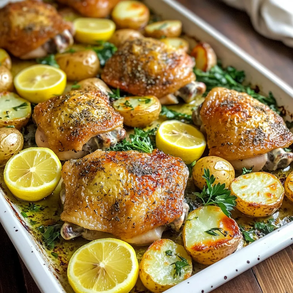 For this dish, you will need: - 4 chicken thighs (bone-in, skin-on) - 1 pound baby potatoes, halved These chicken thighs bring rich flavor and juicy goodness. The skin crisps up nicely, making every bite a delight. The baby potatoes soak up all the tasty juices, making them extra special. To make the marinade, gather: - 2 tablespoons olive oil - 2 lemons (1 zested and juiced, 1 sliced) - 4 garlic cloves, minced - 1 tablespoon fresh thyme leaves - 1 tablespoon fresh rosemary, chopped - 1 teaspoon paprika - Salt and pepper to taste This marinade packs a punch! The lemon adds bright flavor, while garlic gives a nice depth. Fresh herbs like thyme and rosemary bring an earthy note. Paprika adds warmth and a hint of spice. You will also need: - Fresh parsley for garnish This parsley adds a pop of color and freshness. It makes the dish look appealing and vibrant. Just sprinkle it on top before serving for that perfect finish. Start by preheating your oven to 425°F (220°C). This high heat will help crisp the chicken skin. It also cooks the potatoes perfectly. Next, grab a large bowl. You will mix the marinade in it. Combine the olive oil, lemon zest, lemon juice, minced garlic, thyme, rosemary, paprika, salt, and pepper. Stir this mix well. Now, it’s time to add the chicken thighs to the bowl. Toss the chicken until it is well coated in the marinade. Make sure every piece gets some flavor. Let the chicken marinate for at least 15 minutes. If you have time, marinate it for up to 2 hours in the fridge. This step makes the chicken juicy and full of taste. While the chicken marinates, prepare the potatoes. Place halved baby potatoes in a separate bowl. Drizzle them with olive oil, salt, and pepper. Toss to coat the potatoes evenly. On a large sheet pan, arrange the marinated chicken thighs skin-side up. Surround them with the halved potatoes and lemon slices. Bake everything in the preheated oven for 35 to 40 minutes. The chicken should reach an internal temperature of 165°F (75°C). The skin will be crispy, and the potatoes will be tender and golden. Once done, take the pan out of the oven. Let it rest for 5 minutes before serving. You can garnish with freshly chopped parsley for a nice touch. To get that perfect crispy skin, start with bone-in, skin-on chicken thighs. This cut holds moisture and flavor well. Dry the skin with paper towels before marinating. The drier the skin, the crispier it gets. When you bake, place the chicken skin-side up on the pan. This helps the heat to circulate and crisp the skin. You can also brush a little olive oil on the skin before cooking. This extra layer helps it crisp up nicely. For the best potatoes, choose baby potatoes. They cook evenly and are tender. Halve them for quicker cooking and better texture. Toss them in olive oil, salt, and pepper to enhance their flavor. Arrange the potatoes around the chicken on the sheet pan. This way, they soak up the chicken juices and seasoning while they bake. Bake them until they turn golden and soft. Check for doneness by piercing a potato with a fork; it should go in easily. To save time, marinate the chicken ahead of time. You can do this the night before. Just place the chicken in the marinade and cover it in the fridge. When you’re ready to cook, the chicken will be extra flavorful. You can also prep the potatoes while the chicken marinates. This way, you can pop everything in the oven together. Clean as you go to make the process smooth. Keep your workspace tidy to make cooking less stressful. {{image_2}} You can mix up this dish with different veggies. Try carrots, bell peppers, or zucchini. These will add color and taste. If you want to use chicken breasts, that works, too. Just adjust the cooking time, as breasts may cook faster. To boost the flavor, add some crushed red pepper for heat. You can also use different herbs, like oregano or dill. For a zesty kick, add capers or olives. A splash of white wine can deepen the taste and make it fancy. Serving this dish is simple. You can dish it out right from the pan for a rustic vibe. Plate individual servings with a lemon slice on each plate for a fresh look. Pair it with a side salad or some crusty bread to soak up the juices. Enjoy every bite! After you cook your sheet-pan lemon herb chicken and potatoes, let them cool. Store leftovers in an airtight container. This keeps flavors fresh. You can refrigerate your dish for up to 3 days. When you are ready to eat, just grab it from the fridge. If you want to save your meal for later, freezing is a great option. Place the cooled chicken and potatoes in a freezer-safe container. Make sure to seal it tightly. This meal can last in the freezer for up to 3 months. When you are ready to enjoy it again, thaw it in the fridge overnight before reheating. To reheat your chicken and potatoes, use an oven. Preheat it to 350°F (175°C). Place the dish in the oven for about 15-20 minutes. This warms everything evenly. You can also use a microwave if you are in a hurry. Just heat in short bursts, stirring in between, until warm. Enjoy your tasty meal! Yes, you can use chicken breasts. They will cook faster than thighs. Adjust your baking time to about 25-30 minutes. Check for a nice golden color on the skin. I recommend using bone-in breasts for more flavor. Skin-on breasts will also give you that crispy texture you want. You can use herbs like oregano, basil, or parsley. These herbs will still add great flavor. Try using Italian seasoning for a mix of flavors. If you like a bit of heat, add some crushed red pepper flakes. Just remember to adjust the amount based on your taste. The best way to check is with a meat thermometer. The chicken should reach an internal temperature of 165°F (75°C). If you do not have a thermometer, cut into the thickest part of the chicken. The meat should be white, not pink, and juices should run clear. Always ensure the skin is crispy for the best texture. This post shared all you need for a tasty chicken and potatoes dish. We covered ingredients, preparation steps, and tips for the best results. I included easy ideas for variations and how to store leftovers. Remember, using the right marinade and seasoning will boost flavors. You can easily swap ingredients based on your taste. Enjoy your time cooking and delight in every bite!