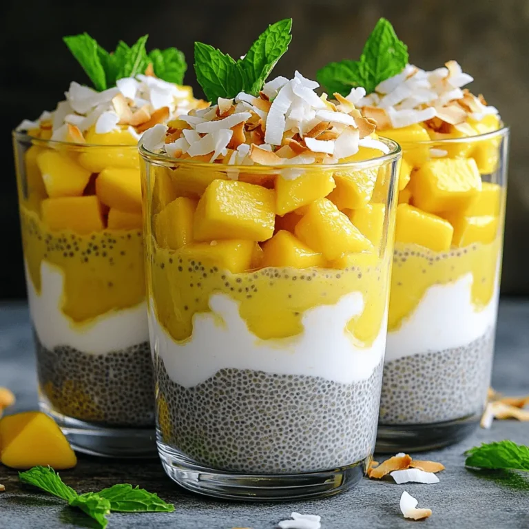 - Coconut milk - Almond milk - Chia seeds - Maple syrup or honey - Ripe mango - Vanilla extract - Salt - Toasted coconut flakes - Fresh mint leaves - Use 1 cup of coconut milk for creaminess. - Add 1 cup of almond milk for a light touch. - Measure 1/4 cup of chia seeds for thickening. - Use 2 tablespoons of maple syrup or honey for sweetness. - One ripe mango, diced, adds a fresh fruit flavor. - Include 1/2 teaspoon of vanilla extract for depth. - A pinch of salt balances the flavors. - Garnish with toasted coconut flakes for crunch. - Fresh mint leaves give a pop of color. Possible substitutions include using coconut cream for richer pudding or agave nectar instead of honey. You can also swap mango for other fruits like berries or bananas, if desired. Chia seeds are packed with nutrients. They provide fiber, protein, and omega-3 fatty acids. These tiny seeds can help you feel full longer, making them great for snacks or breakfast. Nutritional information per serving: - Calories: 200 - Protein: 4g - Carbohydrates: 30g - Fiber: 10g - Sugars: 8g - Fat: 8g This pudding is not only tasty but also supports heart health and digestion. Enjoy this simple and healthy recipe, knowing it fuels your body well! First, grab a medium bowl. You will whisk together the coconut milk and almond milk. Add the maple syrup and vanilla extract. Don't forget a pinch of salt! Whisk until everything blends well. This mix is your base. Next, stir in the chia seeds. Make sure there are no clumps. Let the mixture sit for about 5 minutes. Then, whisk it again. This helps keep the seeds from settling. Cover the bowl with a lid or plastic wrap. Place it in the fridge for at least 4 hours. You can also leave it overnight. This time allows the chia seeds to expand. When it is ready, give the pudding a good stir. This makes it smooth and creamy. To serve, start layering the pudding and mango in glass cups. Spoon in a layer of chia pudding. Then, add a layer of diced mango. Repeat until you fill the cup. This creates a pretty look. For a finishing touch, sprinkle toasted coconut flakes on top. Add fresh mint leaves for color and taste. You can drizzle a bit of coconut milk on top for extra richness. To avoid clumps in chia seeds, mix them well. After you stir in the seeds, let the mixture sit. Wait five minutes, then whisk again. This helps break up any clumps. If you want a thicker pudding, add more chia seeds. If you prefer a thinner texture, add a bit more almond milk or coconut milk. Adjust until it feels just right for you. You can add spices or extracts to boost flavor. A pinch of cinnamon or nutmeg can bring warmth. A splash of almond extract gives a nice twist too. Think about mixing in other fruits. Try berries, bananas, or peaches for different tastes. Each fruit changes the feel of your pudding. For a beautiful look, layer the pudding and mango in clear glass cups. Start with pudding, then add mango, and repeat. This way, everyone can see the lovely layers. For garnishes, use toasted coconut flakes for crunch. Fresh mint leaves add color and a fresh taste. Drizzle extra coconut milk on top for a rich finish. {{image_2}} You can switch up the milk in this pudding. I often use coconut milk for creaminess. If you want something lighter, almond milk works well. - Dairy-free alternatives: Almond milk, oat milk, or cashew milk are great choices. They add different flavors and textures. - Full-fat vs. low-fat choices: Full-fat coconut milk gives a rich taste. Low-fat options are lighter but may not be as creamy. Mango is sweet, but other fruits can shine too. You can try berries, peaches, or bananas. These fruits add color and flavor. - Other fruits that work well: Pineapple or kiwi can add a tropical twist. - Seasonal variations: Use fresh berries in summer or apples in fall. This keeps the pudding exciting year-round. Maple syrup is tasty, but you can change it up. Agave nectar or stevia work well too. They can help you adjust sweetness to your liking. - Using agave nectar or stevia: Agave is sweeter than sugar and dissolves easily. Stevia is a zero-calorie sweetener. - Sugar-free options: If you're watching sugar, these options keep your pudding sweet without guilt. To store leftover pudding, place it in an airtight container. This keeps it fresh and safe. The pudding lasts about 4 to 5 days in the fridge. To best enjoy it, consume within this time frame. Before serving, give it a good stir. This will help restore its smooth texture. If you notice any separation, it's normal. Just whisk it back together. Can you freeze chia pudding? Yes, you can! Freezing chia pudding is an option if you have extra. However, the texture may change slightly. To freeze, pour the pudding into a freezer-safe container. Leave some space at the top, as it will expand when frozen. When you're ready to eat it, thaw the pudding in the fridge overnight. If you’re in a hurry, you can use the microwave. Heat it in short bursts to avoid cooking it. Once thawed, stir well before serving. You may want to add a splash of coconut milk for creaminess. For eco-friendly storage, reuse glass jars or plastic containers. These are great for storing your pudding. They are also easy to clean and refill. Choose containers with tight lids to keep air out. This helps maintain freshness. Look for containers made from BPA-free materials if you prefer plastic. They are safe for food storage and better for the planet. Chia seeds are tiny black seeds from the Salvia hispanica plant. They pack a lot of nutrition. One ounce (about 28 grams) has 138 calories, 11 grams of fiber, and 4 grams of protein. They are high in omega-3 fatty acids and antioxidants. They help with digestion and keep you full longer. Chia seeds can also support heart health. Their fiber content aids in gut health. Plus, they are easy to add to many dishes, like our mango coconut chia pudding. Mango coconut chia pudding can last in the fridge for about 5 days. Make sure to store it in a sealed container. This keeps it fresh and safe to eat. Check for any strange smells or colors before eating. If you notice any changes, it’s best to throw it out. Always trust your senses when it comes to food safety. Yes, you can make this recipe ahead of time! I suggest preparing it the night before. This gives it enough time to chill and set properly. Just mix the ingredients, let them sit, and refrigerate. You can enjoy it as a quick breakfast or snack the next day. Yes, this recipe is vegan-friendly. It uses coconut milk and almond milk, which are both plant-based. You can substitute maple syrup for honey if you want. All the ingredients are vegan, so you can enjoy this pudding without worry. It’s a delicious and healthy treat for everyone! This blog post covered how to make mango coconut chia pudding. We looked at ingredients, measurements, and health benefits. I provided step-by-step instructions for preparation and chilling. You learned tips for texture and flavor, plus ways to vary the recipe. In conclusion, making this pudding is simple and fun. Enjoy experimenting with flavors and ingredients. This dish is tasty and good for you. Try it out and impress your friends!