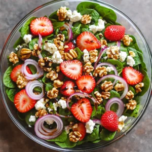 - 4 cups fresh baby spinach - 1 cup strawberries, hulled and sliced - 1/4 cup red onion, thinly sliced The fresh produce is the heart of this salad. Baby spinach adds a soft, leafy base. It is packed with vitamins. Strawberries bring sweetness and a lovely red color. Their juicy texture contrasts nicely with the spinach. The red onion adds a sharp bite. This gives the salad depth and flavor. Together, these ingredients create a colorful and healthy mix. - 1/2 cup feta cheese, crumbled - 1/4 cup walnuts, chopped and toasted Feta cheese adds creaminess to the salad. It has a tangy taste that balances the sweetness of strawberries. Crumbling it on top makes it easy to enjoy. Walnuts provide a crunchy texture. Toasting them enhances their flavor. This step is simple but makes a big difference. The combination of feta and walnuts adds richness to the salad. - 1/4 cup balsamic vinegar - 2 tablespoons extra-virgin olive oil - 1 tablespoon honey - Salt and pepper to taste The dressing ties the salad together. Balsamic vinegar gives it a sweet and tangy kick. Extra-virgin olive oil adds smoothness and richness. Honey brings in a touch of natural sweetness. A pinch of salt and pepper enhances all the flavors. Whisk these together for a quick and tasty dressing. This will elevate your salad to new heights. To toast the walnuts, use a small skillet. Preheat it over medium heat. Add the chopped walnuts. Stir them often for about five minutes. You want them golden and fragrant. This step brings out their flavor. Once toasted, remove them from heat. Let them cool completely. Cooling helps keep their crunch. In a large bowl, combine fresh baby spinach, sliced strawberries, crumbled feta cheese, and thinly sliced red onion. Each ingredient adds great flavor and texture. In a separate small bowl, whisk together the balsamic vinegar, extra-virgin olive oil, honey, salt, and pepper. Mix until well combined. This dressing adds a sweet and tangy kick to the salad. Drizzle the dressing over the salad mixture. Toss gently to coat all ingredients well. This step ensures every bite is flavorful. Just before serving, sprinkle the toasted walnuts on top. This adds a delightful crunch that everyone loves. Enjoy your fresh and vibrant salad! To enjoy this salad, start with fresh spinach and strawberries. Wash the spinach under cool water. Lay it flat on a clean towel to dry. Store it in a container lined with paper towels. This keeps it fresh and crisp. For strawberries, rinse them gently. Remove the tops and slice them. Keep them in a separate container in the fridge. This way, they stay juicy until you’re ready to mix your salad. For the perfect taste, you may want to adjust sweetness and tanginess. If your strawberries are sweet, use less honey in the dressing. If they are tart, add a bit more honey. Taste the dressing before pouring it over the salad. This helps you find the right balance for your palate. The balsamic vinegar adds tang, so ensure it compliments the sweetness of the strawberries. Serving your salad well makes it more inviting. Use a large clear bowl to show off the bright colors. Layer the ingredients, so each one shines. Garnish with whole strawberries and a sprinkle of feta on top. This adds an elegant touch. You can also serve individual portions in small bowls. This makes the salad feel more special at any meal. {{image_2}} You can make this salad heartier by adding protein. Grilled chicken or shrimp works well. For chicken, season it with salt and pepper, then grill until cooked. Slice it and place it on top of the salad. For shrimp, toss it in olive oil, grill until pink, and add it as well. Both options add a nice flavor and keep you full longer. If you want to switch up the cheese, try goat cheese or mozzarella. Goat cheese gives a tangy taste and creamy texture. Mozzarella is mild and adds a nice chew. You can also use a dairy-free cheese if you prefer. Just ensure it melts well or crumbles nicely on the salad. You can adapt this salad to the seasons. In summer, try adding fresh peaches or blueberries for sweetness. In fall, swap in diced apples or pears for a crunchy bite. Nuts like almonds or pecans can also change with the season. They add different flavors and textures, making each salad unique. To keep your Balsamic Strawberry Spinach Salad fresh, store it in an airtight container. If you have leftover salad, separate the dressing from the salad. This way, the spinach stays crisp. Store the salad in the fridge for up to two days. For meal prep, wash and slice your strawberries ahead of time. You can also toast your walnuts and store them in a small jar. Keep the feta cheese crumbled and ready to go. Prepare the dressing and store it in a separate container. When you are ready to eat, just mix it all together! You cannot freeze the salad once it is made. Freezing can change the texture of spinach and strawberries. However, you can freeze the walnuts if you want to keep them longer. Just make sure to let them cool completely before freezing. To keep your balsamic strawberry spinach salad fresh, store it in an airtight container. Make sure to separate the dressing from the salad until you're ready to eat. This helps the spinach stay crisp. You can also wrap the salad bowl in plastic wrap. Keep it in the fridge for the best results. Yes, you can easily make this salad vegan. Swap the feta cheese for a plant-based cheese or omit it altogether. Use maple syrup instead of honey for the dressing. This way, you can enjoy the same great flavors without dairy. You can store leftovers for up to three days in the fridge. Make sure to keep the dressing separate until serving. If the spinach starts to wilt, it’s best to eat it sooner. Always check for any off smells or changes in color before eating leftovers. The salad we discussed is fresh, tasty, and easy to make. You can use spinach, strawberries, and feta cheese for great flavor. Toasting walnuts adds a nice crunch. Preparing ingredients ahead helps save time. You can change the recipe with proteins and seasonal fruits. Store leftovers properly to keep them fresh longer. This salad is fun to make and highly customizable. Enjoy experimenting and making it your own!