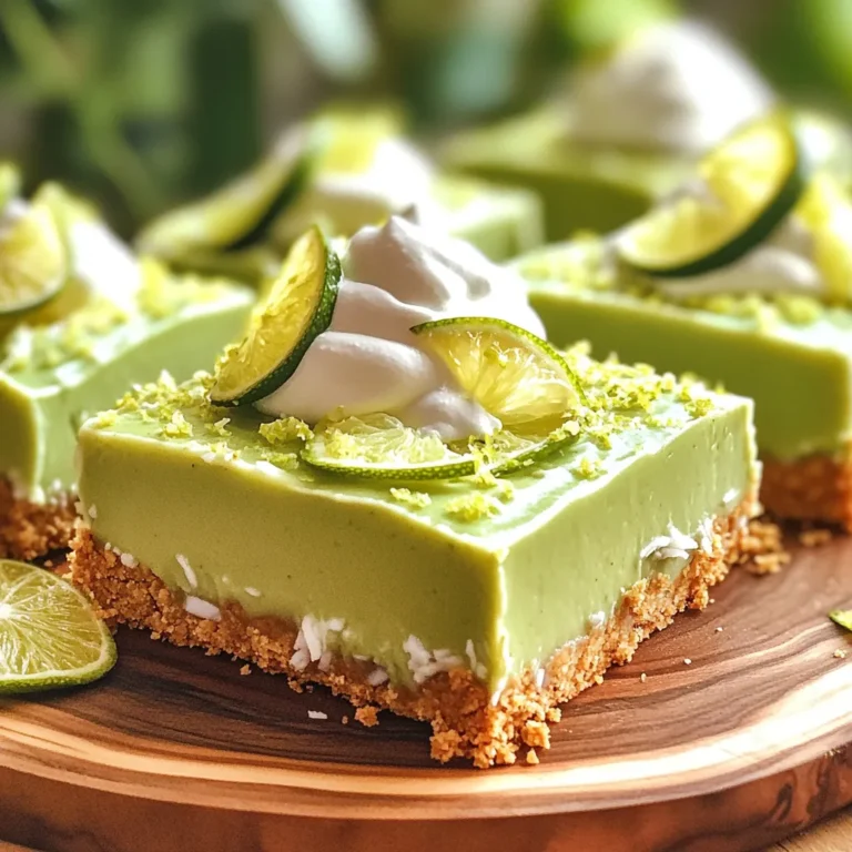 To make these bars, you need simple and fresh ingredients. Here’s what you will use: - 1 ½ cups graham cracker crumbs - ½ cup unsweetened shredded coconut - ½ cup unsalted butter, melted - 1 cup sweetened condensed milk - ½ cup fresh lime juice (about 4 limes) - Zest of 2 limes - 1 cup heavy cream - 2 tablespoons powdered sugar - Lime slices for garnish Each ingredient plays a key role in flavor and texture. The graham crackers form a crunchy base. The shredded coconut adds a nice chew. Fresh lime juice gives that bright, zesty flavor. The sweetened condensed milk adds creaminess. Finally, whipped cream lightens the filling. While the bars are tasty on their own, garnishes can make them even better. Here are some ideas: - Lime slices - Fresh lime zest - A dollop of whipped cream Adding these can enhance both the look and taste of your bars. They also bring a pop of color to your dessert. If you don’t have some ingredients, you can still make these bars. Here are some swaps: - Use crushed cookies instead of graham crackers for the crust. - Swap unsweetened coconut for sweetened coconut if you like it sweeter. - For vegan options, try coconut cream instead of heavy cream. - If you lack fresh limes, bottled lime juice works too, but fresh is best. These substitutions keep your recipe flexible. You can adapt it to what you have at home. To make the crust, first grab a bowl. Add 1 ½ cups of graham cracker crumbs and ½ cup of unsweetened shredded coconut. Mix them well. Then, pour in ½ cup of melted unsalted butter. Stir until all the crumbs get moist. Next, take an 8x8-inch square pan. Press the mixture into the bottom evenly. Use a flat-bottomed glass to pack it down tightly. This helps the crust hold together. Chill the pan in the fridge for 15 minutes. While the crust chills, let's make the lime filling. In a separate bowl, add 1 cup of sweetened condensed milk. Squeeze in ½ cup of fresh lime juice. This is about 4 limes. Don't forget to add the zest of 2 limes for extra flavor. Whisk these ingredients together until smooth. In another bowl, whip 1 cup of heavy cream with 2 tablespoons of powdered sugar. Beat until soft peaks form. This will make your filling light and fluffy. Now, gently fold the whipped cream into the lime mixture. Keep folding until no white streaks remain. Once the crust is ready, pour the lime filling over it. Use a spatula to spread it evenly across the crust. After that, place the pan back in the fridge. Let it chill for at least 4 hours or until it sets completely. When the bars are set, you can cut them into squares. Serve them cold, and add lime slices on top for garnish if you want. Enjoy your zesty no-bake key lime pie bars! To make perfect whipped cream, start with cold heavy cream. Cold cream whips better. Use a clean bowl and beaters to whip. This helps avoid any unwanted flavors. Whip until you see soft peaks. Soft peaks mean it's light and fluffy. Add powdered sugar to sweeten it. This sugar also helps it hold its shape. Don’t skip chilling the crust. This step helps it set well. If your bars are too soft, they need more chill time. Mixing the lime mixture too fast can add air. This will make it hard to fold in the cream. Always fold gently. This keeps the mixture light and airy. Avoid over-whipping the cream. Over-whipped cream can turn grainy and lose its fluffiness. Check the bars after four hours in the fridge. They should feel firm to the touch. If they jiggle, they need more time. Cut a small piece to test the set. If it holds its shape, it’s ready. The bars should slice cleanly without falling apart. For best results, serve them chilled. {{image_2}} You can change things up with other citrus fruits. Try using lemon or orange juice instead of lime juice. This swap gives a new taste to your bars. Lemon adds a sharp flavor, while orange brings a sweet touch. Mix and match with zest too for even more flavor. For a vegan or dairy-free version, switch the sweetened condensed milk. Use coconut cream instead. This keeps the bars creamy and adds a nice coconut flavor. Also, replace heavy cream with whipped coconut cream. You can find this at many stores or make it at home. Make your bars stand out with fun toppings. Instead of just lime slices, try adding berries or mint leaves. You can also sprinkle some toasted coconut on top. For a fancy touch, serve the bars on a colorful plate. Use small dessert cups for individual servings. This makes each bite special! To keep your No Bake Key Lime Pie Bars fresh, store them in the fridge. Use an airtight container for the best results. This will help keep the bars moist and firm. Be sure to place parchment paper between layers if you stack them. This prevents sticking and keeps the bars looking nice. You can freeze these bars for later enjoyment! Cut them into squares first. Wrap each square in plastic wrap. Then, place them in a freezer-safe bag or container. Make sure to label the bag with the date. They will taste great even after being frozen. In the fridge, these bars last about 5 to 7 days. If you freeze them, they can last up to 2 months. Just remember to thaw them in the fridge before eating. This keeps the texture nice and creamy. Enjoy your zesty treat whenever you want! Yes, you can use bottled lime juice. However, fresh lime juice gives a brighter taste. Fresh limes also add zest, which enhances flavor. If you use bottled juice, choose one with no added sugars. Fresh is always best for this recipe. To keep the crust crisp, make sure to press it firmly. Use a flat-bottomed glass to pack it down well. Chilling it for 15 minutes helps to set it before adding the filling. Ensure the filling is not too wet. Letting it cool helps, too. Yes, you can make these bars a day in advance. They taste better after chilling for a while. Just keep them covered in the fridge. This way, the flavors blend nicely, and they stay fresh. You can enjoy them anytime! This blog post covered how to make no-bake key lime pie bars. We explored key ingredients, along with options for garnishes and swaps. We also walked through step-by-step instructions, tips for whipped cream, and common mistakes to watch for. Variations added a fresh twist, while storage info helped you keep them longer. In summary, these bars are easy, tasty, and fun to share. You can now make them perfect for any occasion! Enjoy your baking!