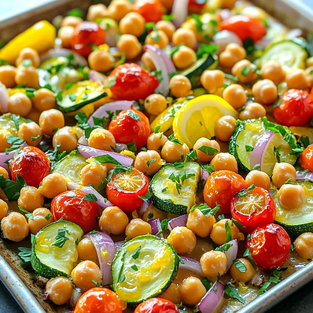 - Canned Chickpeas - Fresh Vegetables - Seasoning and Aromatics - Garnishing Components To create your Sheet-Pan Lemon Garlic Chickpea Dinner, you need a few key ingredients. Here’s what you will need: - Canned Chickpeas: Use two cans (15 oz each). Rinse and drain them well. Chickpeas add protein and texture. - Fresh Vegetables: Include one large zucchini, sliced into half-moons. Add one diced red bell pepper. Toss in a cup of halved cherry tomatoes. Also, chop one medium red onion into wedges. These veggies bring color and crunch. - Seasoning and Aromatics: You will need four cloves of garlic, minced. Grab one lemon, zested and juiced. For the spices, use three tablespoons of olive oil, one teaspoon of smoked paprika, and one teaspoon of ground cumin. Don’t forget salt and pepper to taste. These ingredients elevate the dish with flavor. - Garnishing Components: Fresh parsley or cilantro works great for garnishing. It adds a fresh touch and enhances presentation. These ingredients come together to create a dish that is both simple and packed with flavor. Each item plays a role in making this dinner a delightful experience. Preheat the Oven Set your oven to 425°F (220°C). This high heat helps to roast the veggies fast and brings out their natural sweetness. Mix the Chickpeas and Vegetables In a big bowl, add the drained chickpeas, zucchini, red bell pepper, cherry tomatoes, and red onion. Stir them gently to mix well. This step ensures every bite has a mix of flavors and textures. Combine Garlic, Lemon, and Spices In another bowl, whisk together the minced garlic, lemon zest, lemon juice, olive oil, smoked paprika, cumin, salt, and pepper. This blend will give your dish a bright and zesty flavor. Make sure it’s mixed well to coat all the veggies and chickpeas. Spread Mixture on Sheet Pan Take a large sheet pan and pour the chickpea and veggie mix onto it. Spread everything out in a single layer. This helps everything cook evenly and get that nice roasted color. Roasting Time and Method Put the sheet pan in the oven and roast for 25-30 minutes. Stir the mixture halfway through. This ensures all the veggies get that lovely caramelization. When done, the veggies should be tender and slightly golden. Let it cool for a few minutes before serving. - Spacing on Sheet Pan To cook well, spread the chickpeas and veggies evenly on the sheet pan. Each piece needs space. This helps them roast nicely without steaming. If they touch, they may not turn golden brown. - Tossing During Roasting Stir the mixture halfway through roasting. This step ensures all sides cook evenly. It helps the flavors mix better, too. Use a spatula and be gentle. You want everything to stay intact while mixing. - Substitutions for Spice Blends If you want to change the flavor, swap the spices. Try adding garlic powder or onion powder for a twist. Fresh herbs like thyme or rosemary can also brighten the dish. Use your favorite spices to make it your own. - Additional Garnishing Ideas Garnish with lemon slices for extra zest. A sprinkle of feta cheese adds creaminess. You can also use toasted nuts for crunch. Fresh herbs like cilantro or parsley boost color and taste. - Plating for Dinner Parties Serve the chickpea mix on a big platter. Drizzle with leftover lemon juice for shine. Add a sprinkle of fresh herbs on top. This makes it look festive and inviting. - Serving with Side Dishes Pair this dish with a light salad or crusty bread. Rice or quinoa also works great. They balance the flavors and make the meal filling. Enjoy mixing and matching to suit your taste! {{image_2}} You can make this dish heartier by adding protein. Try mixing in quinoa or tofu. - Adding Quinoa or Tofu: - Quinoa cooks fast and adds a nice nutty taste. - Tofu absorbs the lemon garlic flavor well. - Cook quinoa according to package directions. - Cube tofu and sauté before combining with chickpeas. - Incorporating Grains: - Bulgur or farro work great too. - They provide a chewy texture and extra fiber. - Cook grains and mix them in at the end. You can switch up the veggies based on what you have or like. - Using Seasonal Vegetables: - Feel free to add asparagus or carrots in spring. - Sweet potatoes or Brussels sprouts are great in fall. - Just cut them to size for even cooking. - Creative Alternatives: - Try adding leafy greens like kale or spinach. - They wilt nicely and add color. - You can also use cauliflower or broccoli for crunch. Change the taste with simple swaps or additions. - Mediterranean Twist Ideas: - Add olives or feta cheese for a salty kick. - Sprinkle fresh oregano or basil for a herby taste. - A splash of balsamic vinegar can deepen the flavor. - Spicy Variants: - Add red pepper flakes for heat. - Toss in jalapeños for a fresh kick. - You can also use curry powder for a warm spice blend. These variations let you customize your Sheet-Pan Lemon Garlic Chickpea Dinner. Enjoy making it your own! Store any leftovers in an airtight container. This keeps the food fresh. The dish lasts for about three days in the fridge. To enjoy it later, let it cool first. Then, cover it well to avoid drying out. You can freeze this dish too. Put the leftovers in a freezer-safe container. Make sure to leave some space for expansion. Seal it tightly and label it. It will stay good for about one month. To thaw, move it to the fridge overnight. When you're ready to eat, reheat it gently. Use a microwave-safe dish for quick heating. Cover it to keep moisture in. For the oven, set it to 350°F. Heat for about 15 minutes. Stir halfway through for even warming. Enjoy your meal just as good as the first time! This dish takes about 40 minutes to cook. You have 10 minutes for prep. The roasting time is 25-30 minutes in the oven at 425°F (220°C). Make sure to check the veggies; they should be tender and slightly caramelized. Yes, you can use dried chickpeas, but they need more work. Soak them overnight and cook them until tender. This can take about 1 to 2 hours. Make sure to drain and rinse them before using, just like canned ones. This dish goes well with rice, quinoa, or a fresh salad. You can also serve it with pita bread for an extra touch. The bright lemon flavor pairs nicely with many sides, adding to your meal. Absolutely! This recipe is great for meal prep. You can make a big batch and store leftovers in the fridge. It stays fresh for about 3-4 days in an airtight container. This recipe is already vegan! The ingredients include chickpeas and veggies, which are plant-based. You can enjoy this meal knowing it fits vegan diets perfectly. This blog post covered a simple and tasty recipe using canned chickpeas and fresh veggies. We explored each step, from mixing ingredients to baking. Tips for even cooking and flavor boosts can help your dish shine. You can also try different proteins and veggies to mix things up. For storage, I shared the best ways to keep your leftovers fresh. Enjoy experimenting with this dish, and feel free to share your tasty results!