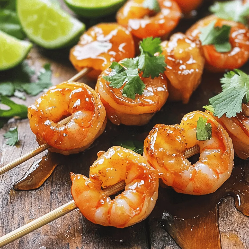 For this spicy dish, you need: - 1 pound large shrimp, peeled and deveined - 3 tablespoons honey - 3 tablespoons soy sauce - 2 tablespoons olive oil - 4 cloves garlic, minced - 1 teaspoon red pepper flakes (adjust to taste) - Juice of 1 lime - Salt and pepper to taste The shrimp are the main star here. Choose fresh or high-quality frozen shrimp. They should be large to hold up on the skewers. The marinade combines sweet, salty, and spicy flavors. Honey adds sweetness, while soy sauce gives depth. Olive oil keeps everything moist, and garlic brings a nice punch. Red pepper flakes add heat, and lime juice brightens the dish. Adjust the red pepper to match your spice level. For garnishing, you will need: - Fresh cilantro, chopped (for garnish) Cilantro adds a fresh touch. It brightens the dish and contrasts the rich marinade. Chopping it finely helps release its aroma. You can also try green onions or sesame seeds for a different flair. For skewers, you can use either: - Bamboo skewers (soak in water) - Metal skewers If using bamboo skewers, soak them in water for 10-15 minutes. This step prevents burning on the grill. Metal skewers are reusable and won’t catch fire. Aim for 4-5 shrimp per skewer, ensuring they fit well and cook evenly. First, gather your ingredients. You need honey, soy sauce, olive oil, garlic, red pepper flakes, lime juice, salt, and pepper. In a bowl, whisk together the honey, soy sauce, olive oil, minced garlic, red pepper flakes, lime juice, salt, and pepper. Mix well until combined. This is your marinade. Next, add the shrimp to the bowl. Make sure each shrimp is coated well. Cover the bowl with plastic wrap. Place it in the fridge for at least 30 minutes. You can marinate it for up to 2 hours for even more flavor. While the shrimp marinates, get your grill ready. Preheat your grill or grill pan over medium-high heat. If you use bamboo skewers, soak them in water for about 10-15 minutes. This helps prevent them from burning on the grill. Now, it's time to skewer the shrimp. Thread the marinated shrimp onto the skewers. Aim for about 4-5 shrimp per skewer, depending on their size. Once your skewers are ready, place them on the grill. Cook for about 2-3 minutes per side. The shrimp should turn pink and be cooked through. Baste with the remaining marinade while grilling. This adds extra flavor and keeps them juicy. After cooking, remove the skewers from the grill. Let them rest for a minute. Finally, garnish with chopped fresh cilantro before serving. Enjoy your spicy honey garlic shrimp skewers! You can make these shrimp skewers as spicy as you like. The red pepper flakes are the main heat source. Start with one teaspoon if you prefer less heat. If you love spice, add more! Taste the marinade before adding the shrimp. This way, you can adjust it to fit your taste. For perfectly cooked shrimp, grill them for about 2-3 minutes on each side. Look for that nice pink color. If they curl tightly, they might be overcooked. Keep an eye on them; overcooked shrimp can become tough. Skewering shrimp right helps them cook evenly. Use 4-5 shrimp per skewer. Make sure you thread them through the thickest part. This secures them and keeps them from spinning. If using bamboo skewers, soak them in water first. This prevents burning on the grill. {{image_2}} You can switch up the marinade for your shrimp skewers. Try adding some fresh herbs like basil or parsley. For a tangy twist, use orange juice instead of lime. You can also substitute maple syrup for honey if you want a different sweetness. Another option is to include some ginger for an extra kick. Mix and match these ingredients to find your favorite flavor. These shrimp skewers are fun to serve in many ways. Try them on a bed of rice or quinoa for a filling meal. You can also place them on a large platter with colorful veggies. Adding a side of creamy avocado dip can enhance the flavors too. For a lighter meal, serve them in lettuce wraps. This gives a fresh crunch and makes a great handheld option. Pair your spicy honey garlic shrimp with several dishes. Grilled corn on the cob adds a sweet touch to your meal. A fresh cucumber salad brings coolness that balances the heat. You can also serve them with garlic bread for a hearty side. For a more festive feel, add a fruit salsa with mango or pineapple. Each pairing enhances the shrimp's flavors and makes your meal exciting! If you have leftover shrimp skewers, refrigerate them right away. Place them in an airtight container. This keeps them fresh and tasty. They can last in the fridge for 2 to 3 days. Just make sure they cool down before sealing. You can freeze the cooked skewers for later. Wrap them tightly in plastic wrap or foil. Then, place them in a freezer bag. This way, they stay fresh up to 2 months. When you’re ready to eat, just thaw them in the fridge overnight. To reheat the skewers, use an oven or stovetop. If using an oven, preheat it to 350°F. Place the skewers on a baking sheet for about 10 minutes. If using a skillet, heat it on medium. Add a little oil and cook the skewers for 3 to 5 minutes. This warms them up well without overcooking. Enjoy your flavors again! You should marinate the shrimp for at least 30 minutes. This helps the shrimp soak up all the tasty flavors. If you have more time, let them sit for up to 2 hours. A longer marinating time gives a deeper flavor. Just remember to keep them in the fridge while they marinate. Yes, you can use frozen shrimp. Just make sure to thaw them first. You can do this by placing them in cold water for about 15-20 minutes. Once thawed, peel and devein them if needed. Then, dry them well with a paper towel before marinating. This helps the marinade stick better. There are many great side dishes to pair with spicy honey garlic shrimp skewers. Here are a few ideas: - Rice: White rice or jasmine rice works well. - Salad: A fresh, green salad adds crunch. - Grilled Veggies: Bell peppers, zucchini, and corn complement the shrimp. - Noodles: Simple stir-fried noodles can balance the flavors. - Guacamole: Creamy guacamole adds a nice cool touch. Pick any of these sides to make your meal complete! In this article, I covered key steps for making shrimp skewers. We explored the marinade, seasoning, and skewer prep. I provided clear, step-by-step cooking instructions. You learned tips for spice levels and cooking times, as well as tasty variations. Plus, I shared storage options for leftovers and common questions. Now you can confidently make flavorful shrimp skewers for any meal. Enjoy experimenting and sharing them with friends and family. Happy cooking!