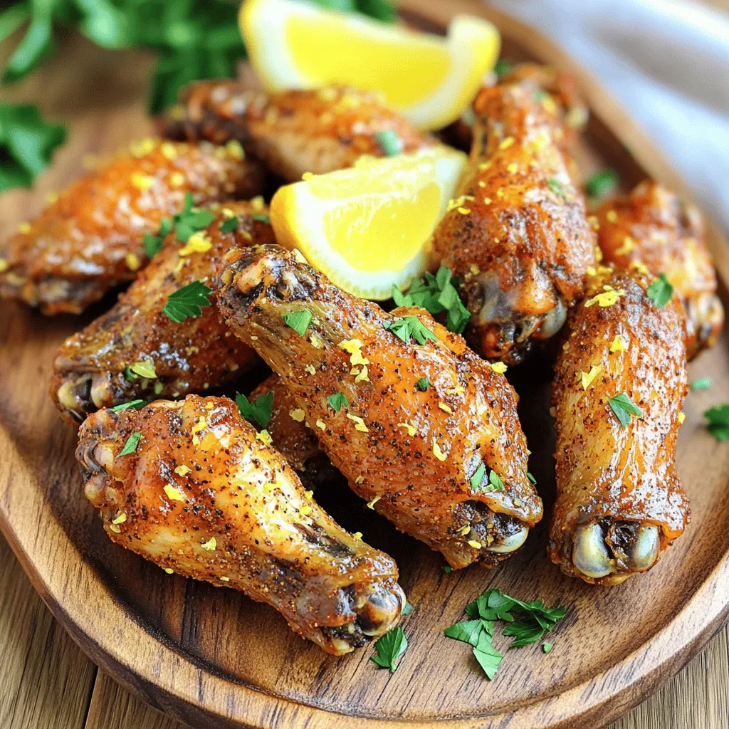 - 2 lbs chicken wings, cleaned and pat dry - 2 tablespoons olive oil - 2 tablespoons lemon pepper seasoning The main stars of this dish are chicken wings, which I always choose for their flavor and texture. I rinse them well and pat them dry to get rid of extra moisture. This helps the wings become crispy in the air fryer. Next, I add olive oil. It keeps the wings moist and helps the seasonings stick well. Finally, lemon pepper seasoning gives the wings a zesty kick. - 1 teaspoon garlic powder - 1 teaspoon onion powder - 1 teaspoon smoked paprika - Salt to taste These seasonings add layers of flavor to the wings. Garlic and onion powders bring depth, while smoked paprika adds a subtle smokiness. I sprinkle salt to enhance all the flavors and make them pop. You can adjust these seasonings based on your taste. - Fresh lemon wedges - Chopped parsley To finish the dish, I use fresh lemon wedges. They add brightness and can be squeezed over the wings. Chopped parsley gives a nice pop of color and freshness. It makes the dish look appealing and inviting. First, you need to clean and dry the chicken wings. Rinse them under cold water and pat them dry with paper towels. This step helps to remove any excess moisture. Dry wings will crisp up better in the air fryer. Next, mix the ingredients in a bowl. In a large mixing bowl, add the chicken wings. Pour in the olive oil, lemon pepper seasoning, garlic powder, onion powder, smoked paprika, and salt. Toss everything together. Make sure the wings are evenly coated with the mix. This will give them a great flavor. Now, preheat your air fryer. Set it to 400°F (200°C) and let it warm up for about 5 minutes. This step ensures the wings cook evenly. After preheating, arrange the wings in the basket. Place the seasoned chicken wings in a single layer. Be careful not to overcrowd the basket. If needed, you can cook them in batches. For the air frying duration and temperature, cook the wings at 400°F (200°C) for 25 to 30 minutes. This will make them nice and crispy. Make sure to flip the wings halfway through. This helps them cook evenly on both sides. Use tongs to turn them gently. Once they are golden brown, they are ready to enjoy! To get crispy wings, do not overcrowd the basket. If you add too many wings, they will steam instead of fry. Cook in batches if needed. Each wing should have space to breathe. This helps them crisp up nicely. If you like them extra crispy, adjust the cook time. Try adding a few more minutes to the timer. Just keep an eye on them to avoid burning. Want to boost the flavor? You can add other spices or marinades. Try cayenne pepper for heat or honey for sweetness. You can even mix in some soy sauce for a savory twist. Adjust the lemon pepper seasoning to suit your taste. If you want a zesty kick, add more lemon zest. Experiment with flavors until you find your perfect blend. For side dishes, think about fresh veggies or a light salad. Celery sticks and carrot sticks pair well. If you want something warm, serve with garlic bread or rice. For garnish, use fresh lemon wedges and chopped parsley. They add color and freshness to your plate. You can also try serving with a tangy dipping sauce for extra flavor. Enjoy your meal with friends or family! {{image_2}} You can add some fun to your lemon pepper wings. Here are two great ideas: - Spicy lemon pepper wings: Add some heat with cayenne pepper or chili powder. Mix it into your seasoning blend. This gives a nice kick. - Honey lemon pepper wings: Drizzle honey over the wings before cooking. This adds a sweet touch that pairs well with the lemon. If you want to try new methods, here are two options: - Oven-baked lemon pepper wings: Preheat your oven to 425°F (220°C). Spread the wings on a baking sheet. Bake for about 30-35 minutes. Flip them halfway for even crispiness. - Grilled lemon pepper wings: Marinate your wings in lemon pepper seasoning. Grill them over medium heat for 20-25 minutes. This gives a smoky flavor that is hard to resist. You can easily tweak the recipe to fit your needs: - Gluten-free options: Ensure your lemon pepper seasoning is gluten-free. Most brands are, but check the label to be sure. - Low-sodium alternatives: Use salt-free lemon pepper seasoning. This helps reduce sodium while keeping the flavor strong. When you have leftover lemon pepper wings, store them in proper containers. Use airtight containers to keep them fresh. You can also wrap them in plastic wrap. Store the wings in the fridge for up to three days. This way, they stay tasty and safe to eat. To freeze lemon pepper wings, let them cool first. Place the wings in a single layer on a baking sheet. Freeze them for a couple of hours. Once frozen, transfer them to a freezer bag. Remove as much air as you can. They will last for up to three months. When ready to eat, thaw them overnight in the fridge. For reheating, the best method is to use the air fryer again. Preheat it to 375°F (190°C). Place the wings in the basket in a single layer. Reheat for about 10 minutes. Flip them halfway for even crispiness. You can also use an oven if you prefer. Just remember, reheating in the air fryer keeps them crispy and delicious. Yes, you can use frozen chicken wings. First, thaw them in the fridge overnight. If you're short on time, place them in a sealed bag and submerge them in cold water for about an hour. Once thawed, dry them well with paper towels. This step is key to getting crispy wings. You may need to add a few extra minutes to the cooking time. Check the wings at 30 minutes to ensure they are fully cooked and crispy. To store leftover wings, place them in an airtight container. Make sure they are cool before sealing. Store them in the fridge for up to three days. If you want to keep them longer, freeze them. Use freezer bags or containers. They can last up to three months in the freezer. When you want to eat them, thaw in the fridge. Reheat them in the air fryer to keep them crispy. Lemon pepper wings pair well with many sides. Here are some ideas: - Celery sticks and carrot sticks - Ranch or blue cheese dressing for dipping - French fries or sweet potato fries - A fresh salad with lemon vinaigrette - Garlic bread or toasted rolls These sides will add variety and balance to your meal. Enjoy experimenting with different combinations! In this post, we explored how to make delicious air fryer lemon pepper wings. We covered the main ingredients like chicken wings and lemon pepper seasoning. I shared step-by-step instructions for preparation and cooking. Tips on achieving crispiness and flavor variations added extra value. These wings are simple to make and delightfully tasty. Try out the recipe, test different flavors, and enjoy your meal! Cooking can be fun and rewarding when you know what to do.