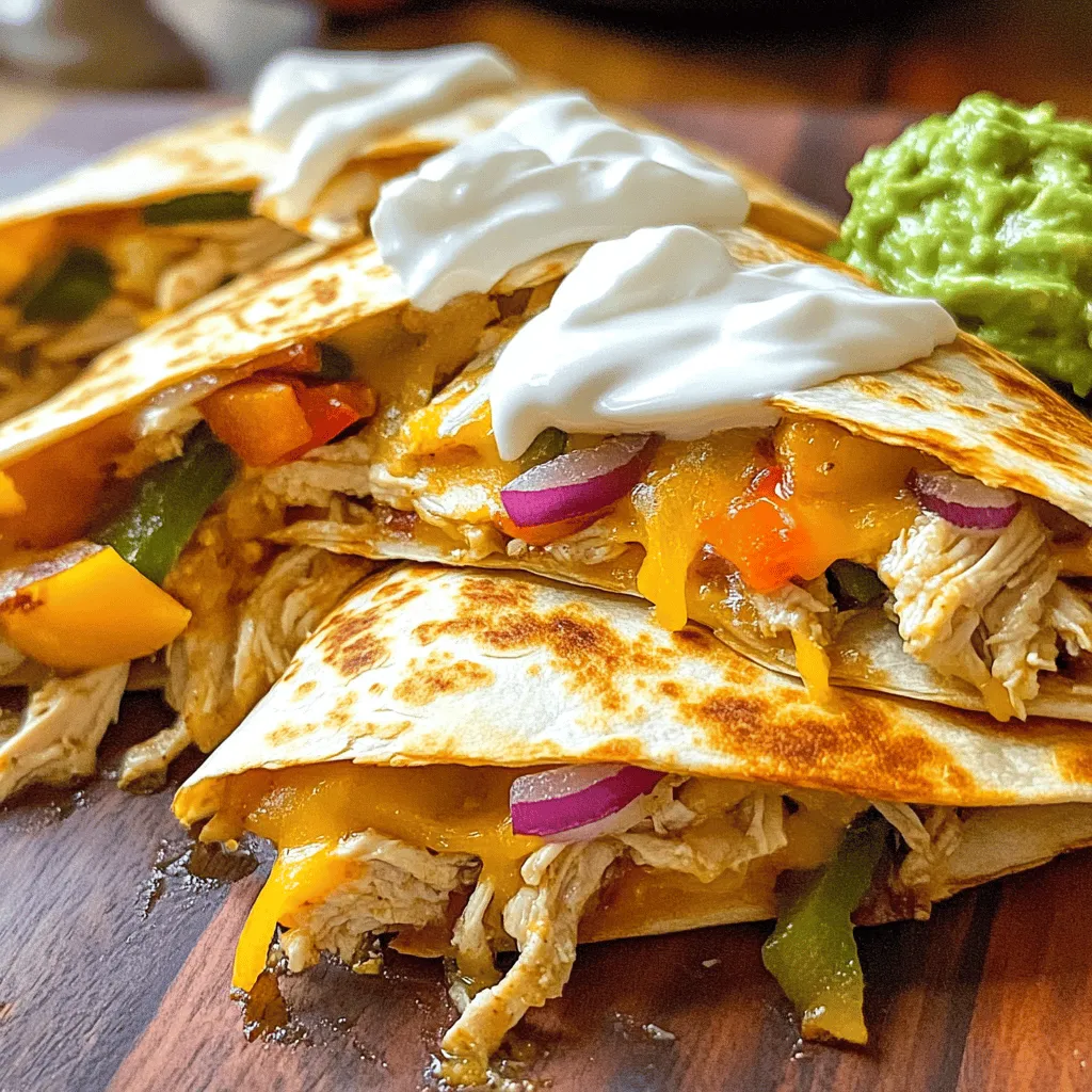 - 2 cups cooked shredded chicken - 1 cup shredded Monterey Jack cheese - 1 cup shredded cheddar cheese - 1-2 tablespoons chipotle peppers in adobo sauce - Sour cream for dipping - Guacamole for dipping - 1 teaspoon garlic powder - 1 teaspoon smoked paprika - Salt to taste - Pepper to taste The main ingredients form the base of your quesadillas. Cooked shredded chicken gives it a hearty texture. I prefer rotisserie chicken for ease. The melted Monterey Jack and cheddar cheeses create that gooey goodness we crave. You can add chipotle peppers in adobo sauce for a smoky kick. Adjust the amount based on your spice tolerance. Sour cream and guacamole are great for dipping. They add creaminess that balances the heat. Spices like garlic powder and smoked paprika enhance the flavors. Salt and pepper round out the dish. A pinch of each makes a big difference. When you gather these ingredients, you set yourself up for success. Each element plays a role in making smoky chipotle chicken quesadillas a flavorful treat. In a large bowl, I mix the cooked shredded chicken with spices. I add minced chipotle peppers, garlic powder, smoked paprika, salt, and pepper. I stir well to coat the chicken evenly. The chipotle adds a smoky flavor that makes this dish exciting. Next, I heat olive oil in a skillet over medium heat. I toss in chopped red onion and sliced bell pepper. I sauté these for about five minutes. The goal is to soften the veggies and get a nice caramel color. This step adds sweetness and depth to the quesadillas. I heat a clean skillet over medium heat again. I place one tortilla in the skillet and spread a generous portion of the chicken and veggie filling on one half. I fold the tortilla to create a half-moon shape. I cook it for three to four minutes on each side. I want the tortilla crispy and golden, and the cheese melted. I repeat this for the remaining tortillas. Once done, I slice them into wedges and serve them hot. You can use rotisserie chicken for ease. It’s cooked and tender. Just shred it and mix it with spices. If you prefer homemade, poach chicken breasts. Shred them once they cool. Both options work well and taste great. Crispy tortillas make a big difference. Use medium heat when cooking. Don’t rush it. Cook each side for about 3-4 minutes. Press down gently with a spatula to ensure even crisping. Use a bit of olive oil in the pan for flavor. To make your quesadillas even better, add fresh herbs. Cilantro adds a nice touch. You can also try cumin for an extra kick. Experiment with spices to find your favorite blend. Every tweak brings new flavors to your plate. {{image_2}} You can change the chicken for beef or turkey. Ground beef works well when cooked and seasoned. Shredded beef, like brisket, adds rich flavor. For a vegetarian option, use black beans or mushrooms. They give a nice texture and taste. If you want to switch up the cheese, try pepper jack for added spice. Mozzarella gives a nice stretch, while feta can add a tangy twist. Experimenting with different cheeses can create unique quesadillas. To control the heat, add fewer chipotle peppers. For a milder taste, use just one pepper. You can also mix in diced jalapeños for fresh heat. If you love spice, increase the peppers or add hot sauce. This lets you customize the quesadilla to your liking. To store leftover quesadillas, let them cool first. Wrap them in plastic wrap or foil. Place them in an airtight container. They stay fresh for up to three days in the fridge. The best way to reheat quesadillas is in a skillet. Heat the skillet on medium. Add a little oil to prevent sticking. Place the quesadilla in the skillet and heat for about three minutes on each side. You can also use a microwave. However, this may make the tortilla a bit soggy. You can freeze quesadillas for later. Wrap them tightly in plastic wrap. Then, place them in a freezer bag or container. They last up to three months in the freezer. To thaw, move them to the fridge overnight. Reheat them in a skillet or microwave as mentioned above. This keeps their flavor and texture intact. Yes, you can use corn tortillas instead of flour. Corn tortillas add a nice texture. They can provide a slightly different flavor, which many enjoy. Just make sure to warm them up first. Heating helps them become more pliable. This makes it easier to fold your quesadilla without breaking. If you don’t have chipotle peppers, try smoked paprika. It gives a nice smoky flavor too. You can also use regular chili powder for some heat. Add a dash of liquid smoke for an extra smoky taste. If you prefer milder flavors, use sweet paprika or roasted red peppers. Adjust according to your taste. Check for a golden brown color on each side. The cheese should be melted and gooey. You’ll also hear a slight crunch when you cut into them. Let them rest for a minute before slicing. This helps the cheese set a bit, making them easier to eat. In this blog post, we covered how to make delicious quesadillas with simple steps. We started with selecting key ingredients like cooked chicken, Monterey Jack cheese, and spices. Then, I shared tips for cooking, assembling, and storing your quesadillas. If you want to switch it up, I discussed options for proteins and spices. Enjoying these cheesy delights at home is easy. Keep experimenting with flavors and don’t hesitate to adjust to your taste. You’ll soon become the quesadilla expert in your kitchen.