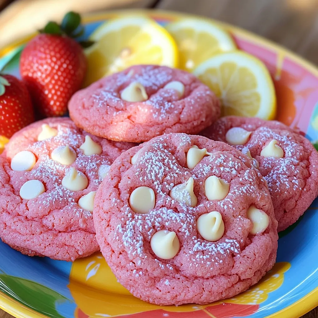 - 1 box strawberry cake mix - 1/2 cup vegetable oil - 2 large eggs - 1 tablespoon lemon juice - Zest of 1 lemon - 1/2 cup white chocolate chips (or lemon chips) - 1/4 cup powdered sugar (for dusting) - Pinch of salt This simple recipe uses a few easy ingredients. You’ll love how quick they come together. First, the star of our show is the strawberry cake mix. It gives our cookies a sweet berry flavor. Next, you need vegetable oil. This helps keep the cookies moist and chewy. Two large eggs add structure and richness to the dough. Don’t forget the lemon juice and zest! They bring a zesty brightness that pairs well with strawberries. For a sweet touch, we add white chocolate chips or lemon chips. They melt perfectly into the cookies. Finally, a pinch of salt balances the sweetness. We dust the cookies with powdered sugar after baking for a lovely finish. Each ingredient plays an important role. They help create soft, colorful cookies that taste like summer. With this list, you can whip up a batch in no time! First, set your oven to 350°F (175°C). This temperature helps the cookies bake perfectly. Next, take a baking sheet and line it with parchment paper. This helps prevent sticking and makes cleanup easy. In a large bowl, combine 1/2 cup of vegetable oil, 2 large eggs, 1 tablespoon of lemon juice, and the zest of 1 lemon. Whisk these together until smooth. This is where the flavor starts to shine! Now, take 1 box of strawberry cake mix and gradually add it to the wet mix. Stir gently until everything is combined and no dry mix remains. Then, fold in 1/2 cup of white chocolate chips or lemon chips. This step adds a sweet touch to your cookies. Scoop dough balls onto the prepared baking sheet. Make sure to space them about 2 inches apart. This allows room for spreading. Bake the cookies for 10 to 12 minutes. Look for lightly golden edges. Remember, they continue to cook after you take them out! After baking, let the cookies cool on the sheet for a few minutes. Then, transfer them to a wire rack to cool completely. Once cool, lightly dust the cookies with 1/4 cup of powdered sugar. This gives them a lovely finish and adds a sweet touch. To make your cookies just right, avoid overbaking. Bake them until the edges turn light golden. They might look soft in the center, but they will firm up as they cool. Check them at 10 minutes. If you see golden edges, they are ready. Ensuring even dough distribution is key. Use a cookie scoop for uniform size. Leave about 2 inches between each dough ball. This space allows them to spread without sticking together. If you want to switch up the chocolate chips, try using lemon chips or even white chocolate chips. Both options add a sweet touch that pairs well with the lemon flavor. For lemon zest and juice, you can use bottled lemon juice if you don’t have fresh. Just remember, fresh zest gives the best flavor. If you lack lemon zest, try using a bit of lime zest for a fun twist. Make your cookies pop by arranging them on a colorful plate. You can stack them in a fun way or place them side by side. Garnishing with fresh strawberries and lemon slices adds a nice touch. This not only looks great but also hints at the flavors in the cookies. {{image_2}} You can switch the flavor of these cookies by using different cake mixes. Try lemon or vanilla cake mix for a new twist. Each mix brings its own taste. You can also add nuts like walnuts or pecans for crunch. Dried fruit like cranberries or raisins adds sweetness. These small changes can make a big difference in taste. If you need gluten-free cookies, use gluten-free cake mix. This option works well without changing the taste much. For a vegan version, swap the eggs with flaxseed meal or applesauce. Use a plant-based oil, like coconut oil, instead of vegetable oil. These swaps keep the cookies tasty and friendly for different diets. You can make these cookies special for holidays. For Valentine's Day, add red food coloring to the dough. Shape the cookies into hearts for fun. For Christmas, mix in some peppermint chips. You can even sprinkle colored sugar on top. Think of the season and let your creativity shine! To keep your strawberry lemonade cake mix cookies fresh, you have a couple of options. You can store them at room temperature or in the fridge. - Room Temperature: Place the cookies in an airtight container. They stay soft and tasty for up to one week. Add a slice of bread to help keep them moist. - Refrigerated: If you prefer, put them in the fridge for longer freshness. Just remember to wrap them well so they don’t dry out. Cookies can last about two weeks this way. You can freeze these cookies if you want to save some for later. You can freeze both the raw dough and the baked cookies. - Freezing Raw Dough: Scoop the dough into balls and place them on a baking sheet. Freeze until hard, then transfer to a bag. This way, you can bake fresh cookies anytime! - Baked Cookies: Let the cookies cool completely. Then, place them in a freezer-safe bag. They will stay fresh for about three months. - Thawing Tips: To thaw raw dough, leave it in the fridge overnight. For baked cookies, just let them sit at room temperature for about 30 minutes. Enjoy your sweet treats anytime! How do I ensure my cookies are soft? To keep your cookies soft, do not overbake them. Bake until the edges turn light brown. Let them cool on the pan for a few minutes before moving them to a wire rack. This helps maintain their soft texture. Can I use regular flour instead of cake mix? No, using regular flour will change the cookie’s texture. Cake mix contains sugar and leavening agents, making these cookies soft and chewy. Stick with strawberry cake mix for the best results. What can I do if my dough is too sticky? If your dough is too sticky, chill it in the fridge for 15 to 30 minutes. This helps it firm up and makes it easier to scoop. You can also sprinkle a little flour on your hands when shaping the cookies. How long do these cookies last? These cookies can last up to one week at room temperature if stored in an airtight container. For best flavor, eat them within 3 to 5 days. Can I make mini cookies with this recipe? Yes, you can make mini cookies! Just use a smaller scoop. Keep an eye on the baking time, as they will bake faster than regular-sized cookies. Check them after 8-10 minutes for best results. This blog post covered how to make delicious strawberry lemonade cookies from cake mix. We explored the ingredients, mixing techniques, baking steps, and creative ideas. Remember, perfect cookies come from careful baking and smart adjustments. You can even try different flavors or dietary swaps. Follow the storage tips to keep them fresh. Enjoy these cookies at your next gathering, or simply treat yourself! Baking is fun, and these cookies will impress everyone.