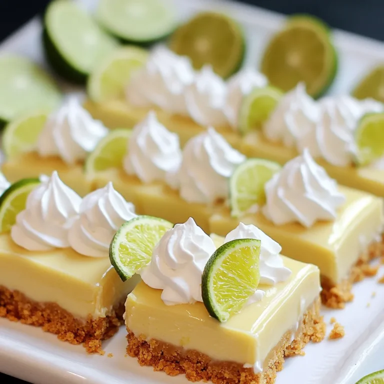 To make these delicious bars, you need some key ingredients. Here’s a simple list: - 1 ½ cups graham cracker crumbs - ½ cup unsalted butter, melted - 1 tablespoon sugar - 1 can (14 oz) sweetened condensed milk - ½ cup fresh key lime juice (about 5-6 limes) - Zest of 2 key limes - 1 teaspoon vanilla extract - 1 cup heavy whipping cream - 2 tablespoons powdered sugar These ingredients create a smooth and creamy filling with a crunchy crust. The fresh key lime juice gives it that bright, zesty flavor we all love. While the bars taste amazing on their own, you can make them even better with a few garnishes. Here are some fun options: - Key lime slices - Whipped cream These toppings add a nice touch and make your dessert look pretty. Plus, they enhance the tart flavor. If you don’t have all the ingredients, don’t worry! Here are a few swaps you can try: - Use regular lime juice if you can’t find key limes. - Swap melted butter with coconut oil for a different flavor. - Substitute heavy cream with coconut cream for a dairy-free option. These substitutions can still keep the taste close to the original while giving you a chance to try something new. Cooking is all about creativity! To start, gather your ingredients. You need graham cracker crumbs, melted butter, and sugar. In a medium bowl, mix the crumbs, butter, and sugar. Keep mixing until it looks like wet sand. This is your crust. Next, take a 9x9-inch baking dish. Pour the crust mix into it. Press it down firmly. Use the back of a measuring cup for a smooth layer. Now, let’s make the filling. Take a large bowl and add sweetened condensed milk. Squeeze in fresh key lime juice. You need about 5-6 limes for half a cup. Add the zest of 2 limes and vanilla extract. Whisk this mix until it's smooth and creamy. In another bowl, whip the heavy cream with a mixer. Beat it until soft peaks form. Gradually add powdered sugar and keep whipping until the peaks are stiff. Gently fold the whipped cream into the key lime mixture. Make sure there are no streaks left. Now, pour this filling over the crust. Spread it evenly. Cover the dish with plastic wrap. Place it in the fridge for at least 4 hours. This helps the bars set. Once they are firm, slice them into squares. If you like, top each square with key lime slices and a dollop of whipped cream. Enjoy your refreshing dessert! To create a great graham cracker crust, you need the right texture. Start with 1 ½ cups of graham cracker crumbs. Mix this with ½ cup of melted unsalted butter and 1 tablespoon of sugar. The mix should feel like wet sand. Press it firmly into a 9x9-inch baking dish. Using the back of a measuring cup helps make it smooth. You want a crust that holds up well. Allow it to chill while you prepare the filling. For the best filling, use a large mixing bowl. Combine one 14 oz can of sweetened condensed milk with ½ cup of fresh key lime juice. Add the zest of 2 key limes and 1 teaspoon of vanilla extract. Whisk these ingredients until smooth. The key is to blend well but not overmix. In another bowl, whip 1 cup of heavy cream until soft peaks form. Gradually add 2 tablespoons of powdered sugar. Then, whip until stiff peaks form. Gently fold the whipped cream into the key lime mixture. This will create a light and airy filling. When ready to serve, slice the chilled bars into squares. For a fun touch, garnish with key lime slices and a dollop of whipped cream. Arrange the bars on a platter, with lime slices around the edges. This adds color and makes it look inviting. These bars are perfect for summer gatherings or any celebration. Enjoy the refreshing taste and share with friends! {{image_2}} You can switch up the flavor by using other citrus fruits. Try lemon or orange juice for a different taste. Each option brings its own unique twist. Lemon gives a bright zing, while orange adds a sweet note. Feel free to mix and match to find your favorite. If you want a dairy-free version, there are great options. Use coconut cream instead of heavy cream for a rich texture. Substitute sweetened condensed milk with coconut condensed milk. This keeps the bars creamy and adds a hint of coconut flavor. Get creative with add-ins and enhance the flavor! You can mix in some shredded coconut for texture. Add a handful of crushed mint leaves for a fresh twist. Another great idea is to fold in some crushed berries for a fruity surprise. These tweaks make the bars even more fun and tasty! To keep your No-Bake Key Lime Pie Bars fresh, store them in the fridge. Place them in an airtight container. This helps to prevent them from absorbing any odors from the fridge. If you make a large batch, slice the bars before storing. This way, it’s easy to grab a piece when you want one. You can keep these bars in the fridge for up to five days. Make sure to check for any signs of spoilage. If you notice any changes, it’s best to toss them out. If you want to store them longer, freezing is a great option. To freeze your No-Bake Key Lime Pie Bars, follow these steps: - Wrap each slice: Use plastic wrap to cover each bar tightly. - Place in a container: Put the wrapped bars in a freezer-safe container. - Label and date: Write the date on the container so you know when you froze them. You can freeze the bars for up to two months. When you are ready to eat them, take them out of the freezer. Let them thaw in the fridge for a few hours. This keeps them nice and creamy. Enjoy your delicious treat whenever you like! Yes, you can use bottled key lime juice. It saves time and adds flavor. However, fresh juice gives the best taste. Fresh key lime juice is more vibrant and tart. If you want pure flavor, go for fresh limes. You can tell the bars are set when they are firm to the touch. After chilling for at least four hours, check the edges. If they feel solid, the bars are ready. You can also insert a knife; it should come out clean. Absolutely! These bars are great for making in advance. You can prepare them up to two days ahead. Just store them in the fridge until you are ready to serve. This makes them perfect for parties or gatherings. No-bake key lime pie bars are simple and delicious. We discussed essential ingredients, tips for the perfect crust, and how to make a creamy filling. You can switch up the flavors or add cool toppings to fit your taste. Proper storage keeps these treats fresh longer. Remember, using fresh key lime juice makes a big difference. Enjoy making these easy bars, and share them with friends for smiles all around!