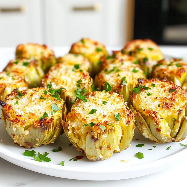 - 1 can (14 oz) artichoke hearts, drained and rinsed - 2 tablespoons olive oil - 3 cloves garlic, minced - 1 teaspoon lemon juice - 1/2 teaspoon salt - 1/4 teaspoon black pepper - 1/2 cup grated Parmesan cheese - 1 teaspoon dried oregano - Optional: Fresh parsley for garnish To make Air Fryer Garlic Parmesan Artichoke Hearts, gather your ingredients. Start with a can of artichoke hearts. I like to use the 14-ounce size for the right serving amount. Drain and rinse them well. This helps reduce the canned taste. Next, grab your olive oil. You need two tablespoons. This oil adds flavor and helps the cheese stick. Then, mince three cloves of garlic. Fresh garlic gives a strong taste that enhances the dish. You will also need a teaspoon of lemon juice. This adds brightness to the artichokes. Don’t forget your seasoning! A half teaspoon of salt and a quarter teaspoon of black pepper will bring balance to the flavors. For that cheesy goodness, use half a cup of grated Parmesan cheese. The cheese will melt and create a lovely crust. You’ll also need a teaspoon of dried oregano for a hint of earthiness. Lastly, if you want, get some fresh parsley for garnish. It adds a nice pop of color to your dish. With these ingredients, you are ready to create a delicious snack or appetizer that everyone will love! Mixing the Artichoke Hearts Start by opening a can of artichoke hearts. Drain and rinse them well. Place them in a large mixing bowl. This step removes excess salt and preserves the flavor. Adding Seasonings and Cheese Next, pour in 2 tablespoons of olive oil. Add 3 cloves of minced garlic. Then, squeeze in 1 teaspoon of fresh lemon juice. Season with 1/2 teaspoon of salt and 1/4 teaspoon of black pepper. Gently toss the artichokes to coat them in the mixture. After that, sprinkle 1/2 cup of grated Parmesan cheese and 1 teaspoon of dried oregano. Toss again until every heart is coated. Preheating the Air Fryer Now, preheat your air fryer to 375°F (190°C). This takes about 3-5 minutes. Preheating helps to ensure even cooking. Air Frying the Artichoke Hearts Once the air fryer is ready, place the coated artichoke hearts in a single layer in the basket. Don't overcrowd them; you may need to do this in batches. Shaking the Basket for Even Cooking Cook the artichokes for 10-12 minutes. Halfway through, shake the basket gently. This helps them cook evenly and become crispy. Presentation Tips After cooking, carefully remove the artichokes from the air fryer. Place them on a serving platter. You can arrange them in a circle for a pretty display. Garnishing Options For a pop of color, add fresh parsley on top. It makes the dish look vibrant and inviting! Enjoy your crispy, cheesy artichoke hearts! Size and Capacity Considerations When choosing an air fryer, think about how much food you want to cook. A small model works for one or two people. For families, a larger model is best. Always check the basket size. It should fit your artichoke hearts in a single layer for even cooking. Features to Look For Look for an air fryer with adjustable temperature settings. This gives you control over the cooking process. A timer is also helpful. It helps you avoid overcooking your artichokes. Some models have pre-set functions, which can make cooking easier. Alternatives for Parmesan Cheese If you want to change the cheese, try using nutritional yeast. It gives a similar cheesy flavor and is vegan. You can also use pecorino cheese for a different taste. Just remember, it may change the overall flavor a bit. Substituting Fresh Ingredients You can swap fresh garlic for garlic powder if needed. Use 1/4 teaspoon for each clove. If you don’t have lemon juice, try vinegar. A splash of apple cider vinegar works well. Adjust the amount to your taste. Common Mistakes to Avoid Don't overcrowd the basket. This can lead to soggy artichokes. Make sure they are in a single layer for crispiness. Also, avoid adding too much oil. Just enough to coat the artichokes will do. Ideal Cooking Times Cook your artichokes for 10-12 minutes at 375°F (190°C). Shake the basket halfway through to ensure even cooking. If they aren’t crispy enough, add a couple more minutes. Just keep an eye on them to prevent burning. {{image_2}} Adding herbs and spices can change the dish. For a fresh twist, try basil or thyme. You can also add a pinch of red pepper flakes for heat. These small changes give a new taste every time. Cheese plays a big role too. If you want a stronger flavor, try sharp cheddar or goat cheese. Mixing different cheeses can make your dish unique. Experimenting with flavors keeps the dish exciting. Dips make a great addition. Pair the artichoke hearts with ranch or yogurt dip. You can also try a spicy aioli for a kick. These dips add a fun element to the meal. As a side dish, these artichoke hearts shine. They go well with grilled chicken or fish. You can also serve them with a fresh salad. The artichokes add flavor and crunch to any plate. You can bake these artichoke hearts in the oven too. Preheat the oven to 400°F (200°C). Spread the artichokes on a baking sheet and bake for 15-20 minutes. This method gives a nice golden color and crisp texture. Stovetop preparation is also an option. Heat a pan over medium heat and add olive oil. Cook the seasoned artichokes for about 10 minutes, stirring often. This method keeps them juicy and flavorful. Refrigeration Tips If you have leftovers, store them in an airtight container. Make sure they cool first. This helps keep their crispness. They will last for 3 to 4 days in the fridge. Freezing Options You can freeze the artichoke hearts if you want to save them longer. Place them in a freezer-safe bag. Try to remove as much air as possible. They stay good for about 2 months in the freezer. Best Methods for Crispness To reheat, use the air fryer for best results. Set it to 375°F (190°C). This keeps them crispy. You can also use an oven if needed. Time Guidelines Reheat for about 5 to 7 minutes in the air fryer. Check them halfway to see if they are warm. If you use the oven, it may take a bit longer. How Long Do They Last? In the fridge, artichoke hearts last about 3 to 4 days. If frozen, they can last for 2 months. Signs of Spoilage If they smell sour or look discolored, throw them out. Don't eat food that seems off. Always trust your senses for safety. Artichoke hearts come from the artichoke plant. They are tender, edible parts found inside the flower bud. Artichoke hearts are rich in nutrients. They are low in calories and high in fiber. They also contain vitamins C and K. I like to select canned artichoke hearts for this recipe. They are easy and ready to use. Fresh artichoke hearts require more prep time but offer great flavor. Yes, you can use frozen artichoke hearts. Just remember to thaw them first. You can thaw them overnight in the fridge or use a microwave. If you use frozen artichoke hearts, adjust your cooking time. Cook them a bit longer for best results. This helps ensure they get crispy and golden. These artichoke hearts make a fantastic appetizer. Serve them with a dipping sauce, like ranch or aioli. They also pair well with wine or cocktails. For a snack, enjoy them with fresh veggies or crackers. You can sprinkle fresh parsley on top for a pretty touch. In this post, we covered how to make tasty air fryer garlic Parmesan artichoke hearts. You learned about the key ingredients and step-by-step cooking instructions. We also shared tips for choosing the right air fryer and achieving crispiness. Don't forget about flavor variations that can enhance your dish! In closing, cooking with artichokes can be fun and rewarding. Experiment with flavors, enjoy your meals, and share this recipe with friends. Happy cooking!