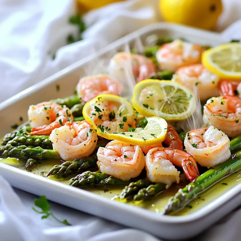 - 1 pound large shrimp, peeled and deveined - 1 bunch asparagus, trimmed - 3 tablespoons olive oil - 2 lemons (1 for juice, 1 sliced) - 3 cloves garlic, minced - 1 teaspoon dried oregano - 1 teaspoon dried thyme - 1 teaspoon smoked paprika - Salt and pepper to taste - Fresh parsley, chopped (for garnish) This dish shines with fresh, simple ingredients. Large shrimp bring a sweet touch. Asparagus adds crunch and bright color. Olive oil ties it all together, making each bite rich and smooth. Lemons are key for flavor. You use juice for zest and slices for aroma. Garlic adds depth and warmth. Dried herbs, like oregano and thyme, bring earthiness. They blend well with shrimp and asparagus. Smoked paprika gives a hint of smokiness. Just a teaspoon adds a unique twist. Salt and pepper enhance all the flavors. Fresh parsley adds a pop of color and freshness on top. Gather these ingredients to create a dish that’s not just tasty, but also easy to make! 1. Preheat the oven: Start by setting your oven to 400°F (200°C). This helps cook the shrimp and asparagus evenly. 2. Mix ingredients in a bowl: In a large mixing bowl, add the shrimp, trimmed asparagus, olive oil, juice from one lemon, minced garlic, oregano, thyme, smoked paprika, salt, and pepper. Toss everything together until the shrimp and asparagus are well coated. 1. Lining the pan with parchment paper: Take a baking sheet and line it with parchment paper. This makes cleanup easy and prevents sticking. 2. Layering shrimp and asparagus: Arrange the shrimp and asparagus in a single layer on the sheet pan. Make sure they are not crowded to allow for even cooking. Place lemon slices on top for extra flavor. 1. Cooking time and temperature: Bake the dish in your preheated oven for 12-15 minutes. The shrimp will turn pink and opaque, while the asparagus will be tender yet still crisp. 2. Tips for checking doneness: To check if the shrimp are done, look for their pink color. If they curl up tightly, they’re cooked. The asparagus should be bright green and tender but not mushy. - Choosing the right size shrimp I recommend using large shrimp for this dish. They cook faster and stay juicy. Look for shrimp that are firm and have a nice color. Avoid any that smell off or feel mushy. - Signs of perfectly cooked shrimp Perfectly cooked shrimp should turn pink and opaque. They should curl slightly but not be tight. Overcooked shrimp can become rubbery, so keep an eye on them. - How to trim asparagus To trim asparagus, hold the stalk near the bottom and bend it gently. It will naturally snap at the right spot. This removes the tough end that you don’t want to eat. - Alternate cooking times for thicker stalks If you have thicker stalks, they may need a bit more time. Consider adding them to the pan a few minutes before the shrimp to ensure they cook evenly. - Additional herbs and spices You can play with the flavors. Try adding fresh basil or dill for a twist. A pinch of red pepper flakes can add a nice kick. - Serving suggestions with sauces Serve this dish with a simple garlic butter sauce or a drizzle of balsamic glaze. These will elevate the flavors and make your meal feel gourmet. {{image_2}} If shrimp is not your thing, try scallops or chicken. Both options cook well and taste great. For a vegetarian version, use firm tofu or chickpeas. These alternatives add protein and a nice texture. Want to spice things up? Add red pepper flakes for heat. This simple change can make your dish exciting! For a Mediterranean twist, sprinkle feta cheese on top after baking. It adds creaminess and tang to each bite. Pair this dish with grains like quinoa or rice. These sides soak up the lemony sauce well. You could also serve it with a fresh side salad. The crisp greens add crunch and balance to the meal. Enjoy the colorful plate! To keep your shrimp and asparagus fresh, store leftovers in the fridge. Use an airtight container. This helps keep the flavors intact. Always cool the dish to room temperature before sealing it. Try to eat leftovers within two days for the best taste. Reheat your dish gently. A microwave works, but it can overcook the shrimp. Instead, use a pan on low heat. Add a splash of water or broth to keep it moist. Stir occasionally until warm. This method helps keep the shrimp and asparagus tender. You can freeze this dish, but it’s best to freeze it uncooked. Prepare the shrimp and asparagus, then place them in a freezer-safe bag. Remove as much air as possible. For cooked shrimp, let it cool first. To thaw, move it to the fridge overnight before cooking. This keeps the shrimp from becoming tough. Bake shrimp for 12 to 15 minutes. This time ensures the shrimp turn pink and opaque. If you bake them too long, they may become tough. Keep an eye on them as they cook. Yes, you can prepare this dish in advance. Mix the shrimp and asparagus with olive oil and seasonings a few hours ahead. Place the mix in the fridge until you are ready to bake. Just remember to bake it fresh for the best taste. Serve this dish with rice or quinoa for a filling meal. A light salad with greens also pairs well. You can add crusty bread to soak up juices. Lemon wedges on the side give an extra zing. This dish uses large shrimp and fresh asparagus for a tasty meal. You mix these with olive oil, garlic, and herbs for great flavor. After preheating the oven, arrange the shrimp and asparagus on a lined sheet pan. Bake until the shrimp is just right. Try different herbs or serve with grains for a twist. Remember to store any leftovers properly. With these tips, you can enjoy this dish again. Happy cooking!