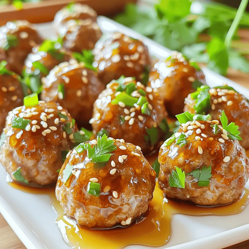 For these honey garlic turkey meatballs, you need: - 1 pound ground turkey - 1/4 cup breadcrumbs - 1/4 cup grated Parmesan cheese - 1 egg - 2 cloves garlic, minced - 2 tablespoons fresh parsley, chopped - 1 teaspoon onion powder - 1/2 teaspoon salt - 1/4 teaspoon black pepper - 1/4 cup honey - 2 tablespoons soy sauce (low sodium) - 1 tablespoon apple cider vinegar - Sesame seeds and green onions for garnish You can swap ingredients based on your needs: - Ground turkey can change to ground chicken or beef. - Breadcrumbs can be replaced with crushed crackers or oats. - Parmesan cheese can switch to any hard cheese you like. - Use flaxseed meal mixed with water instead of the egg for a vegan option. - Honey can be replaced with maple syrup for a vegan glaze. - Low sodium soy sauce can change to coconut aminos for a gluten-free option. To add flair, consider these garnishes: - Sprinkle sesame seeds on top for crunch. - Add chopped green onions for a fresh touch. - Drizzle extra honey for more sweetness. - Serve with a side of fresh herbs like cilantro or basil for color. Start by preheating your oven to 400°F (200°C). Line a baking sheet with parchment paper. In a large bowl, mix together the ground turkey, breadcrumbs, grated Parmesan cheese, and egg. Add the minced garlic, chopped parsley, onion powder, salt, and black pepper. Stir the mixture gently. Be careful not to overmix. You want the meat to stay tender. Once your mixture is ready, it’s time to shape your meatballs. Use your hands to form small balls, about 1 inch in size. Place each meatball on the prepared baking sheet, leaving space between them. This helps them cook evenly. Bake the meatballs for 15 to 20 minutes. They should reach an internal temperature of 165°F (75°C). While the meatballs bake, let’s make the glaze. In a small bowl, whisk together the honey, soy sauce, and apple cider vinegar. This mix gives a sweet and tangy flavor. After baking, brush half of this glaze over the meatballs. Return them to the oven for another 5 minutes. This helps caramelize the glaze, adding a glossy finish. Once done, let them cool for a few minutes before serving. To make sure your meatballs cook just right, follow these tips. First, mix the meat gently. Overmixing can make them tough. Shape them into small balls, about one inch wide. This size helps them cook evenly. Use a meat thermometer to check the doneness. Aim for an internal temperature of 165°F. Lastly, brush on the honey glaze before and after baking for full flavor. Dry meatballs are no fun. To keep them moist, add breadcrumbs and an egg. These ingredients help trap moisture inside. You can also use ground turkey with a bit more fat. This will keep them juicy. Don’t bake them too long. Check for doneness around the 15-minute mark. Once they reach the right temp, take them out. Honey garlic turkey meatballs shine when served right. Try them with rice or noodles for a full meal. A side of steamed veggies adds color and nutrients. If you want a snack, serve them with toothpicks for easy eating. Garnish with sesame seeds and green onions for a nice touch. You can even drizzle extra honey on top for a sweeter flavor. {{image_2}} To add a kick to your honey garlic turkey meatballs, try this spicy twist. You can mix in some red pepper flakes or cayenne pepper. Start with 1/4 teaspoon and adjust to your taste. These spices will bring heat and flavor. If you want more heat, mix in some sriracha into the glaze. This simple change makes your meatballs exciting and bold. If turkey isn’t your thing, you have options. Ground chicken is a great choice. It has a similar texture and flavor. You can also use lean ground beef or pork. Just keep in mind that beef may change the taste slightly. Each protein will give you a unique flavor but still keep the dish delicious. For a plant-based version, swap the turkey for lentils or chickpeas. Cooked lentils work well. Mash them with breadcrumbs and spices instead of meat. You can also use store-bought meat substitutes. This way, you can enjoy the sweet and savory flavors of honey garlic meatballs while keeping it meat-free. Add some chopped vegetables for extra texture and taste. To keep your leftover meatballs fresh, let them cool down first. Place them in an airtight container. Store the container in the fridge for up to three days. If you have extra glaze, you can save that too. Just keep it in a small jar in the fridge. This way, you can enjoy the same great taste later. If you want to save meatballs for later, freezing is a great option. Once they cool, arrange the meatballs in a single layer on a baking sheet. Freeze them for about one hour. This step prevents them from sticking together. After an hour, transfer the meatballs to a freezer bag. Label the bag with the date. You can freeze them for up to three months. When you’re ready to eat frozen meatballs, take them out of the freezer. Let them thaw in the fridge overnight. To reheat, place them in a baking dish. Preheat your oven to 350°F (175°C). Heat for about 15-20 minutes, or until they are hot all the way through. You can also reheat them in the microwave. Just cover the dish and heat in short bursts. This keeps them moist and tasty. Enjoy those honey garlic flavors again! Yes, you can use other meats. Ground chicken and ground beef work well. Just keep in mind that each type of meat may change the flavor. Adjust the cooking time if using beef since it takes longer to cook than turkey. Check the internal temperature. Meatballs should reach 165°F (75°C) to be safe to eat. Use a meat thermometer for accuracy. The outside should look golden brown. If they are firm to the touch, they are likely ready. Yes, you can mix the glaze ahead of time. Store it in the fridge until you need it. This saves time when you are ready to cook. Just give it a quick stir before using it on the meatballs. This blog post covered all the ingredients you need for meatballs and their glaze. I shared tips for perfect cooking and how to keep meatballs juicy. You also learned about tasty variations and how to store leftovers. Remember, you can easily adapt the recipe to fit your tastes. Enjoy making these meatballs, whether for a family dinner or a fun gathering. With practice, you will impress everyone with your skills. Happy cooking!