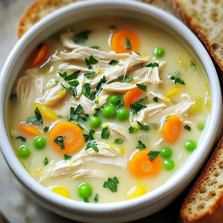 - 1 pound boneless, skinless chicken breasts - 4 cups chicken broth - 1 medium onion, diced - 3 cloves garlic, minced - 2 carrots, diced - 2 stalks celery, diced - 1 cup frozen peas - 1 cup heavy cream - 1 tablespoon lemon zest - 1/4 cup lemon juice - Salt and pepper to taste - Fresh parsley, chopped (for garnish) Each ingredient plays a key role in making this soup rich and tasty. The chicken gives the soup its base. The broth adds depth and flavor. Onions and garlic bring sweetness and aroma. Carrots and celery add crunch and color. Peas make it bright and fresh. Cream makes the soup smooth and rich. Lemon zest and juice provide a tangy kick. Finally, seasoning brings everything together. You can substitute chicken breasts with thighs if you prefer dark meat. For a lighter option, use low-fat cream or coconut milk. If you want a veggie version, replace chicken with chickpeas or tofu. You can also swap chicken broth for vegetable broth for a plant-based choice. Use lime juice if you want a different citrus flavor. Choose chicken breasts that feel firm and have no odor. Look for onions that are dry and firm. Garlic should be plump and not sprouting. Opt for carrots and celery that are crisp, not limp. When buying peas, frozen is often better as they are picked at peak freshness. For lemons, pick ones that feel heavy for their size and have a bright yellow color. Fresh parsley should be vibrant and fragrant, adding a nice touch to your soup. To start, gather your ingredients. You need: - 1 pound boneless, skinless chicken breasts - 4 cups chicken broth - 1 medium onion, diced - 3 cloves garlic, minced - 2 carrots, diced - 2 stalks celery, diced - 1 cup frozen peas - 1 cup heavy cream - 1 tablespoon lemon zest - 1/4 cup lemon juice - Salt and pepper to taste - Fresh parsley, chopped (for garnish) First, place the chicken breasts in your slow cooker. Make sure they sit at the bottom. Next, add the diced onion, minced garlic, diced carrots, and diced celery on top of the chicken. This mix adds flavor and texture. Now, pour the chicken broth into the slow cooker. Make sure the chicken and veggies are fully covered. Season everything with salt and pepper to taste. Cover the slow cooker and set it to cook. You have two options: cook on low for 6-8 hours or high for 3-4 hours. I prefer low heat for a richer flavor. Check the chicken after the time is up. It should be cooked through and very tender. Once the chicken is ready, take it out of the slow cooker. Use two forks to shred the chicken into bite-sized pieces. This step adds a nice texture to the soup. Return the shredded chicken to the pot. Next, stir in the frozen peas, heavy cream, lemon zest, and lemon juice. Mix everything well. Allow the soup to cook on low for an extra 30 minutes. This helps all the flavors blend together beautifully. Taste the soup before serving. Adjust the seasoning with more salt or pepper if needed. Serve the soup in bowls and garnish with freshly chopped parsley. Enjoy this warm, creamy delight! To make your soup pop, add spices. I love using thyme and dill. They blend well with chicken and lemon. You can also try adding a pinch of cayenne for heat. Just a little will do! If you're in a hurry, cook on high for 3-4 hours. For a richer flavor, cook on low for 6-8 hours. The longer cooking time lets the chicken soak up the broth. This makes it juicy and tender. Kids often like milder flavors. You can skip the lemon zest if they don’t like sour. Adding more cream can make it richer and smoother. Serve with fun crackers or bread for dipping. Kids love to dunk! {{image_2}} You can boost the nutrition of your creamy lemon chicken soup by adding vegetables. Carrots and celery are classic choices, but you can mix it up. Try adding chopped spinach or kale for extra greens. Bell peppers add a sweet crunch. You can also throw in zucchini or green beans for color and texture. Adding veggies will make your soup heartier and more filling. Just chop them up and toss them in at the start with your other ingredients. If you want a lighter soup, consider using cream alternatives. You can swap heavy cream for coconut milk or almond milk. These options keep the soup creamy without the extra calories. For a more tangy flavor, you can use plain Greek yogurt. Just stir it in at the end, so it doesn’t curdle. These swaps make your soup healthier while still keeping it delicious and satisfying. You can change the protein in your soup to suit your taste. Instead of chicken, try turkey or even shredded pork. Both will give your soup a nice flavor. If you want a meat-free option, use beans or lentils. They add protein and fiber. Just make sure to adjust your cooking time so everything cooks evenly. These variations keep your creamy lemon chicken soup exciting and new every time you make it. After you make your slow cooker creamy lemon chicken soup, let it cool first. Once it cools, you can store it in the fridge. Use an airtight container for best results. The soup will stay fresh for about 3 to 4 days. When you’re ready to eat, just check that it smells good and looks nice. If you want to save some soup for later, freezing is a great option. Let the soup cool completely before you freeze it. Use freezer-safe containers or bags to store it. The soup can last up to 3 months in the freezer. When you’re ready to use it, just thaw it in the fridge overnight. To reheat, you can use the stovetop or microwave. If using the stovetop, heat it on low. Stir the soup often to avoid sticking. In the microwave, use a microwave-safe bowl. Heat it in short bursts, stirring in between. Always check that it is hot all the way through before serving. Enjoy your delicious soup! Yes, you can use frozen chicken breasts. Just place them in the slow cooker. You may need to cook the soup a bit longer. Ensure the chicken reaches 165°F for safety. Frozen chicken will still work well with the broth and veggies. To make this soup gluten-free, use gluten-free chicken broth. Many brands offer gluten-free options. Always check the labels. Also, avoid any added ingredients that contain gluten. This way, everyone can enjoy the soup! This soup pairs nicely with crusty bread. A fresh salad is also a great choice. You can add a slice of lemon on the side for extra zest. This makes for a bright and tasty meal. You learned about choosing and using the right ingredients for soup. You also saw how to prepare and cook it step by step. We explored ways to enhance flavors and make the soup kid-friendly. I shared some variations to suit your taste and healthy goals. Finally, you got tips on storing and reheating the soup. With this guide, you have all you need to create a delicious meal. Enjoy your cooking adventure!
