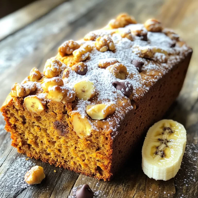 - 3 ripe bananas, mashed - 1 cup pumpkin puree - 1/2 cup unsalted butter, melted - 3/4 cup brown sugar - 1/4 cup granulated sugar - 2 large eggs - 1 teaspoon vanilla extract - 1 1/2 cups all-purpose flour - 1 teaspoon baking soda - 1/2 teaspoon salt - 2 teaspoons pumpkin spice - 1/2 cup chopped walnuts (optional) - 1/2 cup chocolate chips (optional) In this recipe, you need ripe bananas and pumpkin puree. Ripe bananas add natural sweetness and moisture. They create a soft texture in the bread. Pumpkin puree gives it a warm flavor and beautiful color. You will also need unsalted butter. It adds richness and depth. Brown sugar and granulated sugar give sweetness and a nice crust. Eggs help bind everything together. This makes the bread light and fluffy. Vanilla extract adds a lovely aroma. All-purpose flour forms the base of the bread. Baking soda helps it rise while baking. Salt balances the sweetness. Pumpkin spice gives that classic fall flavor. You can add walnuts or chocolate chips if you like. Walnuts add crunch and earthiness. Chocolate chips bring extra sweetness and fun. These ingredients work together to create a deliciously moist and flavorful pumpkin spice banana bread. First, preheat your oven to 350°F (175°C). This step is key for even baking. Next, grease a 9x5 inch loaf pan. Use butter or cooking spray to ensure easy removal later. In a large bowl, combine three ripe bananas, one cup of pumpkin puree, and half a cup of melted butter. Mix these together until smooth. Then, add three-quarters of a cup of brown sugar and a quarter cup of granulated sugar. Stir until everything blends nicely. Next, beat in two large eggs one at a time. Make sure each egg is mixed in well before adding the next. After that, add one teaspoon of vanilla extract. Mix until fully blended. In another bowl, whisk together one and a half cups of all-purpose flour, one teaspoon of baking soda, half a teaspoon of salt, and two teaspoons of pumpkin spice. This mix brings all the warm flavors together. Now, gradually add the dry mix to the wet mixture. Stir gently until just combined. This is vital; avoid overmixing, as it can make the bread tough. If you want, fold in half a cup of chopped walnuts or chocolate chips. These add great texture and flavor. Pour the batter into your prepared pan and spread it evenly. Bake for 60 to 70 minutes. Check with a toothpick; it should come out clean when the bread is done. To get the best texture in your pumpkin spice banana bread, avoid overmixing. When you mix too much, the bread can become tough. Just mix until the dry ingredients disappear. Also, use room temperature ingredients. This helps the batter mix better. Cold ingredients can cause lumps. Make sure your eggs and butter are at room temperature for a smooth batter. Want to boost the flavor? Consider adding nutmeg or cinnamon. Both spices work well with pumpkin. You can also add a splash of maple syrup for extra sweetness. To maximize sweetness, use ripe bananas. The riper they are, the sweeter they taste. You can also add a little more brown sugar for a richer flavor. Serve your pumpkin spice banana bread warm. A light dusting of powdered sugar makes it look festive. You can also garnish with a slice of banana on the side. For storing, keep it in an airtight container. This keeps the bread moist. If you want to reheat, slice a piece and warm it in the microwave for a few seconds. This brings back its fresh taste. {{image_2}} If you want a gluten-free version of pumpkin spice banana bread, use gluten-free flour. This swap will keep the texture light and tasty. I recommend a 1-to-1 gluten-free flour blend. It works well in most recipes. Just measure the same amount of flour as the recipe calls for. You might need to add a bit more liquid, like an extra tablespoon of water or milk, to keep the bread moist. For a vegan twist, you can replace the eggs and butter with plant-based options. Use 1/4 cup of unsweetened applesauce for each egg. This keeps the bread moist and adds some sweetness. For the butter, swap in 1/2 cup of coconut oil or vegan butter. This change will maintain the rich flavor of the bread while making it completely plant-based. You can also mix in different flavors to make the bread unique. Consider adding 1/2 cup of dried cranberries for some tang. Chopped pecans or walnuts add a nice crunch. You can also experiment with spices. Try adding a pinch of nutmeg or ginger for an extra kick. These small changes can make your pumpkin spice banana bread a fun treat every time you bake! To keep your pumpkin spice banana bread fresh, wrap it well. Use plastic wrap or foil. You can also place it in an airtight container. Store it at room temperature for up to three days. If you want it to last longer, consider refrigerating it. Just remember to bring it back to room temperature before serving. Freezing is a great option if you have extra banana bread. First, let it cool completely. Then, wrap it tightly in plastic wrap. Place it in a freezer bag or an airtight container. It can stay frozen for up to three months. To thaw, take it out and leave it at room temperature for a few hours. You can also warm individual slices in the microwave or toaster. For the best taste, enjoy your pumpkin spice banana bread within a week. It stays fresh for three days at room temperature. If you store it in the fridge, it can last about a week. Make sure to check for any signs of spoilage before eating. Always trust your senses! Yes, you can use frozen bananas. First, let them thaw completely. Once thawed, mash them well. The moisture from the bananas can help keep your bread moist. This is a great way to use ripe bananas you might have stored away. To enhance moisture, use very ripe bananas. The riper they are, the more moisture they contain. Adding an extra egg can also help. You can even add a bit of sour cream or yogurt for extra richness. Avoid overmixing your batter, as this can dry it out. Check for doneness by inserting a toothpick into the center. If it comes out clean, your bread is ready. The top should be golden brown and feel firm to the touch. If it looks undercooked, give it a few more minutes in the oven. In this post, we covered how to make delicious pumpkin spice banana bread. We discussed the key ingredients, steps for mixing, and tips for perfect texture. Consider variations like gluten-free or vegan options to suit your needs. Proper storage will keep your bread fresh longer. With easy steps and helpful tips, you can enjoy this warm treat anytime. Now, use these methods to bake your perfect loaf!