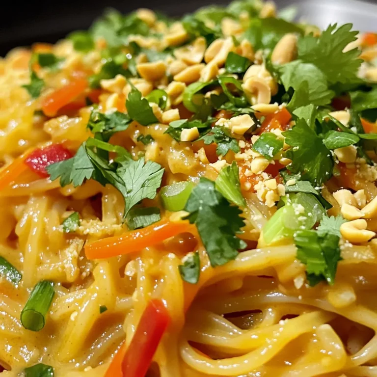 - 8 oz rice noodles - 1 cup peanut butter (creamy or crunchy) - 2 tablespoons soy sauce - 2 tablespoons sriracha (adjust to taste) - 1 tablespoon lime juice - 1 tablespoon brown sugar - 1 cup shredded carrots - 1 red bell pepper, thinly sliced - 1 green onion, chopped - ½ cup chopped fresh cilantro - Crushed peanuts for garnish For my Minute Spicy Thai Peanut Noodles, I love to keep it simple and fresh. First, I grab my rice noodles. They cook quickly and soak up flavors well. I often use creamy peanut butter, but crunchy adds a nice texture. Next, I reach for soy sauce. It adds a salty kick that balances the dish. Sriracha is a must for heat. I suggest starting with two tablespoons, then you can add more if you're bold. Lime juice brings brightness, while brown sugar adds a hint of sweetness. I love colorful veggies, so I use shredded carrots and thinly sliced red bell pepper. Green onions and fresh cilantro add freshness to each bite. Finally, I sprinkle crushed peanuts on top for that extra crunch. With these simple ingredients, you'll create a meal that's quick, tasty, and full of flavor. To prepare rice noodles, boil water in a pot. Add 8 oz of rice noodles. Cook them as the package says, usually 4-6 minutes. When they are soft, drain them in a colander. Rinsing with cold water is key! This stops the cooking and keeps them from sticking together. Set them aside for later. In a medium bowl, whisk together 1 cup of peanut butter, 2 tablespoons of soy sauce, 2 tablespoons of sriracha, 1 tablespoon of lime juice, and 1 tablespoon of brown sugar. Whisk until smooth. For spice lovers, add more sriracha to kick it up a notch. In a large skillet or wok, heat the cooked noodles over medium heat. Pour the peanut sauce over the noodles. Toss them well to coat every noodle evenly. Next, add 1 cup of shredded carrots and 1 thinly sliced red bell pepper. Stir-fry them for 2-3 minutes until tender. Remove from heat and mix in 1 chopped green onion and ½ cup of chopped fresh cilantro. Serve warm, topped with crushed peanuts for that perfect crunch! - Avoid overcooking the noodles: Follow the package instructions closely. Check the noodles one minute early. They should be soft but still firm. Drain them right away. Rinse with cold water to stop the cooking. - Enhance the flavor of the peanut sauce: Use fresh lime juice for a bright taste. If you like it spicy, add more sriracha. For a sweeter touch, increase the brown sugar. Mixing in a dash of sesame oil can also add depth. - Ideas for garnishes beyond crushed peanuts: Try adding sesame seeds for crunch. Fresh herbs like basil or mint brighten the dish. You can also use sliced radishes for a peppery kick. - Best side dishes to pair with the noodles: A simple cucumber salad offers a fresh balance. Steamed edamame adds protein and texture. For a heartier meal, serve with grilled chicken or shrimp on the side. {{image_2}} You can change up Minute Spicy Thai Peanut Noodles by adding protein. Chicken, tofu, and shrimp all work well. Cook your choice of protein in the skillet before adding the noodles. This adds flavor and makes the meal more filling. You can also swap out vegetables to fit your taste. Try broccoli, snap peas, or bell peppers. Each adds a different crunch and taste. Just be sure to slice them thin for quick cooking. This way, you keep the meal colorful and healthy. Not everyone loves spice. To make a milder version, cut down on the sriracha. You can start with just one tablespoon. Taste it first before adding more. This helps keep the dish tasty for kids or people who don’t enjoy heat. If you want to turn up the heat, try adding red pepper flakes or fresh chili peppers. You can also try a spicy sauce, like chili garlic sauce. Just remember to add only a little at first. You can always add more if needed, but it's hard to fix too much spice. To store your leftover Minute Spicy Thai Peanut Noodles, place them in an airtight container. Refrigerate them right away. This helps keep them fresh. You can store them for up to three days. To avoid sticky noodles, separate them from the sauce if you can. For reheating, the best method is to use a skillet. Heat it over low to medium heat. Add a splash of water or a bit of oil to help steam the noodles. Stir often to keep them from sticking. Avoid using the microwave. It can make the noodles tough and dry. Enjoy your leftovers just like the first time! Can I use different types of noodles? Yes, you can use different types of noodles. Rice noodles are great, but you can try egg noodles, udon, or even whole wheat noodles. Just remember to cook them according to package instructions. This dish is very flexible! Is it possible to make this dish vegan? Absolutely! To make it vegan, use a plant-based peanut butter and swap the soy sauce for a gluten-free version if needed. You can also replace the brown sugar with maple syrup for a vegan-friendly sweetener. How do I make the sauce ahead of time? You can make the sauce ahead easily. Mix the peanut butter, soy sauce, sriracha, lime juice, and brown sugar in a bowl. Store it in a jar in the fridge. It stays good for about a week. Just give it a good stir before using! This blog post shared a delicious recipe for Minute Spicy Thai Peanut Noodles. We covered key ingredients, cooking steps, and tips for serving and storing. You can customize the dish by adding protein or adjusting the spice. With simple instructions, it's easy to make a tasty meal. Enjoy this dish your way, and feel free to experiment with flavors. These noodles are fun to make and share. I hope you try this at home for a great takeaway!