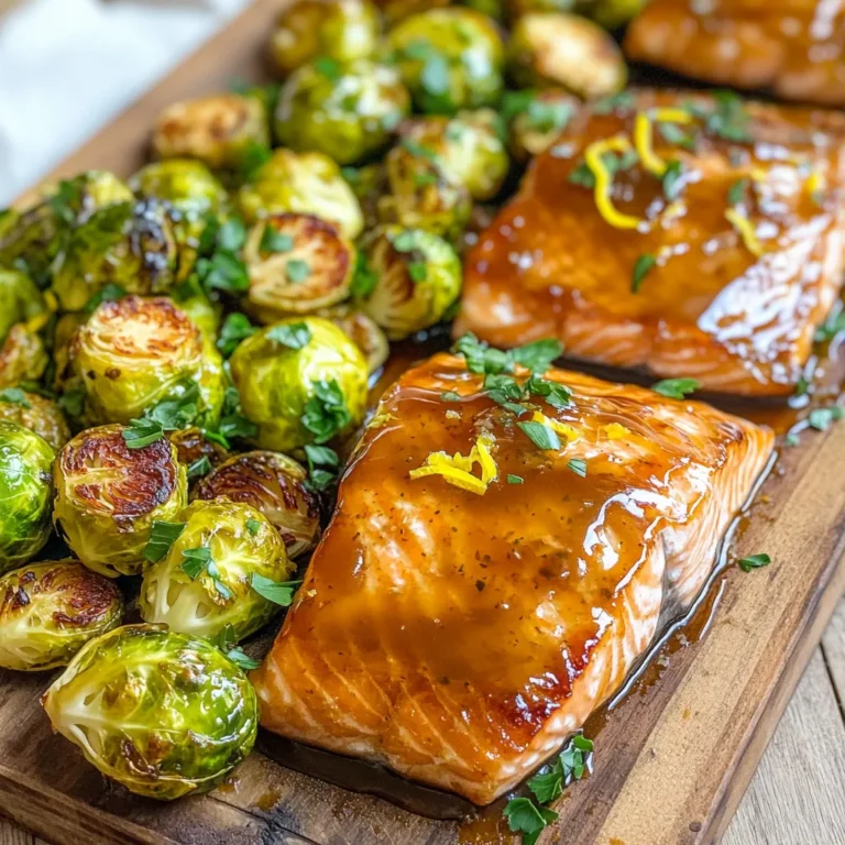 - 4 salmon fillets - 2 cups Brussels sprouts, halved - 1/4 cup pure maple syrup - 2 tablespoons Dijon mustard - 2 tablespoons olive oil - 3 cloves garlic, minced - Salt and pepper to taste - Zest of 1 lemon - Fresh parsley for garnish To create this tasty dish, you need fresh ingredients. Start with four salmon fillets. Choose fillets that are bright and firm. Next, grab two cups of Brussels sprouts. Halve them to help them cook evenly. For the sauce, you will mix a quarter cup of pure maple syrup with two tablespoons of Dijon mustard. This blend gives a sweet and tangy flavor. Add two tablespoons of olive oil for richness. Then, include three cloves of minced garlic. This adds a lovely aroma. Don’t forget salt and pepper to taste. The zest of one lemon gives a bright note. Lastly, fresh parsley serves as a lovely garnish. It adds color and freshness to the dish. Gather these ingredients before you start cooking for ease and fun! 1. Preheat the oven and prepare the baking sheet First, set your oven to 400°F (200°C). While it heats, line a baking sheet with parchment paper. This makes for easy cleanup and helps the food cook evenly. 2. Prepare the maple Dijon sauce In a small bowl, mix 1/4 cup of pure maple syrup, 2 tablespoons of Dijon mustard, and 2 tablespoons of olive oil. Add 3 minced garlic cloves, zest from 1 lemon, and a pinch of salt and pepper. Whisk until smooth. This sauce adds great flavor to the salmon. 1. Arrange salmon and Brussels sprouts on the baking sheet Place 4 salmon fillets on one side of the baking sheet. Brush each fillet with the maple Dijon sauce. On the other side, lay out 2 cups of halved Brussels sprouts. Drizzle them with olive oil and sprinkle with salt and pepper. Toss them to coat well. 2. Baking time and temperature details Bake everything in the preheated oven for about 15-20 minutes. The salmon will cook through, and the Brussels sprouts will turn golden and tender. Check for doneness by flaking the salmon with a fork. It should be opaque and easy to separate. Enjoy your meal! To get the best flavor, brush the sauce on the salmon just before baking. Use a generous amount. This helps the salmon soak up all the tasty goodness. You can use a silicone brush for easy application. To check if the salmon is cooked, look for the color. It should be opaque and flake easily with a fork. If you have a food thermometer, aim for 145°F (63°C). This ensures the salmon is safe to eat and still juicy. For crispy Brussels sprouts, cut them in half. This helps them cook evenly. Spread them out on the baking sheet. Avoid crowding so they can brown nicely. When it comes to seasoning, keep it simple. Salt and pepper work great. You can add garlic powder or red pepper flakes for extra flavor. Toss them in olive oil before baking to help them crisp up even more. {{image_2}} You can swap out salmon for other fish. Cod or trout work well. If you want a meat option, try chicken breast. For those who prefer plant-based foods, use tofu or tempeh. They soak up flavors nicely and add a protein boost. You can also replace Brussels sprouts with green beans or cauliflower. Both options roast well and taste great. If you want a vegan version, use maple syrup and Dijon mustard in your sauce. Just skip the fish and choose your favorite veggies. You can also try chickpeas for extra protein. To add more flavor, use different herbs or spices. Thyme and rosemary pair nicely with salmon. You can also sprinkle some paprika for a bit of heat. If you like a kick, add red pepper flakes to the sauce. For more veggie options, toss in carrots or sweet potatoes with the Brussels sprouts. They add color and taste. You can even add a splash of balsamic vinegar for a tangy twist. This keeps the dish fresh and fun. After enjoying your Maple Dijon Salmon and Brussels, store any leftovers right away. Place the salmon and Brussels sprouts in an airtight container. This helps keep them fresh. They will last in the fridge for up to three days. If you want to keep them longer, you can freeze the dish. Wrap the food tightly in foil or plastic wrap before you freeze. It will stay good for up to three months. Always label your containers with the date so you can track how long they have been stored. To reheat your salmon and Brussels sprouts, use the oven for the best flavor. Preheat your oven to 350°F (175°C). Place the leftovers on a baking sheet lined with parchment paper. Cover them with foil to prevent drying out. Heat for about 15 minutes or until warm. If you prefer the microwave, use it on medium power. Heat in short bursts of 30 seconds, checking often. This keeps the fish moist but may not crisp the sprouts. Enjoy your meal just as much the second time! How do I know when the salmon is cooked? You can tell the salmon is cooked when it flakes easily with a fork. The color should change from bright pink to a light, opaque pink. The internal temperature should reach 145°F (63°C). If you have a food thermometer, that is the best way to check. Can I use frozen salmon for this recipe? Yes, you can use frozen salmon. Just make sure to thaw it completely before cooking. Thaw it in the fridge overnight or run it under cold water. This helps the salmon cook evenly and keeps it moist. Why are my Brussels sprouts soggy? Soggy Brussels sprouts often come from overcooking or too much moisture. Make sure to dry them well after washing. Toss them in olive oil and season right before cooking. This will help them crisp up nicely in the oven. Can I prepare Brussels sprouts ahead of time? Yes, you can prep Brussels sprouts ahead of time. You can wash, trim, and halve them a day in advance. Store them in an airtight container in the fridge. Just remember to season them right before cooking for the best flavor. This blog post detailed a delicious recipe for Maple Dijon Salmon and Brussels sprouts. You learned about the key ingredients, step-by-step cooking instructions, and helpful tips for perfect results. We also covered variations and ways to store leftovers effectively. In closing, I hope you feel confident to try this meal. It’s simple, tasty, and offers room for creativity. Enjoy cooking and sharing this dish!