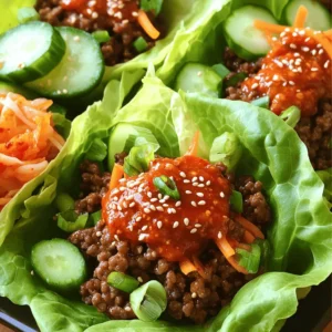 - 1 lb ground beef - 2 tablespoons gochujang (Korean red chili paste) - 2 tablespoons soy sauce - 1 tablespoon sesame oil - 1 tablespoon brown sugar - 2 cloves garlic, minced - 1 teaspoon fresh ginger, grated - 1 cup shredded carrots - 1 cup chopped green onions (scallions) - 1 head of butter or romaine lettuce, leaves separated - 1 tablespoon sesame seeds (for garnish) To make these wraps pop, you need fresh flavors and rich ingredients. Ground beef gives a hearty base. Gochujang adds spice and depth. Soy sauce brings in saltiness. Sesame oil gives a nutty taste. Brown sugar balances the heat. Garlic and ginger provide aromatic notes. Carrots and green onions add crunch and freshness. - Slices of cucumber - Kimchi For extra crunch and zest, serve with cucumber slices. Kimchi adds a tangy bite that complements the beef. Both options enhance the meal, making it more exciting. - Ground turkey or chicken for a leaner option - Tamari or coconut aminos for a gluten-free version - Honey or maple syrup instead of brown sugar If you want a healthier twist, try ground turkey or chicken. For a gluten-free dish, tamari or coconut aminos work well. Swap brown sugar for honey or maple syrup if you prefer natural sweeteners. These swaps keep the dish delicious while fitting your needs. To start, heat sesame oil in a large skillet over medium heat. This oil adds a rich flavor. Once the oil is hot, add minced garlic and grated ginger. Sauté this for about 30 seconds. You want to smell the aroma fill the kitchen. Next, increase the heat to medium-high. Add 1 pound of ground beef to the skillet. Cook this for 5 to 7 minutes. Break it up with a spatula as it cooks. You want it browned all over. If there's excess fat, drain it carefully. Now it's time to add flavor. Stir in 2 tablespoons of gochujang, 2 tablespoons of soy sauce, and 1 tablespoon of brown sugar. Mix well so the beef gets coated. Cook for another 2 to 3 minutes. This helps the flavors blend nicely. Finally, remove the skillet from heat. Mix in 1 cup of shredded carrots and 1 cup of chopped green onions. Let them warm through in the hot mixture. Now, grab a head of butter or romaine lettuce. Carefully separate the leaves. You can use them whole or fold them. Spoon a portion of the beef mixture into the center of each lettuce leaf. Don’t be shy; fill it well! Sprinkle a tablespoon of sesame seeds on top for extra crunch. To make your dish even more appetizing, add some cucumber slices on the side. This adds a nice crunch. You can also serve kimchi for a spicy kick. Arrange the wraps on a colorful platter. This makes it look inviting. Enjoy these wraps fresh for the best taste! To bring out the best flavors, balance the spice and sweetness. Gochujang adds heat, while brown sugar adds a touch of sweetness. I like to taste as I cook. If you want more heat, add extra gochujang. For a sweeter taste, add more brown sugar. This balance makes the dish stand out. When cooking ground beef, use a hot skillet. Heat the skillet before adding the oil. This helps the beef brown nicely. Break the beef apart as it cooks. This ensures even cooking and browning. If there's too much fat, drain some off. Keeping the beef moist is key! To add crunch, mix in carrots and green onions at the end. This keeps them fresh and bright. You can also add cucumber slices for extra crunch. Serve with kimchi for a tangy kick. Using crisp lettuce adds a great texture to each bite. Enjoy the mix of flavors and textures in every wrap! {{image_2}} To make your Spicy Korean Beef Lettuce Wraps even hotter, add more gochujang. Start with one extra tablespoon for a kick. You can also add sliced fresh chili peppers. If you want less heat, use less gochujang. You can replace it with sweet chili sauce for a milder taste. This way, you can enjoy the flavor without too much spice. If you prefer a vegetarian or vegan option, swap the ground beef for ground mushrooms or lentils. Mushrooms give a nice texture and absorb flavors well. Use the same spices and sauces to keep the taste. For a nutty flavor, add crushed tofu or tempeh. These choices will make your wraps just as tasty and satisfying. Add extra ingredients to enhance your wraps. Try adding sliced cucumbers for crunch. You can mix in diced bell peppers for sweetness. Fresh herbs like cilantro or mint can add a bright touch. For a twist, drizzle some sriracha or hoisin sauce over the beef. These changes will make your wraps even more exciting and flavorful. After enjoying your spicy Korean beef lettuce wraps, store any leftovers in an airtight container. Keep them in the fridge for up to three days. The beef mixture stays tasty, while the lettuce can wilt. To keep it fresh, store the beef and lettuce separately. To reheat the beef, place it in a skillet over medium heat. Stir it often until it warms through, about five minutes. You can also microwave it in short bursts, stirring in between. Avoid reheating the lettuce; it’s best fresh. You can freeze the beef mixture for easy meals later. Let it cool completely before putting it in a freezer-safe bag. It lasts well for up to three months. When ready to eat, thaw in the fridge overnight and reheat as needed. Enjoy your tasty wraps again! The best lettuce for wraps is butter or romaine lettuce. Both types have strong leaves. They hold the filling well and add crunch. Butter lettuce is soft and sweet, while romaine is crispy. You can use either based on your taste. Yes, you can use other proteins. Ground chicken, turkey, or pork work well. For a vegetarian option, try mushrooms or tofu. Just adjust the cooking time if using chicken or turkey. Make sure to season them well for flavor. To make this dish ahead, prepare the beef mixture first. Store it in the fridge for up to three days. When ready to eat, warm it in a pan. Assemble the wraps just before serving. This keeps the lettuce fresh and crisp. This blog post covered all key points for tasty lettuce wraps. We discussed ingredients, step-by-step instructions, and tips to boost flavor. You learned about variations, storage, and answered common questions. Now, you can make these wraps your own. Feel free to try new flavors or ingredients. Enjoy healthy meals that are easy and fun to prepare!