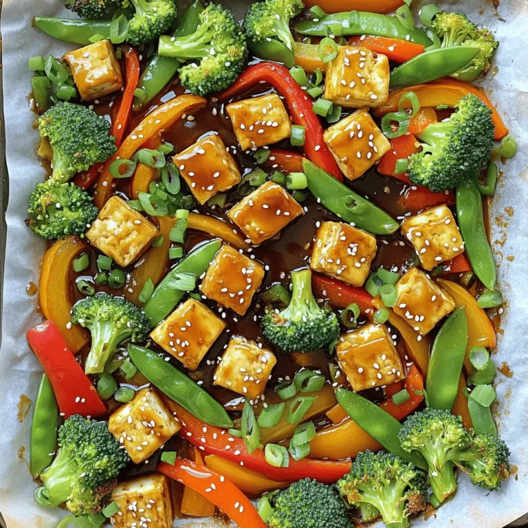 To make this tasty dish, you need: - 14 oz (400g) firm tofu, drained and pressed - 1 bell pepper, sliced (any color) - 1 cup broccoli florets - 1 cup snap peas - 1 cup carrots, sliced - 4 cloves garlic, minced - 1/4 cup honey - 2 tablespoons soy sauce - 1 tablespoon apple cider vinegar - 1 teaspoon sesame oil These ingredients create a nice mix of flavors and textures. The firm tofu gives a great base, while fresh vegetables add crunch and color. The honey garlic sauce brings all the flavors together. You will also need: - 2 tablespoons cornstarch - 2 tablespoons olive oil - Salt and pepper to taste Using cornstarch helps the tofu crisp up nicely. Olive oil is great for roasting and gives a good taste. Seasoning with salt and pepper enhances the overall flavor of the dish. To make your dish look nice and tasty, consider: - Sesame seeds - Green onions These garnishes add a pop of color and a bit of crunch. Sesame seeds give a nutty flavor, while green onions add freshness. They make your dish look and taste even better! - First, preheat the oven to 425°F (220°C). - Next, prepare a large sheet pan by lining it with parchment paper. This helps with easy cleanup. - Take the pressed tofu and cut it into bite-sized cubes. - Place the tofu cubes in a large mixing bowl. - Sprinkle 2 tablespoons of cornstarch over the tofu. Toss until each piece is coated. - Add 1 tablespoon of olive oil, salt, and pepper. Toss again to coat the tofu evenly. - Place the coated tofu on one side of the prepared sheet pan. - Slice the bell pepper into strips. - Mix the sliced bell pepper, broccoli florets, snap peas, and sliced carrots in the same bowl. - Drizzle the vegetable mix with the remaining olive oil. Season with salt and pepper. Toss to combine. - Spread the vegetable mixture on the other side of the sheet pan. - Bake the tofu and vegetables in the oven for 20-25 minutes. Flip them halfway through to ensure even cooking. - While they are roasting, prepare the honey garlic sauce. - In a small bowl, mix 4 minced garlic cloves, 1/4 cup honey, 2 tablespoons soy sauce, 1 tablespoon apple cider vinegar, and 1 teaspoon sesame oil. Stir until well combined. - After the first baking session, drizzle the honey garlic sauce over the tofu and vegetables. Toss gently to coat everything. - Return the sheet pan to the oven for another 5-10 minutes. This will caramelize the tofu and vegetables. - Once done, remove from the oven. Let it cool slightly, then garnish with sesame seeds and green onions. To make your tofu crispy, start with firm tofu. Drain and press it well to remove extra moisture. This step is key. Coat it with cornstarch for a nice crunch. The cornstarch forms a crispy layer as it cooks. Avoid soggy tofu by not skipping the pressing step. If your tofu feels wet, it won’t crisp up right. You can use many different vegetables in this dish. Seasonal veggies work best, like zucchini or bell peppers. Mixing colors adds fun and flavor. Balance flavors by adding sweet veggies like carrots and fresh greens like snap peas. This keeps each bite interesting and tasty. Want more heat? Add red pepper flakes for a spicy kick. To make it sweeter, add more honey or maple syrup. You can also try vegan alternatives. Use agave nectar instead of honey for a plant-based option. Adjust the sauce to fit your taste. {{image_2}} You can swap tofu for tempeh or seitan. Both offer a different taste and texture. Tempeh has a nutty flavor and is packed with protein. Seitan mimics meat in taste and feel. For a meat option, try chicken or shrimp. Just adjust the cooking time to ensure they're cooked through. Switching up the sauce can change the whole dish. Try a spicy peanut sauce for a kick. A teriyaki sauce adds a sweet glaze. For an international twist, use a coconut curry sauce. Mixing sauces also works well. Combine honey with sriracha for sweet heat. This stir fry pairs great with rice or noodles. Serve it over white rice for a classic meal. Brown rice adds fiber and a nutty taste. If you prefer noodles, try soba or rice noodles. For a full meal, add a side salad or spring rolls. These side dishes create a balanced plate and make it more fun to eat! To keep your leftover Sheet-Pan Honey Garlic Tofu Stir Fry fresh, follow these tips: - Let the dish cool to room temperature. - Store leftovers in airtight containers. - Keep the tofu and veggies separate to maintain texture. - Use glass or BPA-free plastic containers for safety. Reheating this dish properly helps keep the flavors and texture intact. Here are the best methods: - Use a microwave for quick reheating. Heat in short bursts to avoid overcooking. - For better texture, use an oven. Preheat to 350°F (175°C) and bake for 10-15 minutes. - Stir occasionally to ensure even heating. Yes, you can freeze this tasty dish! Here’s how: - Allow the stir fry to cool completely before freezing. - Use freezer-safe containers or zip-top bags for storage. - Label with the date for easy tracking. To defrost: - Move the container to the fridge overnight. - Reheat using the microwave or oven as mentioned above. It takes about 40 minutes to make this dish. - Prep time: 15 minutes - Cook time: 25 minutes This includes time for cutting the veggies and baking. The oven does most of the work while you focus on the sauce and garnishes. Yes, you can use many kinds of vegetables. - Options: zucchini, bell peppers, or mushrooms - Seasonal picks: asparagus or green beans Feel free to mix and match based on what you have. Just keep the cooking time in mind. Softer veggies may cook faster, while firmer ones may need a bit more time. Yes, this recipe is vegan. - Main ingredients: tofu, vegetables, and honey - Honey substitute: maple syrup or agave If you want to keep it vegan, use maple syrup instead of honey. All other ingredients are plant-based, so this stir fry is perfect for vegan diets. You learned how to make a tasty sheet-pan honey garlic tofu stir fry. We covered ingredients like firm tofu and fresh veggies, along with how to prep and cook everything perfectly. Remember, you can switch up the sauce or use different proteins for variety. Store leftovers well and reheat to keep them crisp. This dish is simple and fun to make, fitting any meal. Enjoy your healthy creation with friends or family!