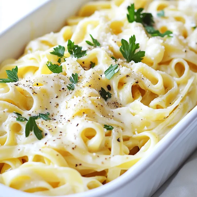 - 8 oz fettuccine pasta - 4 tablespoons unsalted butter - 3 cloves garlic, minced - 1 cup heavy cream - 1 cup freshly grated Parmesan cheese - 1/2 teaspoon salt (adjust to taste) - 1/4 teaspoon black pepper - 1/4 teaspoon red pepper flakes (optional) - 1 tablespoon fresh parsley, chopped (for garnish) To make creamy garlic Parmesan noodles, start with these simple ingredients. Fettuccine pasta serves as the base. The noodles soak up that rich sauce well. Use unsalted butter for a creamy, rich flavor. Minced garlic adds a nice kick to the dish. Heavy cream creates the smooth sauce you crave. Grated Parmesan cheese is the star of this recipe. It gives that cheesy goodness we all love. Season your dish with salt, black pepper, and red pepper flakes for a hint of heat. Fresh parsley brightens the dish and adds color. With just these ingredients, you can create a meal that feels fancy but is quick and easy to make. To start, bring a large pot of salted water to a boil. Once boiling, add 8 oz of fettuccine pasta. Cook it until it is al dente, which usually takes about 8-10 minutes. After the pasta is done, drain it in a colander. Don’t forget to save about 1/2 cup of the pasta water. This water helps to adjust the sauce later. Next, grab a large skillet and melt 4 tablespoons of unsalted butter over medium heat. Once the butter melts, add 3 cloves of minced garlic. Sauté the garlic for 1-2 minutes until it smells amazing. Be careful not to let it brown. Then, pour in 1 cup of heavy cream. Stir the cream continuously for about 3-4 minutes so it thickens a bit. Now, reduce the heat to low. Gradually whisk in 1 cup of freshly grated Parmesan cheese. Keep whisking until it melts and the sauce is nice and creamy. Now it’s time to bring it all together. Season the sauce with 1/2 teaspoon of salt, 1/4 teaspoon of black pepper, and 1/4 teaspoon of red pepper flakes if you like some heat. Stir everything well. Add the drained fettuccine to the skillet. Toss the pasta in the sauce to coat it well. If the sauce is too thick, use the reserved pasta water to reach your desired creaminess. Taste it and adjust the seasoning if needed. Finally, let the dish sit for a minute before you serve it. Garnish with 1 tablespoon of fresh parsley for a pop of color. To make the best sauce, you need low heat. High heat can burn the garlic or make the sauce too thin. Cook the garlic just until fragrant. This should take only 1-2 minutes. Next, add the heavy cream. Stir this for 3-4 minutes until it thickens a bit. Gradually whisk in the Parmesan cheese. This step is key for a rich, creamy sauce. If the sauce seems too thick, add a little reserved pasta water. This will help reach the right creaminess. Adjusting salt and spice levels is easy. Start with the salt. Taste the sauce after you add it. If it needs more, sprinkle in a bit more salt. For spice, add red pepper flakes. If you want it spicier, add more to taste. To enhance flavors, try fresh herbs. Basil or thyme can add great depth. Just chop them finely and stir them in. Plating your noodles can make a big difference. Serve them in shallow bowls for a nice look. Top with extra Parmesan and a sprinkle of black pepper. This adds visual appeal and flavor. For a complete meal, serve garlic bread on the side. The bread pairs perfectly with the creamy sauce. {{image_2}} You can easily swap heavy cream for other options. Here are a few ideas: - Half-and-half: This gives a lighter creaminess. - Greek yogurt: Use plain yogurt for a tangy twist. - Coconut milk: Great for a dairy-free option with a hint of sweetness. When it comes to cheese, Parmesan is a classic. However, you can mix it up: - Pecorino Romano: This adds a sharper flavor. - Asiago: Offers a nutty taste that pairs well. - Mozzarella: For a creamier melt and stretch. To make your noodles more exciting, try adding spices. Here are some that pair well: - Oregano: Adds a warm, earthy note. - Basil: Fresh or dried, it gives a nice aroma. - Thyme: A hint of this herb can enhance depth. You can also incorporate vegetables or proteins into your dish. Consider these options: - Spinach: Fresh or wilted, it adds color and nutrients. - Mushrooms: Sautéed mushrooms bring a savory flavor. - Grilled chicken or shrimp: Great for a protein boost. If you need to make it gluten-free, use gluten-free pasta. Many brands offer great options that cook up nicely. For dairy-free choices, try these: - Nut milk: Almond or cashew milk works well with added thickeners. - Vegan cheese: Look for varieties that melt well and mimic Parmesan. These variations ensure everyone can enjoy creamy garlic Parmesan noodles! To keep your leftover creamy garlic Parmesan noodles fresh, store them in an airtight container. This helps prevent them from drying out. Before sealing the container, let the noodles cool to room temperature. Once cooled, refrigerate them right away. Leftovers last about 3 to 4 days in the fridge. After that, the noodles may lose their flavor and texture. Be sure to check them before you eat. If they smell off or look strange, it's best to throw them away. To reheat your creamy garlic Parmesan noodles, avoid using high heat. High heat can make the sauce separate. Instead, use a skillet on low to medium heat. Add a splash of milk or reserved pasta water to keep the creaminess. Stir often until warmed through. You can also use the microwave for reheating. Place the noodles in a microwave-safe bowl. Add a small amount of water or milk. Cover it with a microwave-safe lid or plate. Heat in short bursts, stirring in between, until warm. This method helps keep the sauce smooth and creamy. Yes, you can use other pasta types. Spaghetti, penne, or rigatoni work well. Just cook the pasta until al dente like you would fettuccine. Adjust cooking time based on the pasta shape you choose. You can serve this dish with garlic bread or a fresh salad. A side of grilled chicken or shrimp adds protein. Steamed vegetables also pair nicely, adding color and nutrition to your meal. To add spice, include more red pepper flakes. You can also use a pinch of cayenne pepper. If you like, add sliced jalapeños for a fresh kick. Just remember to taste as you go! Yes, you can prepare the sauce ahead of time. Store it in the fridge for up to two days. Cook the pasta fresh when you’re ready to serve. This keeps the noodles from getting mushy. Absolutely! This recipe is great for meal prep. Just divide the noodles and sauce into containers. It keeps well in the fridge for about three days. Reheat it gently on the stove for best results. You now have a simple guide to make creamy garlic Parmesan noodles. Remember, use fresh ingredients for the best flavor. Follow the cooking steps closely to get that perfect sauce. Don't be afraid to adjust flavors with spices or herbs. With a few tips, you can serve a dish that impresses everyone. Enjoy your cooking and let your creativity shine in the kitchen!