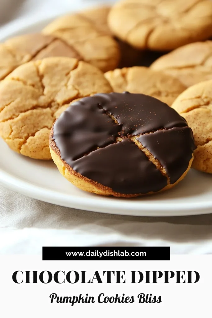 Indulge in the perfect fall treat with these Chocolate Dipped Pumpkin Spice Cookies! Made with creamy pumpkin puree and rich chocolate, these cookies are a delightful blend of flavors. They're easy to make and perfect for sharing with family and friends. Get the full recipe and impress your guests with this delicious seasonal dessert. Click through now to discover the magic of autumn baking! #PumpkinSpice #FallBaking #Cookies #DessertRecipes