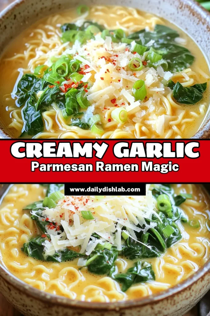 Satisfy your cravings with this delicious One Pot Garlic Parmesan Ramen! Ready in just 20 minutes, this creamy, cheesy dish features fresh spinach and the perfect kick from garlic and red pepper flakes. It's easy to make and a fantastic weeknight meal everyone will love. Click to get the full recipe and elevate your dinner tonight! #OnePotRecipes #RamenLovers #EasyDinner #ComfortFood