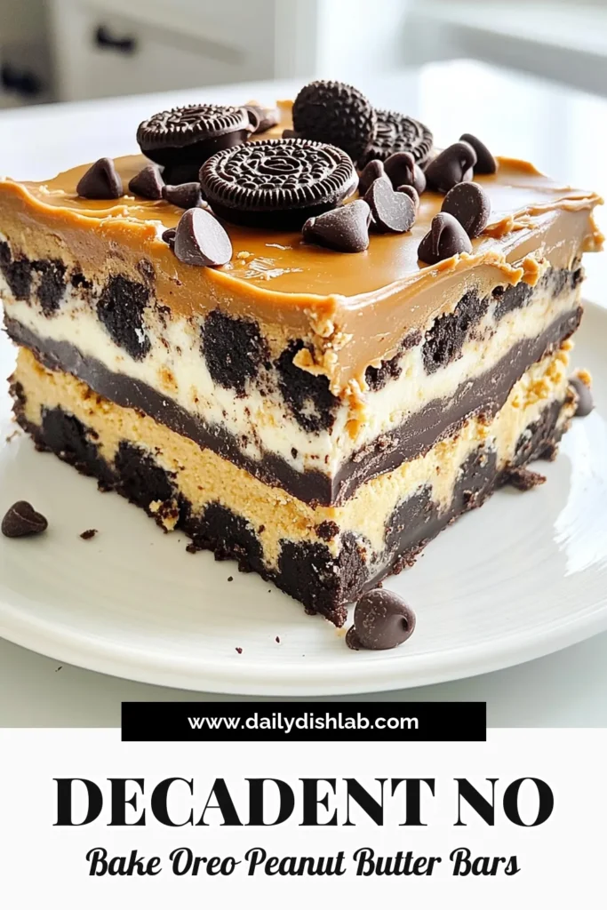 Indulge in the ultimate dessert with these No Bake Oreo Peanut Butter Bars! This easy recipe combines crushed Oreos, creamy peanut butter, and rich chocolate for a sweet treat that everyone will love. Perfect for parties or a quick snack, these bars are simple to make and require no baking. Click through to explore the full recipe and treat yourself today! #OreoDesserts #NoBakeRecipes #PeanutButterLovers #EasySweets