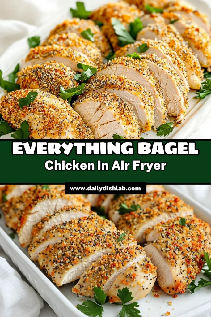 Elevate your dinner game with this Air Fryer Everything Bagel Chicken! Juicy chicken breasts coated in a creamy marinade and crunchy everything bagel breadcrumbs make for a deliciously easy meal. Perfect for busy weeknights or impressing guests, this recipe is quick to prep and packed with flavor. Click through to explore the full recipe and make your taste buds dance! #AirFryerRecipes #ChickenRecipes #EasyDinner #HealthyEating