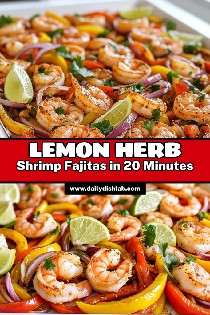 Elevate your dinner game with these Sheet Pan Lemon Herb Shrimp Fajitas! This quick and flavorful recipe features succulent shrimp, vibrant bell peppers, and zesty lemon, all cooked to perfection in just 20 minutes. Perfect for a busy weeknight, these fajitas are served in warm tortillas and topped with fresh cilantro and lime. Don't miss out—click through for the full recipe and make your next meal a hit! #ShrimpFajitas #QuickRecipes #DinnerIdeas #EasyCooking