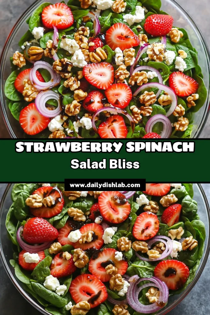 Discover the perfect summer dish with this Balsamic Strawberry Spinach Salad! Packed with fresh baby spinach, sweet strawberries, creamy feta, and crunchy walnuts, this salad is a flavor explosion. Drizzle it with a homemade balsamic dressing that's simple to whip up in just minutes. Ideal for any occasion, it’s both refreshing and nutritious. Click through for the full recipe and impress your friends at your next gathering! #SaladRecipes #HealthyEating #StrawberrySalad #SummerRecipes