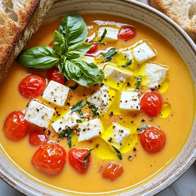 - 200g feta cheese, cubed - 500g cherry tomatoes - 4 cloves garlic, minced - 1 medium onion, diced - 2 cups vegetable broth Feta cheese adds a creamy texture and rich taste. Cherry tomatoes bring sweetness and brightness. Garlic and onion provide depth and warmth. Vegetable broth ties all the flavors together, making it the base of this soup. - 1 tablespoon olive oil - 1 teaspoon dried oregano - 1 teaspoon red pepper flakes (optional) Olive oil adds richness and helps with roasting. Dried oregano gives a hint of earthiness. Red pepper flakes add a kick; you can adjust this based on your taste. - Fresh basil for garnish - ½ cup heavy cream (or coconut cream for a lighter option) Fresh basil adds a pop of color and flavor. Heavy cream makes the soup velvety and rich. If you prefer a lighter option, coconut cream works well for a dairy-free version. First, preheat your oven to 200°C (400°F). This will help cook the tomatoes and feta just right. Next, take a baking dish and mix together 500g of cherry tomatoes, 200g of cubed feta cheese, 4 minced garlic cloves, and 1 diced medium onion. Drizzle 1 tablespoon of olive oil over this mix. Then, add 1 teaspoon of dried oregano, and a pinch of salt and pepper. Toss everything lightly to blend the flavors. Roast the dish in the oven for about 25 to 30 minutes. Look for the tomatoes to burst and the feta to turn a nice golden color. This is key for the rich taste. To get the perfect texture, avoid overcrowding the baking dish. Give the ingredients room to breathe, which helps with even roasting. Once roasted, take the dish out of the oven. Carefully transfer everything into a blender. Pour in 2 cups of vegetable broth and add ½ cup of heavy cream or coconut cream for a lighter option. Blend on high until the mixture is smooth and creamy. Taste it! If you want more flavor, adjust the seasoning as needed. Return the blended soup to the pot and heat gently over medium-low for about 5 minutes, stirring often. Enjoy the warm, creamy soup garnished with fresh basil leaves! To make this soup even better, you can adjust the seasoning to fit your taste. After blending, taste the soup. If it needs more salt, add a little. You can also sprinkle in some black pepper. For a unique twist, try adding a splash of balsamic vinegar. This adds a sweet and tangy kick. Just a bit can elevate the flavors. The cream you choose can change the soup's texture. Heavy cream gives a rich taste, but coconut cream is a great lighter choice. It adds a nice, subtle sweetness too. For those who want a dairy-free option, coconut cream works well. You can also try almond milk for a different flavor. This soup pairs well with many sides. Crusty bread or crunchy crackers make a great match. You could also serve a simple salad on the side. A fresh green salad can balance the rich flavors of the soup. If you want to get creative, add some roasted veggies to your meal. This adds color and extra nutrients. {{image_2}} To give your soup a kick, add more red pepper flakes. Start with one extra teaspoon. You can also try spices like cayenne or smoked paprika. Both add heat and depth to the flavor. Adjust the spice to your taste for a perfect balance. You can make this soup even heartier by adding vegetables. Chopped spinach, bell peppers, or zucchini work great. They bring extra nutrients and color. Toss them in with the tomatoes and feta for a tasty boost. For a plant-based version, swap the feta for tofu or cashew cheese. Use coconut cream instead of heavy cream for creaminess. This keeps your soup rich while staying dairy-free. Enjoy a delicious vegan soup that everyone will love. To keep your feta and tomato soup fresh, store it in an airtight container. Place it in the fridge within two hours of cooking. It will stay good for 3 to 4 days. If you want to freeze it, use freezer-safe containers. Leave some space at the top for expansion. The soup can last up to 3 months in the freezer. When reheating, avoid the microwave if you can. Instead, heat the soup in a pot over low heat. Stir it often. This helps keep the texture smooth. If the soup seems thick, add a splash of vegetable broth or water to bring back moisture. Heat until warm, but don’t boil it. The soup stays fresh in the fridge for 3 to 4 days. If frozen, it can last for 3 months. Look for signs of spoilage, like an off smell or mold. If you see any, throw it away. Always trust your senses to keep your meals safe and tasty. Yes, you can! If you want a different taste, try goat cheese or ricotta. These cheeses give a creamy texture and rich flavor. You can also use cream cheese for a smoother soup. Just remember to adjust the salt, as some cheeses can be saltier than feta. To balance acidity, add a bit of sugar or honey. This can cut through the tang of tomatoes. You might also try adding a splash of balsamic vinegar for depth. Taste as you go, and adjust slowly. This helps keep the soup balanced and tasty. Absolutely! This soup is great for meal prep. You can make it ahead of time and store it in the fridge for up to three days. Just heat it gently when you're ready to eat. You can also freeze it for up to three months. Just remember to leave out the cream until you reheat it for the best texture. This blog covered how to make a tasty soup with feta and tomatoes. You learned about key ingredients like garlic, onion, and broth. We walked through step-by-step instructions for roasting, blending, and perfecting flavor. Plus, I shared tips on storage and variations like spicy or vegan options. Cooking can be fun and easy. Now, you can enjoy this soup any way you like!