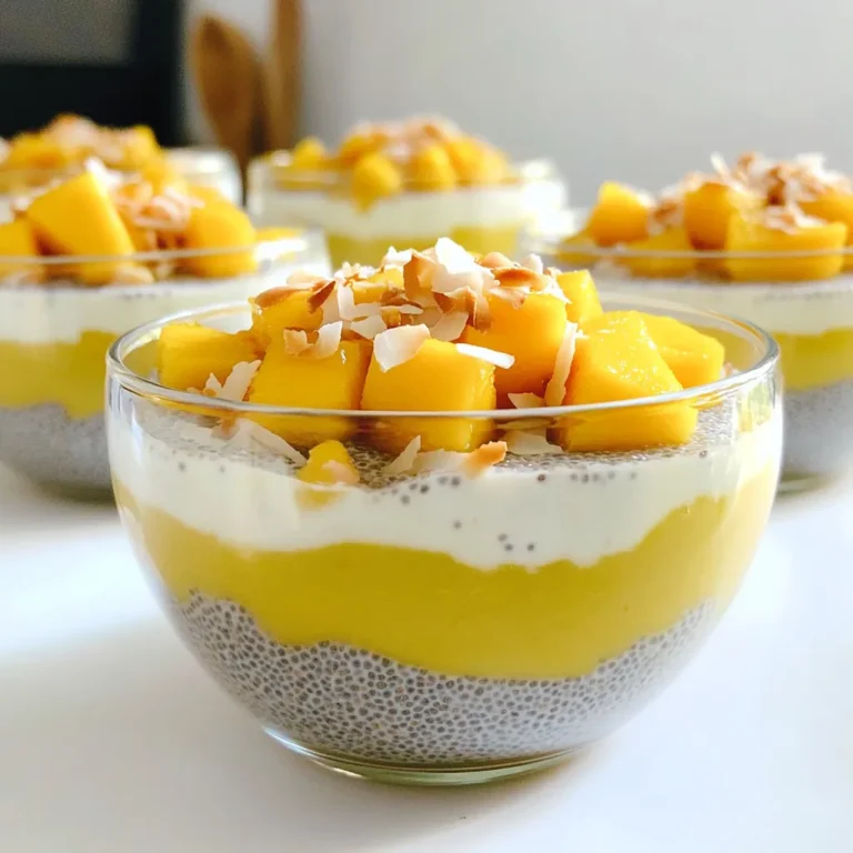 - 1 cup coconut milk (canned or carton) - 1/2 cup almond milk (or any plant-based milk) - 1/4 cup chia seeds - 2 tablespoons maple syrup (or honey) - 1 ripe mango, pureed - 1/2 teaspoon vanilla extract When making mango coconut chia pudding, I focus on fresh and simple ingredients. Coconut milk adds a creamy texture and rich flavor. I often use canned coconut milk for a thicker pudding, but you can use carton milk too. Almond milk or any plant-based milk gives a lighter feel. I choose almond milk for its nutty taste, but you can pick your favorite. Chia seeds are the star. They swell up and create a pudding-like texture. I use a quarter cup for the right thickness. For sweetness, I use maple syrup or honey. Two tablespoons is the perfect amount, but adjust it to your taste. A ripe mango is key for a fruity flavor. I blend it into a puree and use it for layering. A hint of vanilla extract rounds out the taste. - Fresh mango chunks - Toasted coconut flakes - Mint leaves for presentation Toppings make this pudding even better. Fresh mango chunks add more sweetness and color. Toasted coconut flakes give a nice crunch. I love to add mint leaves for a fresh look. They also add a lovely aroma. These ingredients come together for a tasty treat you can enjoy anytime! First, you need to combine the coconut milk and almond milk. Take a medium mixing bowl and pour in 1 cup of coconut milk and 1/2 cup of almond milk. Use a whisk to mix them until they blend well. Next, add 1/4 cup of chia seeds to this mixture. Chia seeds will help thicken the pudding. Then, mix in 2 tablespoons of maple syrup and 1/2 teaspoon of vanilla extract. Stir everything well so the chia seeds spread evenly. Once mixed, cover the bowl with plastic wrap. If you prefer, you can divide the mixture into jars with lids. Place your bowl or jars in the refrigerator. Let them chill for at least 4 hours or overnight. This time helps the chia seeds absorb the liquid and thicken the pudding nicely. When the pudding is set, grab your serving bowls or glasses. Spoon half of the chia pudding into each bowl. Then, add a layer of pureed mango on top. Use the remaining chia pudding to cover the mango layer. For the final touch, top each serving with fresh mango chunks. Sprinkle toasted coconut flakes on top for extra crunch and flavor. This will make your pudding look and taste amazing! To get the right texture in your pudding, soaking chia seeds is key. Chia seeds need time to absorb liquid. I suggest soaking them for at least four hours or overnight. This helps them swell and create that creamy feel. If you want a thicker pudding, use less liquid. For a thinner pudding, add more milk to your mix. You can make your pudding even tastier by adding spices or extra sweetness. A pinch of cinnamon or nutmeg can add warmth. You can also try adding a splash of almond extract for a new twist. If you like it sweeter, adjust your maple syrup. Honey is a great alternative too. How you serve your pudding can make a big difference. Use clear glasses to show off those beautiful layers. Add fresh mango chunks and sprinkle toasted coconut flakes on top. A mint leaf is a nice touch for color and freshness. This makes your dish look fancy and fun! {{image_2}} You can switch up the milk in this recipe. Try oat milk or soy milk instead. These options still keep it creamy. If you want a nut-free choice, use rice milk or hemp milk. Both give a nice flavor without nuts. Maple syrup adds a lovely sweetness. If you prefer, use honey instead. It gives a different taste but is just as good. You can also spice things up! Add a dash of cinnamon or nutmeg for extra warmth. These spices pair well with mango and coconut. While mango is great, you can also use other fruit purees. Try making a berry layer with blueberries or strawberries. Seasonal fruits work well, too. Peaches or ripe bananas can create fun new flavors. Mix and match to find your favorite combo! Mango coconut chia pudding lasts up to five days in the fridge. Store it in airtight containers to keep it fresh. Make sure to cover it well so it does not absorb any smells from the fridge. If you notice any extra liquid, just stir it before serving. This pudding gets better as it sits, so don’t hesitate to make it in advance. Yes, you can freeze chia pudding! It freezes well for up to two months. To freeze, place the pudding in freezer-safe containers. Leave some space at the top, as the pudding expands when frozen. When you're ready to enjoy it, take it out and thaw it in the fridge overnight. You can serve it cold or let it sit at room temperature for a bit. Adding fresh mango and toasted coconut after thawing gives it a nice finish. Yes, you can make this pudding ahead of time. In fact, it tastes better after sitting. Store it in the fridge for up to five days. Just cover it well to keep it fresh. You can prepare the layers in jars for easy serving too. Chia seeds are very healthy. They are rich in omega-3 fatty acids, fiber, and protein. These tiny seeds help you feel full and can aid digestion. They also have antioxidants which protect your body. Adding chia seeds to your diet boosts your nutrition easily. Yes, frozen mango works well in this recipe. It blends smoothly and adds a nice flavor. Just let it thaw slightly before pureeing. Fresh mango gives a bright flavor, but frozen is a great time-saver. Both options make the pudding tasty. You can use honey or agave nectar instead of maple syrup. Both sweeteners add a nice taste. Honey is sweeter, so you may need less. Agave nectar has a mild flavor, making it a good choice too. Feel free to experiment with your favorite sweetener! This post shared key steps to make mango coconut chia pudding. We explored main ingredients like coconut milk, chia seeds, and ripe mango. You learned how to prepare, chill, and serve the pudding, plus tips for perfect texture and flavor. Variations give you room to experiment with milks and fruits. Remember to store wisely and enjoy fresh or frozen. Chia seeds bring nutrition, making this treat both tasty and healthy. Embrace creativity and enjoy this delicious dessert!