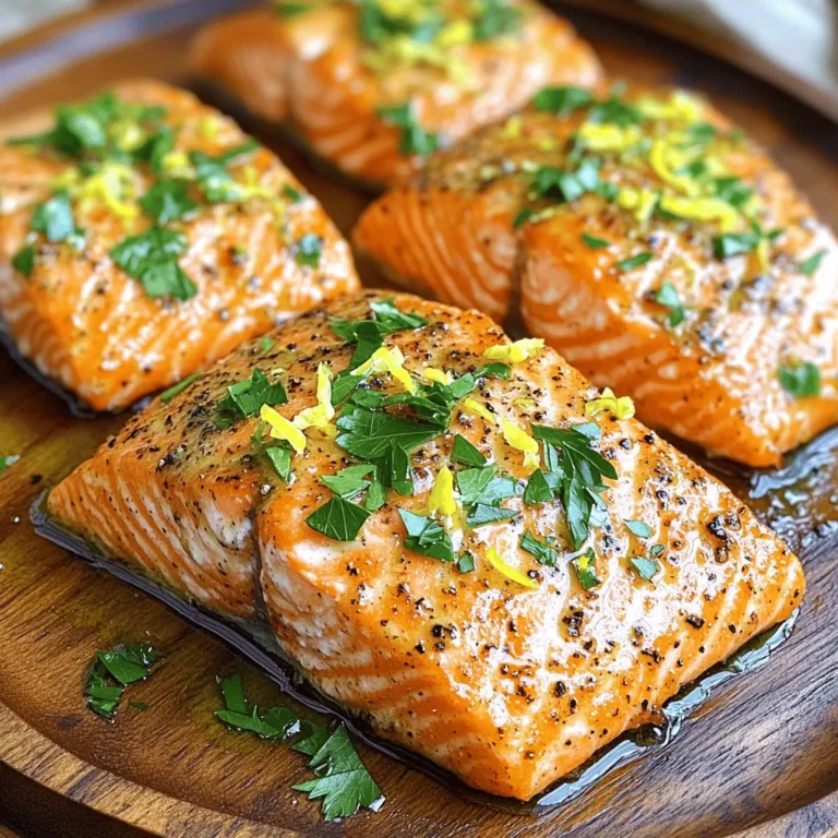 - 2 salmon fillets (about 6 oz each) - 2 tablespoons olive oil - 1 tablespoon lemon zest - 2 tablespoons fresh lemon juice - 1 teaspoon black pepper - 1 teaspoon garlic powder - 1 teaspoon onion powder - ½ teaspoon sea salt - Fresh parsley, chopped (for garnish) Each serving has approximately: - Calories: 350 - Fat: 20g - Protein: 34g - Carbohydrates: 2g This dish is not only tasty but also healthy. Salmon is rich in omega-3 fatty acids. These fats are good for your heart and brain. It has high protein content, which helps with muscle growth. The lemon adds a fresh zing that brightens the dish. Tracking your nutrition can help you stay on top of your health goals. The lemon pepper seasoning gives flavor without adding many calories. You can enjoy this meal guilt-free, making it perfect for any diet. Did you know that fresh herbs like parsley can boost your meal too? They add color and nutrients. Fresh parsley is a great addition to this dish, both for taste and garnish. If you want to explore more healthy recipes, check out my other articles. They offer a variety of options to keep your meals exciting and nutritious! - Patting salmon fillets dry First, take your salmon fillets and pat them dry with paper towels. This step is key. Dry fillets will crisp up better in the air fryer. Make sure to remove all excess moisture. - Mixing the marinade ingredients Next, grab a small bowl. Add 2 tablespoons of olive oil, 1 tablespoon of lemon zest, and 2 tablespoons of fresh lemon juice. Then, mix in 1 teaspoon of black pepper, 1 teaspoon of garlic powder, 1 teaspoon of onion powder, and ½ teaspoon of sea salt. Stir until everything combines well. This marinade packs a punch of flavor. - Preheating the air fryer Now, preheat your air fryer to 400°F (200°C). This only takes about 5 minutes. Preheating helps cook the salmon evenly and keeps it juicy. - Cooking salmon fillets in the air fryer Place the marinated salmon fillets in the air fryer basket, skin-side down. Do not overcrowd the basket. Cook the salmon for about 8-10 minutes. You want the internal temperature to reach 145°F (63°C). The salmon should flake easily with a fork when done. - Garnishing and resting the salmon Once the salmon is cooked, carefully remove it from the air fryer. Let it rest for a couple of minutes. This helps keep the juices inside. Just before serving, garnish with fresh chopped parsley and some extra lemon zest if you like a zesty kick. Enjoy your delicious air fryer lemon pepper salmon! To get a nice crisp on your salmon, you must start by drying the fillets. Before marinating, use paper towels to pat the salmon dry. This step removes extra moisture. When moisture is gone, the fillets can crisp up better in the air fryer. You can customize the flavor of your salmon by adding more spices. If you want a kick, try adding cayenne pepper or smoked paprika. For a fresh taste, consider dill or thyme. Feel free to experiment with your favorite herbs and spices. This makes the dish truly your own. Using a thermometer is key for perfect cooking. Insert the thermometer into the thickest part of the salmon. Aim for an internal temperature of 145°F (63°C). When the salmon reaches this point, it is safe to eat. It should flake easily with a fork. This method ensures you avoid overcooking or undercooking your salmon. {{image_2}} You can change the flavor of your lemon pepper salmon with different spices. Try using smoked paprika for a smoky taste. If you like heat, add cayenne pepper. You can also use fresh herbs like dill or thyme for a fresh twist. Each spice brings a new taste, making the dish fun and exciting. Mix and match until you find your favorite flavor. To make your meal even better, serve your lemon pepper salmon with tasty sides. Here are some great options: - Steamed broccoli - Roasted asparagus - Garlic mashed potatoes - Quinoa salad - Fresh green salad These sides will balance the flavors and give you a full plate. They complement the bright taste of the salmon while adding color and nutrition. If you want to serve more people, it’s easy to adjust the recipe. Just double or triple the ingredients as needed. Make sure your air fryer can fit the fillets without crowding them. Cook the salmon in batches if needed. This will ensure every piece cooks evenly and stays juicy. Enjoy sharing this delicious dish with friends and family! To store leftover salmon, let it cool first. Then wrap each fillet in plastic wrap. Place the wrapped salmon in an airtight container. Store it in the fridge for up to three days. This keeps it fresh and tasty. If you want to enjoy it later, make sure it is cooled completely before wrapping. If you want to freeze salmon, follow these steps. Wrap each fillet tightly in plastic wrap. Then, place the wrapped salmon in a freezer bag or container. Remove as much air as you can from the bag. Label it with the date. You can freeze salmon for about three months without losing flavor. When you’re ready to cook, thaw it in the fridge overnight. To reheat air-fried salmon, you have a few good options. The best way is to use the air fryer again. Set it to 350°F (175°C) and heat for about 3-5 minutes. This keeps the salmon crispy and moist. You can also use the microwave, but be careful. Heat it on low power for short bursts. Check often to avoid overcooking. Enjoy your delicious salmon just like fresh! The best internal temperature for salmon is 145°F (63°C). At this point, the salmon is safe to eat. Use a meat thermometer to check the temperature in the thickest part of the fish. When it reaches this temperature, the salmon is cooked and safe for you to enjoy. Cooking it to this level ensures it stays juicy and flaky. Yes, you can use frozen salmon. Just add extra cooking time. When using frozen salmon, keep it in the air fryer longer, about 12 to 15 minutes. Check the internal temperature to ensure it reaches 145°F (63°C). If you can, thaw the salmon first for better flavor. You can tell the salmon is done when it flakes easily with a fork. Look for a nice, opaque color. If it is still translucent, it needs more time. The perfect salmon will be moist, not dry. Always check the internal temperature to be sure. This blog post highlights a simple and tasty lemon pepper salmon recipe. You learned about key ingredients, cooking steps, and helpful tips. The air fryer makes cooking quick and easy. I shared variations to customize flavors and suggested side dishes. For storage, you now know how to keep leftovers fresh. Enjoy trying this recipe and making it your own. Cooking doesn’t have to be hard. With these tips, you can create a meal that’s both delicious and healthy. Get cooking!
