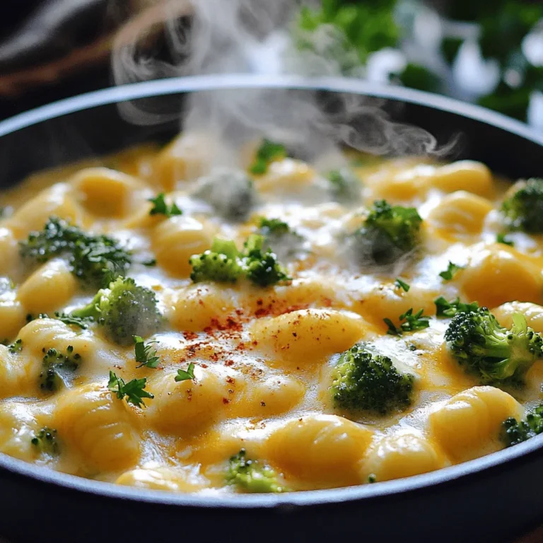 - 1 pound gnocchi (store-bought) - 2 cups broccoli florets - 2 cups vegetable broth - 1 cup shredded cheddar cheese - 1 cup heavy cream - 1/2 cup grated Parmesan cheese - 2 cloves garlic, minced - 1 tablespoon olive oil - Salt and pepper to taste - Red pepper flakes (optional, for heat) Gathering the right ingredients is key for this dish. You need gnocchi, which you can find in most stores. Fresh broccoli adds color and nutrients. The vegetable broth gives flavor and helps cook everything. Cheddar and Parmesan cheeses make it rich and creamy. Heavy cream adds extra smoothness. Garlic gives a nice kick. Olive oil helps cook the garlic and adds flavor. Finally, salt and pepper season the dish, while red pepper flakes add heat if you like spice. I recommend using brands like De Cecco for gnocchi. They make it soft and chewy. For cheese, Cabot is great for cheddar, and Grana Padano is a nice choice for Parmesan. For vegetable broth, Pacific Foods has a tasty option. Their products are all high quality and add great flavor. You can customize this meal in many ways. For extra protein, add cooked chicken or sausage. You could also toss in a handful of spinach or peas for more greens. If you want a vegan option, use plant-based cream and cheese. You might even try different cheeses like mozzarella for a gooey texture. To make this dish easy, gather all your ingredients first. Chop the broccoli into small florets. Mince the garlic finely for better flavor. Use a large pot or Dutch oven, as it gives enough space for cooking. 1. Heat 1 tablespoon of olive oil in your pot over medium heat. 2. Add 2 cloves of minced garlic and sauté for 1-2 minutes. Wait until you smell the garlic. 3. Toss in 1 pound of gnocchi. Stir and cook for 2-3 minutes to get a light golden color. 4. Pour in 2 cups of vegetable broth. Add the chopped broccoli florets. Bring everything to a gentle simmer. 5. Stir in 1 cup of heavy cream. Cook for 5-7 minutes. The gnocchi should be soft and the broccoli bright green. 6. Lower the heat and mix in 1 cup of shredded cheddar cheese and 1/2 cup of grated Parmesan cheese. Stir until the cheese melts and the sauce gets creamy. 7. Season with salt, pepper, and red pepper flakes if you want some heat. Look for the gnocchi to float to the top of the pot. This means they are done. The broccoli should be bright green and tender but not mushy. The sauce should be thick and creamy, clinging to the gnocchi. If you see bubbles in the sauce, it's a good sign that it's ready to serve! To make the creamiest sauce, use heavy cream. It gives a rich texture. As you heat it, stir constantly. This helps the cheese melt smoothly. Add the cheddar and Parmesan slowly. Mixing well ensures a lovely blend. If you want extra creaminess, add a splash more cream. Just remember, stir until it’s evenly combined. Store any leftovers in an airtight container. They stay fresh in the fridge for about three days. When you want to reheat, use a pot over low heat. Add a splash of vegetable broth or cream. This helps bring back the creamy texture. Stir often to avoid sticking. You can also microwave it, but check every minute to mix. One common mistake is overcooking the gnocchi. It should be tender but not mushy. Also, don’t skip the sauté step for the garlic. This step adds a great flavor base. If your sauce is too thick, add more broth or cream. Finally, avoid rushing the cheese melting. Let it melt slowly for the best sauce. {{image_2}} You can easily make a vegan version of this dish. Use plant-based gnocchi made from potato or other veggies. Substitute heavy cream with coconut cream or cashew cream for a rich texture. For cheese, try vegan cheddar or nutritional yeast. You will still enjoy that cheesy taste without any animal products. If you need a gluten-free meal, look for gluten-free gnocchi. Many brands make gnocchi with rice flour or chickpea flour. You can find these at most grocery stores. Just follow the same cooking steps as the original recipe. This way, you can enjoy the same great taste without gluten. Want to make your meal heartier? Add protein! Cooked chicken or sausage works great. Just slice them up and add them when you mix in the gnocchi. If you use sausage, choose a flavorful type, like Italian. This will add depth to your dish and keep everyone satisfied. To keep your One-Pot Cheesy Broccoli Gnocchi fresh, place it in an airtight container. Make sure to cool it to room temperature before sealing. This helps prevent moisture build-up. Store it in the fridge for up to three days. When you’re ready to eat, just reheat it on the stove or in the microwave. You can freeze this dish for later. First, let it cool completely. Then, portion it into freezer-safe bags or containers. Squeeze out as much air as you can to avoid freezer burn. It can last up to three months in the freezer. To reheat, thaw it overnight in the fridge. Warm it gently on the stove, adding a splash of broth if needed. - Gnocchi: Uncooked, lasts about a year in the pantry; cooked, about 3 days in the fridge. - Broccoli: Fresh broccoli lasts about a week in the fridge. Cooked, it keeps for 3 days. - Cheddar Cheese: Unopened, lasts 1-2 months; opened, about 3 weeks in the fridge. - Heavy Cream: Unopened, lasts about a month; opened, 1 week in the fridge. - Garlic: Fresh garlic lasts a few weeks; minced garlic can last about a week when stored. Following these tips ensures you enjoy every bite of your cheesy gnocchi dish! Yes, you can use frozen broccoli. It saves time and is easy to find. Frozen broccoli is pre-cut and blanched. This means it cooks quickly and works well in this dish. Just add it to the pot with the gnocchi and broth. You may want to reduce the cooking time a bit. This helps keep the broccoli bright and tasty. You can use several options if you need a swap for heavy cream. For a lighter choice, use whole milk mixed with a bit of butter. This gives you a creamy texture. You can also use half-and-half for a richer flavor. If you want a dairy-free option, try coconut milk or cashew cream. Both add creaminess and flavor to the dish. To add some heat, you can use red pepper flakes. Sprinkle them in while cooking for a nice kick. Start with a small amount, like 1/4 teaspoon, and taste as you go. If you want more spice, add more flakes. You could also add diced jalapeños or a dash of hot sauce. This will make your One-Pot Cheesy Broccoli Gnocchi lively and exciting! This blog post covered key ingredients for great dishes, including brands and options. You learned a step-by-step cooking process and got tips for perfect results. We explored creamy sauce secrets, storage tips, and common errors to avoid. Variations with vegan, gluten-free, and protein-rich options fit different diets. In closing, with the right ingredients and steps, you can create a dish everyone will love. Remember these tips and enjoy making it your own!