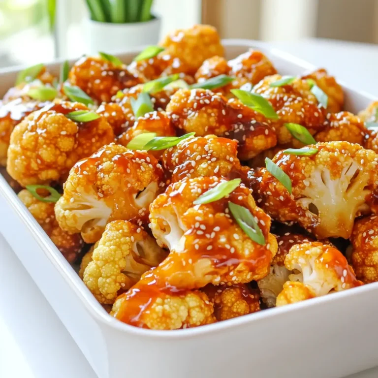 - 1 medium head of cauliflower, cut into florets - 2 tablespoons honey - 2 tablespoons sriracha sauce - 1 tablespoon olive oil - 1 teaspoon garlic powder - 1 teaspoon onion powder - Salt and pepper to taste - 1 tablespoon sesame seeds (for garnish) - 2 green onions, sliced (for garnish) You can swap honey for maple syrup or agave nectar if needed. For sriracha, try different brands that fit your taste. You can also use avocado oil or coconut oil instead of olive oil. If you want to change the spices, use garlic salt instead of garlic powder. Onion salt works well in place of onion powder too. To cut cauliflower into florets, start with a medium head. Remove the leaves and stem. Hold the head and slice it down the middle. Then, cut each half into smaller pieces. Keep cutting until you have bite-sized florets. Rinsing the cauliflower is key. Place the florets in a bowl of cold water. Swirl them around gently to remove dirt. Drain them in a colander and let them dry. You want them as dry as possible. This helps the sauce stick and makes them crispier. In a large bowl, add honey and sriracha sauce. Measure out two tablespoons of each. Next, pour in one tablespoon of olive oil. This adds richness. Then, add one teaspoon each of garlic powder and onion powder. Finally, sprinkle in salt and pepper to taste. Whisk these ingredients together until well mixed. The sauce should be smooth and shiny. Taste it to balance flavors. If you want more heat, add extra sriracha. For added sweetness, add more honey. Adjust until it’s just right for you. First, preheat your air fryer to 375°F (190°C). This helps cook the cauliflower evenly. Let it heat for about five minutes. Next, place the cauliflower florets in the basket. Arrange them in a single layer. Avoid crowding them; this ensures they crisp up well. Depending on your air fryer size, you may need to batch cook. Air fry the cauliflower for 15 to 18 minutes. Shake the basket halfway through. This lets them cook evenly and get crispy. Check for doneness by looking for golden brown color. They should be crispy outside and tender inside. To get that crispy bite, use a few air fryer tricks. First, always preheat your air fryer for about five minutes. The hot air will help the cauliflower get nice and crisp. Next, be sure to spread the florets in a single layer. Overcrowding the basket leads to steaming instead of frying. If you have a lot of cauliflower, cook it in batches for the best results. Want to spice up your dish? You can add extra spices like smoked paprika or cumin. They add depth and warmth to the flavor. If you prefer more heat, try adding more sriracha or even a dash of cayenne pepper. For a milder dish, reduce the sriracha and balance it with more honey. This will keep the sweetness while controlling the spice level. Serving this dish well makes it even more appealing. Try placing the cauliflower on a colorful plate. Sprinkle the sesame seeds and green onions on top for a burst of color. You can serve it as an appetizer or a side dish. Pair it with rice, a fresh salad, or crispy tacos. This dish shines in any meal setting and is sure to impress! {{image_2}} You can enjoy cauliflower in many ways. Air fryer buffalo cauliflower offers a spicy kick. Just toss the florets in buffalo sauce and air fry until crispy. Garlic parmesan cauliflower bites are another great option. Coat the florets in olive oil, garlic, and parmesan cheese. Air fry them until golden for a cheesy treat. If you want a vegan version, swap honey for maple syrup. This keeps the sweet notes while staying plant-based. For gluten-free needs, ensure your sauces are gluten-free. Most hot sauces work great, but always check the labels. You can also switch up the sauces in your dish. Try teriyaki or barbecue sauce for a different taste. Mixing sweet and savory flavors can make it even better. Add a touch of brown sugar to the sauce for extra sweetness. This will balance the heat from the sriracha nicely. To keep your Air Fryer Honey Sriracha Cauliflower fresh, store it in the fridge. Use an airtight container to avoid moisture. Place the cooled cauliflower in the container. It helps maintain flavor and texture. For freezing, let the cauliflower cool completely. Then, spread it out on a baking sheet. Freeze it for about one hour. Once frozen, transfer it to a freezer bag. This way, you can easily grab portions later. When reheating, use the air fryer. This keeps the cauliflower crispy. Heat at 350°F (175°C) for about 5-7 minutes. You can also use the oven, but it may take longer. Cooked cauliflower lasts about 3-5 days in the fridge. It’s best to eat it fresh for the best taste. To check for spoilage, look for these signs: - A sour smell - Slimy or mushy texture - Dark spots or discoloration If you notice any of these, it’s time to toss it out. Always trust your senses when it comes to food safety. Yes, you can use frozen cauliflower. It saves time and is easy to find. However, frozen cauliflower may have a softer texture when cooked. This can affect the crispiness you want in a dish like Air Fryer Honey Sriracha Cauliflower. Fresh cauliflower gives a firmer bite, while frozen can be more convenient. If using frozen, make sure to thaw and drain it well. This helps avoid excess moisture during cooking. The spice level depends on the sriracha you choose. Most sriracha sauces are mild to medium in heat. If you are sensitive to spice, start with less sriracha. You can always add more after cooking. The honey balances the heat, giving a sweet and spicy flavor. The more you mix the honey and sriracha, the better the taste. You can try other hot sauces too if you want different spice levels. Air Fryer Honey Sriracha Cauliflower pairs well with many sides. Try serving it with steamed rice or quinoa for a filling meal. You can also add a fresh salad for crunch. If you like dips, a yogurt sauce or ranch dressing works great. For drinks, consider iced tea or a light beer. These options will complement the sweet and spicy flavors of the dish. Enjoy mixing and matching to find what you like best! In this post, we covered how to prepare Air Fryer Honey Sriracha Cauliflower. We explored key ingredients, helpful tips, and variations to keep it exciting. You can customize flavors, adjust spice levels, and ensure perfect crispiness. Remember to store leftovers properly to enjoy this dish later. Experimenting with different sauces can also bring new life to the recipe. Try these ideas to make this dish your own and enjoy every bite.