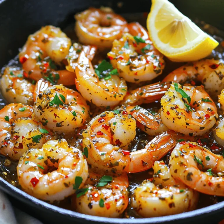- 1 pound large shrimp, peeled and deveined - 4 tablespoons olive oil - 4 cloves garlic, minced - 1 teaspoon red pepper flakes (optional for heat) - 1 teaspoon smoked paprika - 1 teaspoon dried oregano - 1 teaspoon dried thyme - Salt and pepper, to taste - 2 tablespoons fresh parsley, chopped - Juice of 1 lemon The core of this dish is the shrimp. You want to use large shrimp. They cook well and stay juicy. The garlic adds a punch. Fresh garlic is key. Mincing it right before cooking keeps its flavor strong. Olive oil serves as the base for cooking. It helps the shrimp cook evenly. You can adjust the heat with red pepper flakes. If you like some spice, add them. Smoked paprika gives a nice depth. Oregano and thyme add herbal notes without overpowering. For garnishes, salt and pepper are essential. Fresh parsley adds color and freshness. A squeeze of lemon brightens the dish. It balances the flavors and adds a zing. Each ingredient plays a role. This simple mix creates a flavorful meal in no time. First, take a large skillet and place it on the stove. Add 2 tablespoons of olive oil over medium heat. Let it warm up for a minute. You will know it's ready when it shimmers. This step is key to making the shrimp cook evenly. Next, add the minced garlic to the hot oil. Sauté it for about 30 seconds. Watch it closely so it doesn’t burn. If you like some heat, toss in the red pepper flakes and smoked paprika. Stir for another 15 seconds to infuse the flavors. Now, increase the heat to medium-high. Add the shrimp to the skillet in a single layer. Season them with salt and pepper. Cook the shrimp for about 2-3 minutes on one side. When they turn pink and opaque, flip them over. Then, add the remaining olive oil, dried oregano, and thyme. Cook for another 2-3 minutes until the shrimp is fully cooked. Finally, squeeze the juice of one lemon over the shrimp and stir well. Remove from heat and garnish with fresh parsley before serving. This dish is quick, easy, and packed with flavor! Fresh garlic is key to this dish. It gives a strong taste that makes the shrimp pop. When you chop garlic, do it right before cooking. The longer it sits, the less flavor it has. Use fresh herbs like parsley, oregano, and thyme for the best taste. Each herb adds its own unique flavor. If you love heat, try adding red pepper flakes. They give a nice kick without being too spicy. Don’t overcook your shrimp! They cook fast, usually in just 2-3 minutes per side. When they turn pink and opaque, they are done. If you cook them too long, they become rubbery. Keep an eye on them while cooking. Flip them gently to avoid breaking them apart. Use medium-high heat for the best results. This way, you get a nice sear without drying them out. Serve garlic herb shrimp over rice or pasta. They soak up the flavors well. A fresh salad is also a great choice. It adds crunch and freshness to your meal. You can pair it with crusty bread to mop up any sauce. For a fun twist, serve it with tacos or in a wrap. The possibilities are endless! {{image_2}} Adding vegetables can make your garlic herb shrimp skillet heartier and more colorful. You can use fresh veggies like: - Bell peppers - Zucchini - Spinach - Cherry tomatoes Simply chop them up and toss them in the skillet after the garlic. Cook until they are tender but still crisp. This adds more flavor and nutrients to your meal. If you enjoy heat, try some spicy options. Besides red pepper flakes, you can use: - Sriracha - Jalapeños - Cayenne pepper Start with a small amount and adjust to your taste. Adding these will give your dish a nice kick that enhances the garlic and herbs. You can substitute shrimp with other proteins for variety. Some great options are: - Chicken breast - Scallops - Tofu If using chicken, cut it into small pieces and cook it fully before adding garlic. For scallops, cook them for just a few minutes until they are golden. Tofu works well too; just make sure to press it first to remove extra moisture. Each protein brings its own unique flavor to the dish. To store leftover garlic herb shrimp, let it cool first. Place the shrimp in an airtight container. Make sure to keep it in the fridge. It stays fresh for up to three days. Always check for any off smells before eating. If it smells bad, throw it away. Proper storage helps keep the shrimp safe and tasty. To freeze garlic herb shrimp, follow a few simple steps. First, let the shrimp cool completely. Place it in a freezer-safe bag or container. Remove as much air as you can. This helps prevent freezer burn. The shrimp can last for up to three months in the freezer. When you're ready to eat it, thaw it in the fridge overnight. When reheating shrimp, avoid overcooking it. The best way is to use a skillet. Heat a bit of olive oil over medium heat. Add the shrimp and stir gently until warmed through. This usually takes about three to four minutes. You can also use a microwave, but be careful. Heat in short bursts to keep it tender. Enjoy your meal again! Yes, you can use frozen shrimp. Just make sure to thaw them first. To thaw, place them in the fridge overnight. If you need them fast, run cold water over them for 10 to 15 minutes. Frozen shrimp can be just as tasty as fresh shrimp. - Tips for using frozen shrimp: - Pat them dry before cooking to avoid extra water in the skillet. - Adjust cooking time since they may take a minute longer to cook through. Garlic herb shrimp pairs well with many sides. Here are some great options: - Rice or Quinoa: Both absorb flavors well and complement the shrimp. - Pasta: Toss the shrimp with your favorite pasta for a hearty meal. - Salad: A fresh green salad adds crunch and brightness to your plate. - Vegetables: Roasted or steamed veggies make a healthy side. Cleaning shrimp is easy. Here’s a step-by-step process: 1. Rinse: Start by rinsing shrimp under cool water. 2. Peel: Hold the shrimp in one hand. Use your other hand to pull off the shell. 3. Devein: Make a shallow cut along the back. Remove the dark vein with your fingers or a small knife. 4. Rinse again: Give them another rinse to remove any grit. Cleaning shrimp yourself is simple and often fresher than pre-cleaned shrimp. This blog post covered everything you need to make garlic herb shrimp. We discussed the key ingredients, like shrimp and spices, and I shared easy steps to cook them perfectly. You learned tips for great flavor and serving ideas to impress your guests. Variations let you get creative with veggies or spices. Remember to follow proper storage methods to enjoy your leftovers safely. With simple techniques and fresh ingredients, you can whip up a delicious meal. Happy cooking!