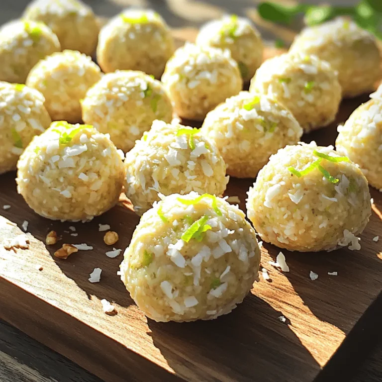 To make No Bake Key Lime Energy Balls, you need some simple and fresh ingredients. Here’s a list to get you started: - 1 cup rolled oats - 1/2 cup unsweetened shredded coconut - 1/3 cup honey or maple syrup - 1/4 cup almond butter or peanut butter - Zest of 2 key limes - 2 tablespoons lime juice - 1 teaspoon vanilla extract - A pinch of salt - Optional: 1/4 cup chopped walnuts or pecans Each ingredient plays a key role. Rolled oats give the balls a great base. They add fiber to keep you full. Shredded coconut brings a nice, chewy texture and a hint of tropical flavor. Honey or maple syrup acts as a natural sweetener. It helps bind the mixture together. Almond or peanut butter adds creaminess and healthy fats. The key lime zest and juice provide that zesty punch that makes these energy balls pop. Vanilla extract adds warmth and depth, while salt enhances the overall flavor. If you want a nutty crunch, you can add chopped walnuts or pecans. They add extra texture and taste. This mix of flavors and textures makes these energy balls a refreshing snack. They are perfect for a boost of energy anytime! Start by mixing the rolled oats and shredded coconut in a large bowl. Use your hands or a spoon to combine them well. This step sets the base for your energy balls. The oats add fiber, while the coconut gives a nice texture. In another bowl, whisk together the honey or maple syrup, almond or peanut butter, lime zest, lime juice, vanilla extract, and a pinch of salt. Make sure everything is smooth and mixed well. This mixture brings a sweet and tangy flavor that makes these energy balls special. Now, pour the wet ingredients into the dry ingredients. Stir them together until everything is fully combined. If you want a crunch, add in the chopped walnuts or pecans. Once mixed, use your hands to form small balls, about 1 inch in size. You should get around 12 to 15 energy balls. Place the formed balls on a parchment-lined tray. Refrigerate them for at least 30 minutes. This step helps them firm up. Once chilled, they are ready to enjoy. You can store any leftovers in an airtight container in the fridge for up to one week. Enjoy these tasty bites as a quick snack or a healthy treat! You may want to adjust the texture of your energy balls. If they feel too dry, add a bit more almond butter or honey. This will help bind the ingredients and make them soft. If they are too sticky, add more rolled oats. You can also mix in a bit of shredded coconut to balance things out. To bring out more flavor, add extra key lime zest. This will give your energy balls a burst of zesty goodness. You could also use agave syrup instead of honey for a different sweetness. If you're feeling adventurous, try adding a few drops of coconut extract for a new twist. These energy balls pack a punch of nutrition. Rolled oats are great for energy and fiber. They help keep you full longer. Almond butter adds healthy fats and protein. Key limes are high in vitamin C and antioxidants, boosting your immune system. Shredded coconut offers healthy fats too, making these snacks both tasty and good for you. {{image_2}} You can easily make these energy balls fit your needs. For a dairy-free option, simply use maple syrup instead of honey. To make them nut-free, swap almond butter for sun butter or a seed-based spread. If you want a gluten-free snack, choose oats labeled as gluten-free. These simple swaps help everyone enjoy this tasty treat. Want to make your energy balls even better? Add some fun mix-ins! Chocolate chips add sweetness and richness. Dried fruits like cranberries or apricots bring a chewy texture. A few drops of coconut extract can boost the coconut flavor. Try different combinations to find your favorite mix! You can change the flavors with the seasons. In spring, use fresh strawberries or blueberries for a fruity kick. In fall, add pumpkin spice and pureed pumpkin for a cozy vibe. During winter, try adding peppermint extract for a refreshing twist. The options are endless, so let your creativity shine! To keep your energy balls fresh, place them in an airtight container. This helps lock in moisture and flavor. Store them in the fridge for easy access. I find they stay best when kept cold. If you use a glass container, it’s a great choice. Glass keeps the taste intact and is eco-friendly. You can freeze these energy balls for later use. First, lay them on a tray and freeze for about an hour. Once frozen, transfer them to a freezer bag. This prevents them from sticking together. To thaw, leave them in the fridge overnight. You can also let them sit at room temp for 15 to 30 minutes. These energy balls last about one week in the fridge. Check for signs of spoilage. If they smell sour or look dry, it's best to toss them. Fresh energy balls should feel firm but not hard. If they change texture, that’s a sign they are past their prime. Enjoy them while they are still tasty! Yes, you can use maple syrup instead of honey. Both sweeteners work well. If you want to try something else, agave nectar can be a good option too. Just keep in mind that different sweeteners may change the taste slightly. You can store these energy balls for up to one week in the fridge. Keep them in an airtight container. This helps them stay fresh and tasty. If you want to keep them longer, you can freeze them. They will last about three months in the freezer. Yes, you can add protein powder! It’s a great way to boost nutrition. Start with one to two tablespoons. Mix it in with the dry ingredients. This addition may change the texture a bit, so adjust the wet ingredients if needed. You can make tasty No Bake Key Lime Energy Balls with simple ingredients. We discussed the steps to mix and chill them perfectly. Remember to customize flavors for a fun twist. These energy balls are nutritious and easy to store. With the right tips, you can enjoy them fresh or frozen. I hope you feel inspired to try this recipe and make it your own! Your kitchen will be filled with a refreshing key lime flavor that everyone will love.