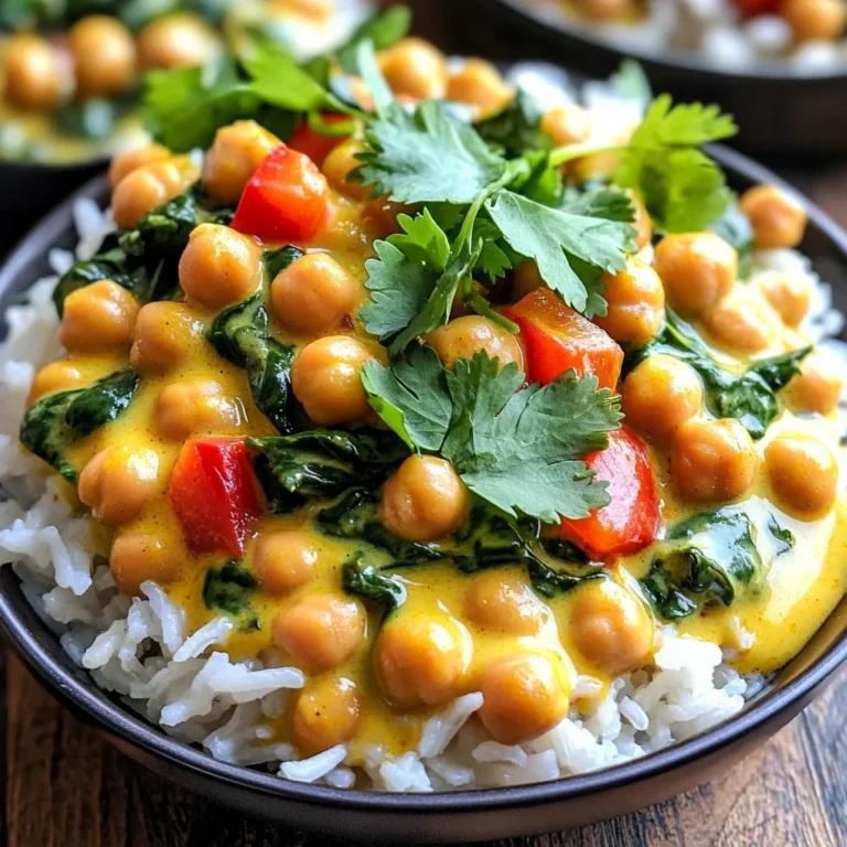 - 2 cans (15 oz) chickpeas, drained and rinsed - 1 can (14 oz) coconut milk - 1 large onion, diced - 3 cloves garlic, minced - 1 inch ginger, grated - 1 red bell pepper, diced - 2 cups spinach, chopped Chickpeas are the star of this dish. They give protein and fiber. I love using canned chickpeas for ease. Just drain and rinse them. Coconut milk adds a creamy touch and sweet flavor. Aromatics like onion, garlic, and ginger build a rich base. Dice the onion and mince the garlic for a strong flavor. Grate the ginger for a fresh, zesty kick. Red bell pepper adds color and crunch. Chop it up and toss it in. Spinach, added at the end, brings a vibrant green and healthy boost. - 2 tablespoons curry powder - 1 teaspoon turmeric - 1 teaspoon cumin - 1 tablespoon soy sauce (or tamari for gluten-free) Spices make this dish special. Curry powder is key for that warm, earthy flavor. Turmeric adds a golden hue and health benefits. Cumin brings a nutty taste that rounds out the dish. Soy sauce enhances the umami flavor. You can use tamari if you need it gluten-free. - Cooked rice - Quinoa - Fresh cilantro, for garnish Serve this curry over cooked rice for a filling meal. Quinoa is a great gluten-free option. It adds a nice texture and extra protein. Garnish with fresh cilantro for a burst of freshness. It adds color and a lovely aroma. Enjoy your savory slow cooker coconut curry chickpeas! 1. Draining and rinsing chickpeas: Start with two cans of chickpeas. Drain them well. Rinse under cold water. This removes excess salt and improves taste. 2. Dicing onion and red bell pepper: Take a large onion and chop it into small pieces. Next, slice the red bell pepper. Aim for a similar size to the onion. This helps everything cook evenly. 3. Mince garlic and grate ginger: Use three cloves of garlic. Mince them finely for a strong flavor. For ginger, take a one-inch piece and grate it. Fresh ginger adds zest to the dish. 1. Combining all ingredients: In the slow cooker, mix the drained chickpeas, coconut milk, diced onion, minced garlic, grated ginger, and diced red bell pepper. Stir well so all ingredients blend together. 2. Setting cooking time and temperature: Cover the slow cooker. Set it on low for 4-6 hours or high for 2-3 hours. This allows the flavors to meld nicely. 3. Checking for doneness: About 30 minutes before the time is up, check the mixture. The chickpeas should be soft, but not mushy. 1. Adding spinach: Take two cups of chopped spinach and add it to the slow cooker about 15 minutes before serving. Stir gently until the spinach wilts. 2. Adjusting seasoning before serving: Taste the curry. Add more salt, pepper, or spices if needed. This step enhances the overall flavor. 3. Serving suggestions with rice/quinoa: Serve the coconut curry warm over cooked rice or quinoa. Garnish with fresh cilantro for a pop of color and flavor. To make your coconut curry chickpeas extra tasty, consider these spice tips: - Add 1-2 teaspoons of chili powder for some heat. - Use fresh herbs like basil or mint for a bright taste. - Try adding a squeeze of lime juice for a zesty kick. You can also boost the nutrition by adding more veggies: - Carrots give a nice crunch and sweetness. - Zucchini adds moisture and flavor. - Peas or corn can add color and texture. Choosing the right setting is key to success. - Use low for 4-6 hours for a deep flavor. - High works well too, cooking in 2-3 hours. For better texture, pre-soak your chickpeas. - Soak them overnight to soften. - Rinse and drain them before adding to the pot. Prep-ahead options can save you time. - Chop veggies and store them in the fridge. - Measure spices and keep them ready to use. For one-pot serving, just serve it right from the slow cooker. - This keeps the meal warm. - You can mix in rice or quinoa right before serving. {{image_2}} You can switch chickpeas for lentils in this recipe. Lentils cook faster and absorb flavors well. Adding tofu or tempeh is also a great choice. These proteins soak up the curry spices. Cubes of firm tofu work best. Cook them with the other ingredients for a hearty meal. To make the curry spicier, add more curry powder or a pinch of cayenne pepper. You can also include chopped fresh chili peppers. If you want less spice, reduce the curry powder. You can also skip the cayenne. This way, everyone can enjoy the dish without the heat. This recipe is already vegan-friendly. Just make sure all your ingredients are plant-based. If you want a non-coconut milk option, try almond or oat milk. They will change the flavor but still taste good. You may need to adjust the spices to balance the flavors. To store leftovers, let the dish cool down first. Then, place it in an airtight container. This helps keep the flavors fresh. You can store it in the fridge for up to 4 days. Make sure to label the container with the date. This way, you won’t lose track of when it was made. For freezing, use a freezer-safe container or heavy-duty freezer bag. Divide the dish into smaller portions. This makes it easy to thaw just what you need. You can freeze it for up to 3 months. To thaw, move it to the fridge overnight. If you’re in a hurry, use the microwave on a low setting for quick thawing. When reheating, use the stove or microwave. If using the stove, heat it in a pot over low heat. Stir often to keep it from sticking. In the microwave, cover the dish to avoid drying it out. Heat in short bursts and stir in between. This keeps the texture creamy and the flavors bright. Yes, you can prepare this dish ahead of time. To store the ingredients before cooking, keep them in separate containers in the fridge. This will help keep them fresh. For best results, chop your veggies and drain the chickpeas a day in advance. Just combine everything in the slow cooker when you're ready to cook. If you need a substitute for coconut milk, almond milk or cashew milk works well. They both add a nice creaminess but have a lighter flavor. You can also use oat milk, which has a mild taste that blends well with spices. Just remember, each choice will change the overall flavor a little. To add heat, you can include red pepper flakes or diced jalapeños. Start with a small amount and taste as you go. If you like it hot, you can add more. Another option is to use a spicy curry powder or add a touch of sriracha before serving. Adjust the spice level to your taste for the perfect kick! This blog post covered a tasty chickpea curry recipe made in a slow cooker. You learned about the main ingredients, spices, and how to prepare everything. I shared tips for flavor and even suggested easy variations. You now know how to store and reheat leftovers safely, plus answers to common questions. Try this recipe to impress friends or family. Enjoy the rich flavors and the ease of cooking it all in one pot. Happy cooking!