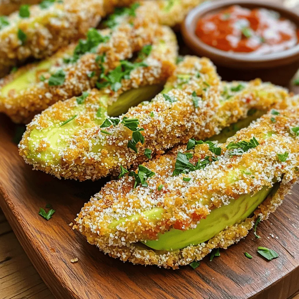 For the best fries, use ripe avocados. They should feel slightly soft when you press them gently. This softness is key for a creamy inside. Two ripe avocados will give you enough wedges for a tasty snack. Cut each avocado into even wedges to ensure they cook well. I recommend using panko breadcrumbs for this recipe. Panko gives a nice crunch that regular breadcrumbs can't match. You will need one cup of panko. Combine this with half a cup of grated Parmesan cheese. The cheese adds a rich flavor and helps the coating stick to the fries. To bring out the best taste, include some simple seasonings. You will need: - 1 teaspoon garlic powder - 1 teaspoon paprika - 1/2 teaspoon salt - 1/4 teaspoon black pepper These spices add great flavor and a little kick. You will also need two large eggs, beaten, to help the coating stick. Finally, grab some cooking spray to make the fries crispy and golden. Start by gathering your ingredients. You need 2 ripe avocados, cut into wedges. Prepare 1 cup of breadcrumbs, preferably panko for that extra crunch. Grate 1/2 cup of Parmesan cheese. Add 1 teaspoon of garlic powder, 1 teaspoon of paprika, 1/2 teaspoon of salt, and 1/4 teaspoon of black pepper. Lastly, beat 2 large eggs in a separate bowl. Now, we coat the avocado. First, dip each wedge into the beaten eggs. Allow the excess egg to drip off. Next, roll the wedge in the breadcrumb and Parmesan mix. Press down gently to make sure it sticks well. Repeat this for each avocado wedge. Preheat your air fryer to 400°F (200°C). Place the coated wedges in the air fryer basket. Make sure they are in a single layer and not touching. This helps them cook evenly. Lightly spray the tops with cooking spray to enhance crispiness. Air fry for 10-12 minutes until they are golden brown and crispy. For best results, shake the basket halfway through. Once done, carefully remove them and let them cool a bit before serving. To make your Parmesan avocado fries super crispy, use panko breadcrumbs. Panko is lighter and crunchier than regular breadcrumbs. Mix the breadcrumbs with grated Parmesan cheese, garlic powder, paprika, salt, and black pepper. This blend adds flavor and texture. When you coat the avocado, press down gently. This helps the coating stick well. Don’t overcrowd the air fryer basket. Space them out for even cooking. Spray the tops lightly with cooking spray before air frying. This step gives them a golden color and extra crispiness. Avocados can brown quickly after cutting. To keep them fresh, use lemon juice. Before you coat the avocado wedges, sprinkle a little lemon juice on them. This helps slow down the browning. If you have leftovers, cover them tightly with plastic wrap. Press it against the surface of the avocados to limit air contact. Store them in the fridge for best results. You can serve these fries in many fun ways. For a tasty twist, pair them with spicy marinara sauce. Ranch dressing also makes a great dip. If you want to add more flavor, sprinkle some chili flakes on top. You can also serve them as a side dish with grilled chicken or fish. They make a great snack for movie night too! Get creative and try different dips to find your favorite! {{image_2}} To turn up the heat, add some spice! Mix in cayenne pepper or chili powder with the breadcrumbs. You can start with half a teaspoon and adjust to your taste. For a kick, you can also drizzle sriracha on the fries before serving. This adds a tasty layer of flavor and heat that pairs well with the creamy avocado. You can make a vegan version too! Swap the eggs for a mixture of ground flaxseed and water. Use one tablespoon of flaxseed mixed with three tablespoons of water for each egg. Let it sit for five minutes to thicken. For cheese, try nutritional yeast. It gives a cheesy flavor without dairy. The result is still crispy and full of flavor! Feeling creative? Try adding different herbs and spices to the breadcrumb mix. Dried oregano or Italian seasoning can bring fresh taste. You can also experiment with lemon zest for a bright twist. For a fun crunch, mix in crushed nuts like almonds or walnuts. These variations keep the dish exciting and full of new flavors! After you make these fries, you might have some left. Store them in an airtight container. They will stay fresh in the fridge for up to three days. Make sure to let them cool down before you store them. This keeps them from getting soggy. To enjoy your leftover fries, reheating them is key. I suggest using the air fryer again. Set it to 350°F (175°C) for about 5-7 minutes. This will make them crispy again. You can also use an oven. Just spread them on a baking sheet and heat for the same time. If you want to keep your fries longer, freezing works well. First, let them cool completely. Then, place them in a single layer on a baking sheet. Freeze for about 1-2 hours. Once frozen, transfer them to a freezer bag. They can last up to three months in the freezer. When you are ready to eat, cook them straight from frozen in the air fryer. Yes, you can use regular breadcrumbs. However, panko gives a better crunch. Panko breadcrumbs are larger and lighter. They create a crispier texture when cooked. For best results, stick with panko for this recipe. Your avocado fries are done when they are golden brown. Check them after 10 minutes. You can shake the basket to help with even cooking. If they look crispy and feel firm, they are ready. Enjoy them hot for the best taste! Parmesan avocado fries taste great with many dips. I love spicy marinara or ranch dressing. You can also try garlic aioli or a zesty lime dip. These flavors enhance the avocado and cheese. Don’t be shy; mix and match your favorites! In this post, we covered the steps to make tasty avocado fries. We explored the right ingredients, from avocados to seasoning. You learned how to prep, coat, and air fry your wedges for the best crunch. We shared tips for keeping your fries crispy and ways to store or serve them. With fun variations and answers to common questions, you now have all you need. Enjoy experimenting with these fries in your kitchen!