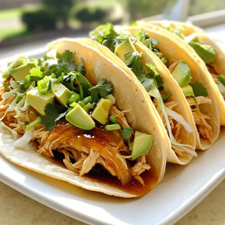- 1.5 lbs boneless, skinless chicken thighs - 1/2 cup honey - 1/4 cup soy sauce (low sodium recommended) - 4 cloves garlic, minced - 1 tablespoon fresh ginger, grated - 1 teaspoon sesame oil - 1 teaspoon red pepper flakes (adjust for spice level) - 1 tablespoon cornstarch mixed with 2 tablespoons water For these tacos, I love using chicken thighs. They stay juicy and tender as they cook. Honey brings a nice sweetness, while soy sauce adds depth. Garlic and ginger give a fantastic flavor burst. Sesame oil adds a rich, nutty touch. Red pepper flakes can spice things up, so adjust them to your taste. The cornstarch and water mix helps to thicken the sauce at the end. - Green onions - Avocado - Cilantro - Cabbage When it comes to toppings, I suggest sliced green onions for crunch and freshness. Diced avocado adds creaminess, while chopped cilantro gives a bright flavor. Shredded cabbage adds a nice crunch too. Feel free to mix and match these to create your perfect taco! - Slow cooker - Mixing bowl - Forks for shredding You will need a slow cooker to cook the chicken slowly, making it easy to shred. A mixing bowl is key for combining your sauce ingredients. Finally, you'll want forks for shredding the chicken once it’s cooked. This simple equipment makes the whole process smooth and fun. First, place the chicken thighs in the slow cooker. I prefer using boneless and skinless thighs. They stay juicy and tender. Next, in a mixing bowl, whisk together the honey, soy sauce, minced garlic, grated ginger, sesame oil, and red pepper flakes. This sauce brings a sweet and savory flavor. Make sure to mix well, so every ingredient blends together nicely. Pour this sauce over the chicken. Ensure every piece is well-coated for the best taste. Now, let’s talk about cooking. You can choose to cook on low or high. Cooking on low takes about 6 to 8 hours. This method gives the chicken a nice, tender texture. If you're short on time, cook on high for 3 to 4 hours. Both options work well, but I like low for better flavor. Check the chicken at the end of the cooking time. It should shred easily with a fork. Once the chicken is cooked, remove it from the slow cooker. Use two forks to shred it into bite-sized pieces. This makes it easy to fill your tacos. Now, let’s thicken the sauce. In a small bowl, mix the cornstarch with water until smooth. Stir this into the remaining sauce in the slow cooker. Turn the heat to high and let it thicken for about 10 minutes. Stir occasionally. Finally, return the shredded chicken to the slow cooker. Toss it with the thickened sauce to combine well. Now, your chicken is ready for the tacos! To get the best taste from your Slow Cooker Honey Garlic Chicken Tacos, focus on spice and flavor. If you like heat, add red pepper flakes. Start with a teaspoon. You can always add more if you want it spicier. If you love garlic, don't hold back! Add extra minced garlic to the sauce. Fresh ginger can also boost flavor. Just a bit more grated ginger can make a big difference. Tender chicken is key. Cook the chicken on low for 6-8 hours or high for 3-4 hours. You want it to shred easily with a fork. To thicken the sauce, use cornstarch mixed with water. Stir this mixture into the slow cooker. Let it cook on high for about 10 minutes. This will make your sauce nice and thick. What should you serve with your tacos? Some great sides include rice or a fresh salad. You can also add chips and salsa for a crunchy treat. If you have leftovers, store them in an airtight container. They will last in the fridge for up to 3 days. To enjoy your tacos later, just reheat them in the microwave or on the stove. {{image_2}} You can switch the chicken thighs for chicken breasts. Chicken breasts are leaner, but they can dry out. Cook them on low for more moisture. Ground turkey is another option. It gives a lighter taste and works great with the honey garlic sauce. You can also use ground beef for a richer flavor. Just make sure to drain excess fat after cooking. If you want a plant-based dish, try tofu or jackfruit. Tofu can soak up the sauce well and adds protein. Press it to remove extra water, then cube it before cooking. Jackfruit is another fun choice. It has a unique texture that mimics pulled pork. Use young green jackfruit, drain, and shred it. Add it to the slow cooker with the sauce for a tasty twist. You can change the flavor by adding spices or sauces. Try a bit of BBQ sauce for a smoky taste. Sriracha can add heat if you like it spicy. Feel free to experiment with ginger, onion powder, or even lime juice. This way, you can make each meal unique and exciting. To keep your honey garlic chicken tacos fresh, store leftovers in the fridge. Use an airtight container to prevent moisture loss. Place the chicken and tortillas in separate containers. This way, the tortillas stay soft. You can keep the leftovers for about 3 to 4 days. Always check for any signs of spoilage before eating. You can also freeze the honey garlic chicken filling. First, let it cool completely. Then, place it in freezer bags. Remove as much air as you can. This helps prevent freezer burn. The filling can stay fresh for about 3 months in the freezer. When you're ready to use it, thaw it overnight in the fridge. To reheat, just warm it in a skillet over medium heat. You can also use the microwave. Make sure it reaches a safe temperature before serving. For safe reheating, you can use the microwave or slow cooker. In the microwave, place the chicken in a bowl and cover it. Heat in short bursts, stirring in between. Keep an eye on it to avoid overcooking. In the slow cooker, add a little water to keep it moist. Set it on low and let it heat for about 30 minutes. This method keeps the chicken tender. Enjoy your tasty tacos again! Yes, you can use frozen chicken thighs. Just remember to adjust the cooking time. When using frozen meat, cook on high for 4-5 hours or low for 8-10 hours. This allows the chicken to cook through safely. Check that it reaches 165°F for safety. You can thicken the sauce easily. The main method is mixing cornstarch with water. Stir this mix into the sauce in the slow cooker. Heat on high for about 10 minutes. If you prefer, you can also use arrowroot powder or flour for thickening. Just mix it well to avoid lumps. Yes, you can prepare these tacos ahead of time. Cook the chicken and sauce as directed. Once done, let it cool before storing. You can keep it in the fridge for up to three days. When ready to serve, warm the chicken and fill the tortillas. Enjoy a quick meal! This blog post explored a delicious honey garlic chicken recipe. We covered essential ingredients like chicken thighs, honey, and soy sauce. The step-by-step instructions guide you in cooking and shredding chicken perfectly. We shared tips for flavor and texture, plus tasty toppings. You can even try variations with different proteins or spices. Storing leftovers properly ensures you can enjoy this meal multiple times. With these insights, you can prepare a delightful dish that impresses your family and friends. Happy cooking!
