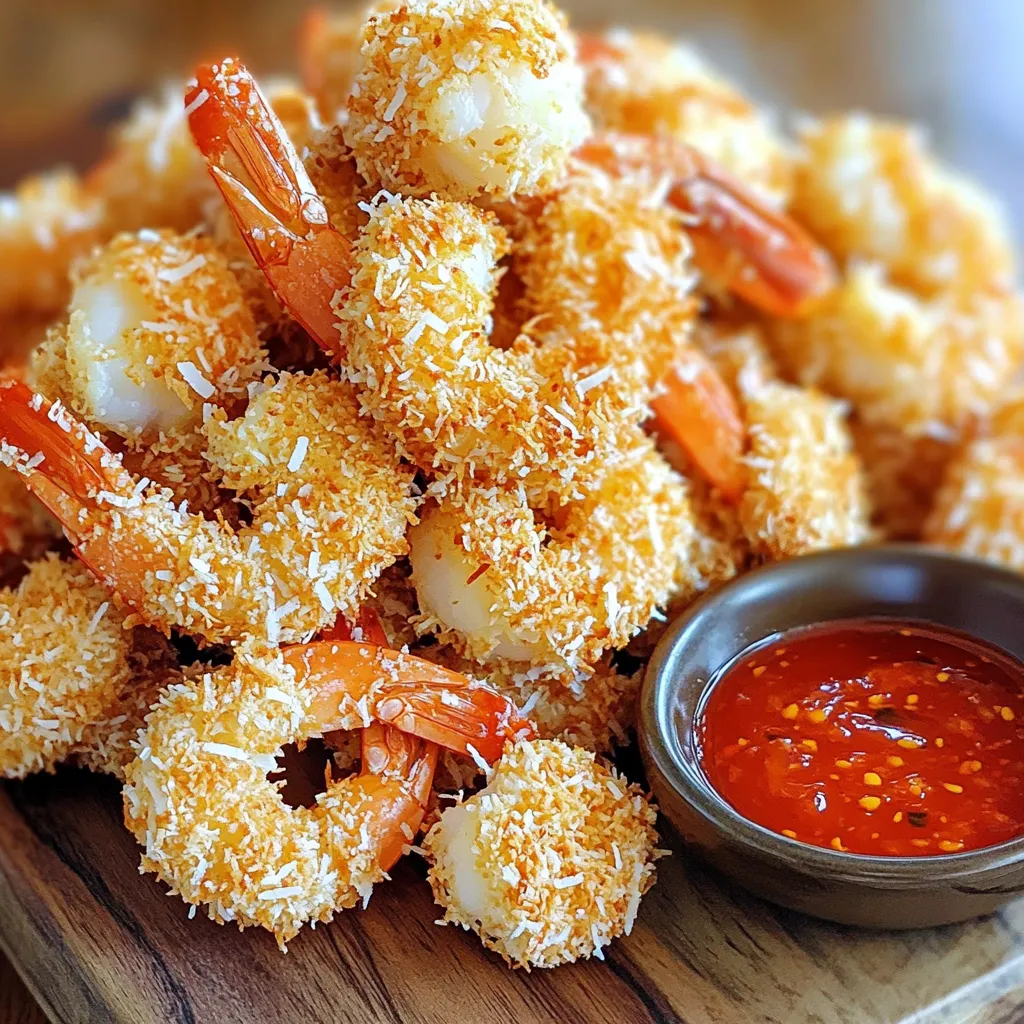 - 1 lb large shrimp, peeled and deveined - 1 cup unsweetened shredded coconut - 1 cup panko breadcrumbs - 1/2 cup all-purpose flour - 2 large eggs - 1 teaspoon garlic powder - 1 teaspoon salt - 1/2 teaspoon black pepper - 1/2 teaspoon paprika - Cooking spray or oil for spraying Each serving of these air fryer coconut shrimp has about 300 calories. The breakdown is as follows: - Protein: 20g - Carbohydrates: 30g - Fat: 15g This dish is a tasty way to enjoy shrimp while keeping it light and crispy. The mix of coconut and panko gives the shrimp a delightful crunch. You’ll love how easy it is to make this gourmet treat right at home. With a simple list of ingredients, anyone can enjoy this dish. You can even customize it with your favorite spices! To start, you need to prepare the shrimp. First, if the shrimp still have shells, peel them off. Next, devein each shrimp by making a small cut along the back. This removes the dark vein. Rinse the shrimp under cold water to clean them. After rinsing, pat them dry with paper towels. Dry shrimp help the coating stick better. Now, let’s set up your breading station. In a bowl, mix 1/2 cup of all-purpose flour with 1 teaspoon of garlic powder, 1 teaspoon of salt, 1/2 teaspoon of black pepper, and 1/2 teaspoon of paprika. This mix adds great flavor. In another bowl, whisk 2 large eggs until they are smooth. In a third bowl, combine 1 cup of unsweetened shredded coconut and 1 cup of panko breadcrumbs. This mix gives the shrimp a crunchy finish. Now for the fun part: breading and cooking the shrimp! First, take a shrimp and dredge it in the flour mixture, coating it well. Next, dip the floured shrimp into the egg, letting any excess drip off. Finally, roll the shrimp in the coconut-panko mix, pressing lightly. Before cooking, preheat your air fryer to 400°F (200°C) for about 5 minutes. Lightly spray the air fryer basket with cooking spray. Arrange the breaded shrimp in a single layer, ensuring space between them for even cooking. Cook the shrimp for 8-10 minutes, flipping them halfway through. They should turn golden brown and crispy. Once cooked, remove them and repeat with any remaining shrimp. Enjoy these crispy delights with your favorite dipping sauce. To get that perfect crispy texture, drying the shrimp is key. Water can make the coating soggy. After rinsing, pat the shrimp dry with paper towels. This helps the breading stick well. For breading, a good process helps too. Start by dredging the shrimp in flour. Then dip them in beaten eggs before rolling them in the coconut and panko mix. Press lightly to ensure even coverage. Using cooking spray or oil can impact crispiness. Cooking spray is easy and quick. It also provides a light coat. On the other hand, oil can give a richer flavor. If you choose oil, use a light oil like canola or avocado. These oils can handle high heat well. Each method gives a nice crunch, so pick what you like best. For dips, sweet chili sauce pairs great with coconut shrimp. It adds a nice kick. You can also try spicy aioli for a creamy touch. When plating, arrange the shrimp in a circle. Add a small bowl of sauce in the center. This makes it look fancy and fun. A sprinkle of fresh herbs on top adds color too. Enjoy! {{image_2}} You can easily customize the flavor of your air fryer coconut shrimp. Here are some ideas: - Adding spices to the flour mixture: Mix in a pinch of cayenne pepper for heat, or try adding some curry powder for a unique twist. You can also use smoked paprika for a deeper flavor. - Using different types of shrimp: While large shrimp work best, medium or even jumbo shrimp can add variety to your dish. You can also try using shrimp with different flavors, like garlic or lemon-marinated shrimp. Switch up the breading for a different texture or dietary needs. - Coconut flour for gluten-free version: Use coconut flour instead of all-purpose flour. This swap will keep the shrimp crispy while making it gluten-free. - Other breadcrumb alternatives: If you want to avoid panko, try crushed cornflakes or almond flour. Both options add crunch and flavor. Pair your coconut shrimp with delightful sides to make a full meal. - Suggestions for accompaniments: Serve your shrimp with a tangy dipping sauce like sweet chili or spicy aioli. You could also try a zesty mango salsa for a fruity touch. - Pairing with sides like rice or salad: A bed of coconut rice or a fresh green salad can balance the rich flavors of the shrimp. You can also add a side of grilled veggies for extra color and nutrition. To keep your air fryer coconut shrimp fresh, use airtight containers. Glass or plastic containers work well for this. You can store them in the fridge for up to three days. Make sure they cool down before sealing. This helps keep them crispy longer. To reheat your shrimp and keep them crispy, use the air fryer. Preheat it to 350°F (175°C). Place the shrimp in a single layer. Heat for about 5 minutes. This method keeps them crunchy. Avoid using a microwave, as it makes them soggy. You can freeze coconut shrimp for later use. First, let them cool completely. Lay them on a baking sheet and freeze until firm. Once frozen, transfer them to a freezer bag. They can last up to three months in the freezer. When ready to eat, thaw them overnight in the fridge. Reheat using the air fryer to restore crispiness. Yes, you can use frozen shrimp. Just make sure to thaw them properly before cooking. To thaw the shrimp, place them in the fridge overnight. If you need them fast, put them in a bowl of cold water for about 15-20 minutes. Change the water every few minutes to keep it cold. Once thawed, rinse and pat them dry with paper towels. This step helps ensure they are ready for a perfect crispy coating. To keep your shrimp crispy, avoid common mistakes. First, ensure the shrimp are dry before breading. Excess moisture makes it hard for the coating to stick. Second, do not overcrowd the air fryer basket. Each shrimp needs space for hot air to flow. Flip the shrimp halfway through cooking to brown both sides evenly. Finally, use cooking spray lightly to help achieve that golden, crispy finish. The right sauce enhances your coconut shrimp. Here are a few tasty options: - Sweet Chili Sauce: Just pour it from the bottle. It’s sweet and spicy. - Spicy Aioli: Mix mayo with a bit of sriracha for a creamy kick. - Mango Salsa: Chop fresh mango, red onion, and cilantro. Add lime juice for a fresh dip. These sauces are quick to make and pair well with the shrimp. Enjoy experimenting with flavors! You now know how to make delicious coconut shrimp from scratch. We covered the ingredients, preparation, and cooking process step-by-step. You learned tips for crispiness and explored various flavor options. Plus, I shared storage advice and answered common questions. You can impress friends and family with your tasty coconut shrimp. Enjoy experimenting and serving this dish your way!
