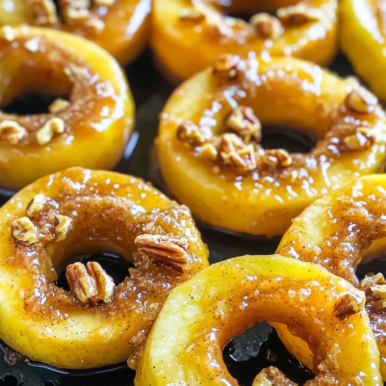 - 3 medium apples (honeycrisp or fuji recommended) - 1 teaspoon ground cinnamon - 2 tablespoons brown sugar - 1 tablespoon lemon juice - 1 teaspoon vanilla extract - 1 tablespoon melted butter or coconut oil - A pinch of salt - Optional: Chopped nuts for topping (walnuts or pecans) To make these sweet cinnamon apple rings, you need fresh apples. I suggest honeycrisp or fuji for their sweetness and crispness. You will also need ground cinnamon to create that warm flavor. Brown sugar adds a touch of sweetness, while lemon juice gives a nice tang. Vanilla extract enhances the taste, making it richer. Melted butter or coconut oil helps the mixture stick to the apples. A pinch of salt boosts all the flavors. If you want extra crunch, chopped nuts like walnuts or pecans are a great choice. Gather these ingredients before you start cooking. This way, you will have everything ready to go. It makes the cooking process smooth and fun! First, wash the apples under cool water. This step is key for cleanliness. Next, core each apple using a sharp knife or an apple corer. Slice the apples into rings about 1/4-inch thick. After slicing, remove any seeds from the apple rings. This makes them safe to eat and pleasant to bite into. In a large bowl, combine the ground cinnamon, brown sugar, melted butter or coconut oil, lemon juice, vanilla extract, and a pinch of salt. Stir until the mixture is smooth and well combined. This blend will give your apple rings a sweet and warm flavor. Now, add the apple rings to the bowl. Toss them in the cinnamon mixture until each ring is well coated. This step ensures every bite is full of flavor. Preheat your air fryer to 320°F (160°C) for about 3-5 minutes. Arrange the coated apple rings in a single layer in the air fryer basket. Avoid overcrowding to allow for even cooking. Air fry the apple rings for 10-12 minutes. Flip them halfway through to get an even crisp. When they are done, the rings should be tender and lightly caramelized. Enjoy! Choose apples that are crisp and sweet. Honeycrisp and Fuji are my favorites. They hold their shape well and have great flavor. A good texture adds to the crunch you want in each bite. Sweetness matters too. The sweeter the apple, the less sugar you need. This makes for a healthier treat. You can adjust the cinnamon and sugar to match your taste. If you like it sweeter, add more brown sugar. For a spicier kick, try using more cinnamon. You can also mix in other flavors. A dash of nutmeg or a splash of maple syrup adds a nice twist. Experimenting with flavors makes cooking fun. When using the air fryer, arrange the apple rings in a single layer. This helps them cook evenly. If your basket is small, cook in batches. Preheat the air fryer to 320°F (160°C) for best results. This temperature allows the apples to caramelize lightly while becoming tender. This step is key to achieving that perfect balance of flavor and texture. {{image_2}} You can add a tasty crunch to your apple rings by mixing in chopped nuts. Walnuts or pecans work great for this. Just sprinkle them on top before serving. If you prefer a nut-free option, try adding seeds instead. Sunflower seeds or pumpkin seeds add a nice texture without nuts. Want to kick up the flavor? Experiment with other spices! Nutmeg or allspice can add warmth to your dish. For a unique twist, mix these spices with cinnamon. This combo can create a fun new flavor that surprises your taste buds. These apple rings taste amazing with a scoop of yogurt or ice cream. Serve them warm for a cozy treat or let them cool for a refreshing snack. You can also try them on pancakes or waffles for a delicious breakfast twist. To keep your apple rings fresh, use airtight containers. Glass or plastic containers work well. Store them in the fridge for up to three days. Make sure they are completely cool before sealing. This helps prevent moisture build-up that can make them soggy. To reheat apple rings, use your air fryer. Set it to 320°F (160°C) for 3-5 minutes. This keeps them crispy. You can also use a microwave, but they may lose some crunch. Place a damp paper towel over them to help with moisture. To freeze apple rings, place them in a single layer on a baking sheet. Freeze for about two hours until firm. Then, transfer the rings to a freezer bag. Remove as much air as you can. To thaw, just leave them in the fridge overnight. For best results, reheat them in the air fryer. Yes, you can! While apples shine in this recipe, other fruits work well too. Pears offer a sweet and juicy bite. Peaches add a nice twist with their soft texture. Try using plums for a tart flavor. Just remember to adjust cooking times as needed, depending on the fruit’s firmness. To peel apples quickly, use a sharp vegetable peeler. Start at the top and move down in a steady motion. Make sure to remove any tough spots. Another option is to use a paring knife for precision. If you prefer, you can leave the skins on for extra fiber and nutrients. Look for a golden-brown color on the apple rings. They should be tender but not mushy. A fork should slide in easily, showing they are cooked well. If they feel soft and slightly caramelized, they are ready to enjoy! This blog post covered how to make delicious cinnamon apple rings. We looked at the essential ingredients and step-by-step instructions. I shared tips for choosing apples and perfecting the cinnamon mix. We also explored fun variations and how to store and reheat your treats. These cinnamon apple rings are tasty and easy to make. Enjoy experimenting with flavors and serving ideas. You can impress friends and family with this simple recipe!
