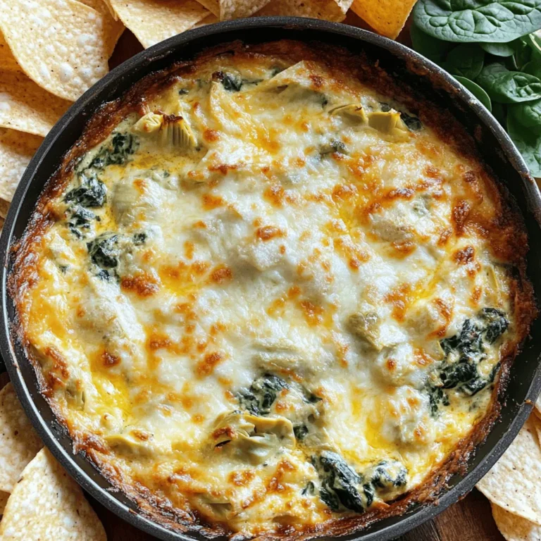 To make a tasty Creamy Spinach Artichoke Dip Skillet, gather these ingredients: - 1 cup fresh spinach, chopped - 1 cup canned artichoke hearts, drained and chopped - 1 cup cream cheese, softened - 1/2 cup sour cream - 1/2 cup mayonnaise - 1 cup shredded mozzarella cheese - 1/2 cup grated Parmesan cheese - 2 cloves garlic, minced - 1 teaspoon onion powder - 1/2 teaspoon red pepper flakes (optional) - Salt and pepper to taste - Fresh baguette or tortilla chips for serving Each ingredient plays a key role in this dip. The fresh spinach adds color and nutrition. The artichoke hearts give a nice texture. Cream cheese, sour cream, and mayo blend for a rich base. Mozzarella and Parmesan cheeses provide creaminess and flavor. Garlic adds a lovely aroma. Onion powder and red pepper flakes give depth and spice. Adjust salt and pepper based on your taste. If you need substitutes, here are some ideas: - Use frozen spinach instead of fresh. Just thaw and drain it well. - Swap cream cheese for Greek yogurt for a lighter dip. - Try a vegan mayo if you want a dairy-free option. - You can mix different cheeses like feta or cheddar for unique flavors. - Fresh herbs like basil or parsley can replace onion powder for freshness. These tips help you customize your dip to suit your taste and needs. Enjoy experimenting! Gather all your ingredients first. This makes cooking smooth and easy. You will need: - 1 cup fresh spinach, chopped - 1 cup canned artichoke hearts, drained and chopped - 1 cup cream cheese, softened - 1/2 cup sour cream - 1/2 cup mayonnaise - 1 cup shredded mozzarella cheese - 1/2 cup grated Parmesan cheese - 2 cloves garlic, minced - 1 teaspoon onion powder - 1/2 teaspoon red pepper flakes (optional) - Salt and pepper to taste - Fresh baguette or tortilla chips for serving Start by washing the spinach. Chop it finely and set it aside. Next, drain and chop the artichoke hearts. Heat a splash of olive oil in a medium skillet over medium heat. Add minced garlic and sauté it for about one minute. You want it fragrant but not burnt. Next, stir in the chopped spinach and artichokes. Cook until the spinach wilts, which takes about 2-3 minutes. In a mixing bowl, combine softened cream cheese, sour cream, mayonnaise, and onion powder. Mix until smooth and creamy. Then add mozzarella and Parmesan cheeses, salt, pepper, and red pepper flakes if you like heat. Stir well until everything is mixed. Pour this creamy cheese mixture into the skillet with the spinach and artichokes. Make sure to stir to combine everything evenly. Smooth the top of the dip in the skillet. If you want a cheesier finish, sprinkle a little extra mozzarella on top. Preheat your oven to 375°F (190°C) if you haven't already. Transfer the skillet to the oven and bake for 20-25 minutes. Look for a bubbly and golden topping. Once done, take it out and let it cool for a few minutes. Serve it hot with fresh baguette slices or crispy tortilla chips. Enjoy this creamy spinach artichoke dip skillet delight! To get a creamy dip, use softened cream cheese. This helps you mix it easily. Blend the cream cheese with sour cream and mayonnaise until smooth. The combination makes the dip rich. Adding mozzarella and Parmesan gives it even more creaminess. Mix all the cheeses well to avoid lumps. Bake until bubbly for that perfect texture. To boost flavor, add minced garlic right at the start. This brings out a nice aroma. You can also sprinkle in onion powder for depth. If you like heat, toss in red pepper flakes. A squeeze of lemon juice can brighten the taste. Fresh herbs like parsley or basil make it fresh and lively. Feel free to experiment with different spices that you enjoy. Serve this dip hot right from the skillet. It looks inviting and tastes amazing. Pair it with fresh baguette slices for dipping. Tortilla chips also work well for a crunchy bite. For a healthier option, try raw veggies like carrots or bell peppers. Always have extra cheese on top for a lovely finish. Enjoy sharing this creamy delight with friends and family! {{image_2}} You can easily make this dip vegan. Swap the cream cheese for a plant-based version. Use dairy-free sour cream and mayonnaise too. Nutritional yeast adds a cheesy flavor. You can also try blended cashews for creaminess. This keeps the rich taste without dairy. Cheese is key in this dip. While mozzarella and Parmesan work great, you can mix it up. Try cheddar or gouda for a different flavor. For a kick, add pepper jack. Each cheese brings its own taste and creaminess. Experiment to find your favorite blend. Herbs and spices can change this dip’s taste. Add fresh basil or parsley for brightness. A pinch of thyme or dill adds depth. For a spicy twist, increase the red pepper flakes. Garlic powder or smoked paprika can also boost flavor. Personalize it to match your palate! After enjoying your creamy spinach artichoke dip, store any leftovers in an airtight container. This helps keep it fresh and tasty. Make sure to cool the dip to room temperature before sealing it up. It will stay good in the fridge for about 3 to 4 days. If you want to enjoy it later, freezing is a great option. To reheat your dip, place it in a skillet over low heat. Stir it gently until it warms up. You can also use the microwave. Heat it in short bursts of 30 seconds, stirring in between. This way, you avoid overheating and keep it creamy. If it seems too thick, add a splash of milk or cream to loosen it. For freezing, transfer the dip to a freezer-safe container. Make sure to leave some space at the top for expansion. Label the container with the date. The dip can last for about 2 to 3 months in the freezer. When you’re ready to eat it, thaw it overnight in the fridge. Then, reheat following the instructions above. Enjoy your dip at any time! Bake the dip for 20-25 minutes. You want it to be bubbly and golden. Keep an eye on it. The dip is ready when the cheese melts and the top looks nice. Yes, you can make it ahead! Prepare the dip and store it in the fridge. Cover it tightly with plastic wrap. You can bake it later. Just remember to let it sit at room temp for a bit before baking. You have many tasty choices! Here are some ideas: - Fresh baguette slices - Crispy tortilla chips - Veggie sticks like carrots and celery - Pita bread or crackers - Breadsticks These options add fun and crunch to your meal! We covered all the key points for making a great spinach artichoke dip. We listed the needed ingredients and how to prepare them. The cooking steps used a skillet and an oven for a tasty finish. You learned tips for a creamier texture and great flavor. I shared some fun variations, along with storage tips to keep leftovers fresh. In closing, this dip is simple, tasty, and perfect for sharing. Enjoy experimenting with flavors and make it your own!