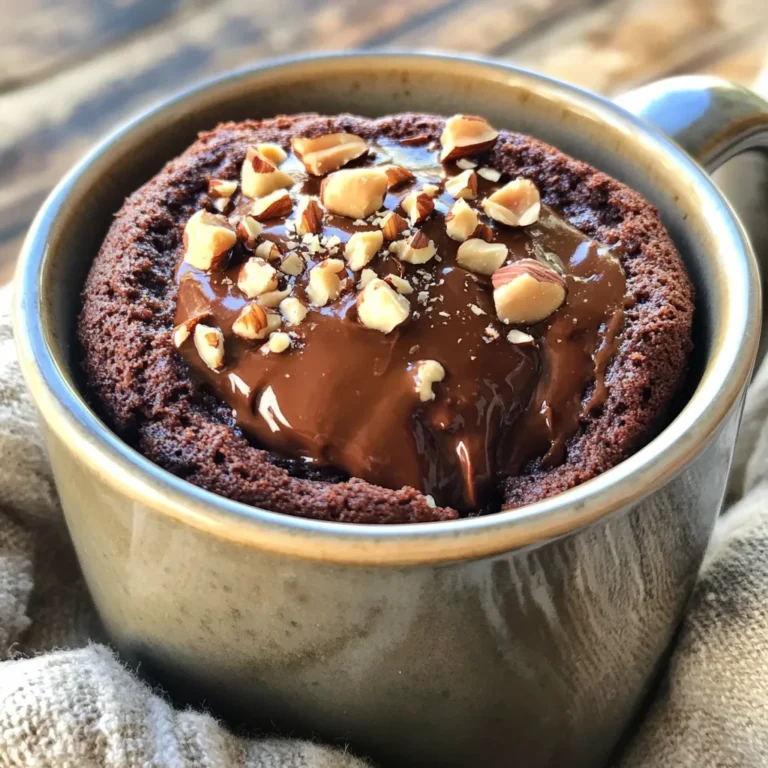 To make a delicious chocolate hazelnut mug cake, gather these easy-to-find ingredients: - 4 tablespoons all-purpose flour - 2 tablespoons unsweetened cocoa powder - 2 tablespoons sugar - 1/8 teaspoon baking powder - 1/8 teaspoon salt - 3 tablespoons milk (dairy or non-dairy) - 2 tablespoons vegetable oil - 1 teaspoon vanilla extract - 1 tablespoon chocolate hazelnut spread (like Nutella) - Optional: Chopped hazelnuts for topping These ingredients work together to create a rich and moist cake in just a few minutes. Using fresh ingredients helps enhance the flavor. Remember, the chocolate hazelnut spread is the star here, adding that creamy, nutty goodness. You can also get creative and add toppings like chopped hazelnuts for extra crunch. Start by gathering your dry ingredients. In a microwave-safe mug, add: - 4 tablespoons all-purpose flour - 2 tablespoons unsweetened cocoa powder - 2 tablespoons sugar - 1/8 teaspoon baking powder - 1/8 teaspoon salt Use a fork to mix these dry ingredients well. Make sure there are no lumps. This step is key for a smooth cake. Next, add your wet ingredients to the mug. Pour in: - 3 tablespoons milk (dairy or non-dairy) - 2 tablespoons vegetable oil - 1 teaspoon vanilla extract Stir the mixture until it forms a smooth batter. Ensure there are no dry spots left. This is where the magic begins! Now, it’s time to add the best part: the chocolate hazelnut spread. Drop in: - 1 tablespoon chocolate hazelnut spread You can leave it as a dollop or gently swirl it into the batter. This adds a rich, gooey center to your cake. Microwaving is quick and simple. Place the mug in the microwave and cook on high for about: - 1 minute and 20 seconds Check the cake after this time. It should look puffed and set in the center. If it’s still gooey, microwave in 10-second intervals. Be careful; the mug will be hot! After cooking, remove the mug from the microwave and let it cool for a couple of minutes. This helps the cake firm up. If you want to make it extra special, sprinkle chopped hazelnuts on top for some crunch. Enjoy your delightful chocolate hazelnut mug cake! To get the best texture and flavor, follow these tips: - Use a large mug. It helps the cake rise well. - Mix dry ingredients well. This avoids lumps and ensures even flavor. - Stir the wet ingredients until smooth. No dry spots should remain. - Drop the hazelnut spread in the center. This gives a tasty surprise. - Keep an eye on the microwave time. Under-cook slightly for a gooey center. Many people make these errors: - Overcooking makes the cake dry. Start with 1 minute and add time slowly. - Not measuring ingredients leads to bad texture. Use accurate measurements. - Skipping the mixing steps can cause uneven baking. Mix well for the best result. To enhance your mug cake experience, try these: - Top with whipped cream for extra creaminess. - Add fresh berries for a fruity contrast. - Drizzle with chocolate sauce for a rich touch. - Serve with a scoop of ice cream for a dessert treat. - Sprinkle chopped hazelnuts on top for added crunch. {{image_2}} You can make your mug cake even tastier. Try adding a pinch of cinnamon for warmth. Espresso powder can also boost the chocolate flavor. Just mix a little in with the dry ingredients. Both spices can make your cake richer and more complex. If you need gluten-free options, swap all-purpose flour for almond flour or a gluten-free blend. For a vegan version, use non-dairy milk and a plant-based oil. You can even replace the chocolate hazelnut spread with a nut-free option, like sunflower seed butter. Toppings can take your mug cake to the next level. Fresh fruits like sliced strawberries or bananas add a nice touch. You can also drizzle some chocolate sauce or caramel over the top. Whipped cream gives it a fun flair. Add chopped hazelnuts for crunch and flavor. Enjoy experimenting with these ideas! To keep your leftover mug cake fresh, place it in an airtight container. You can also cover the mug with plastic wrap. Store it in the fridge for up to two days. Before eating, make sure to check for any signs of spoilage. When you want to enjoy your mug cake again, the microwave is the best option. Heat it for about 10 to 15 seconds. This keeps the cake soft and warm. If it's still cool in the center, add a few more seconds. Avoid overheating, or it may become dry. You can freeze your mug cake if you have leftovers. Let it cool completely first. Wrap it tightly in plastic wrap, then place it in a freezer bag. It can last for up to a month in the freezer. When you're ready to eat it, thaw it in the fridge overnight. Then, reheat it in the microwave as described above. Enjoy! Yes, you can make this mug cake in the oven. 1. Preheat your oven to 350°F (175°C). 2. Mix the dry ingredients in a small bowl. 3. Add the wet ingredients to the bowl and stir until smooth. 4. Pour the batter into a small oven-safe dish. 5. Bake for about 15-20 minutes. Check for doneness with a toothpick. It should come out clean. This method may take longer, but it gives a nice texture. If you don't have chocolate hazelnut spread, try these options: - Peanut butter: Creamy or crunchy adds a nutty flavor. - Almond butter: A great choice for a different nutty taste. - Chocolate spread: Any sweet chocolate spread works well. - Sunflower seed butter: Perfect for nut-free diets. Each option brings its own twist to the cake. Yes, this recipe is safe for microwave use. - Use a microwave-safe mug to avoid accidents. - Be careful when removing the mug; it can be very hot. - Always check the cake after the cooking time. If it’s too gooey, microwave in short bursts. Following these tips ensures a safe and tasty treat. This mug cake recipe is easy and fun to make. We covered all the steps, from mixing dry and wet ingredients to perfecting your microwave time. You learned about tips to avoid common mistakes and ways to store leftovers. Plus, there are fun variations to try. Remember, the key is to experiment and enjoy your creations. With these guidelines, you can make a quick treat anytime you want. Happy baking!