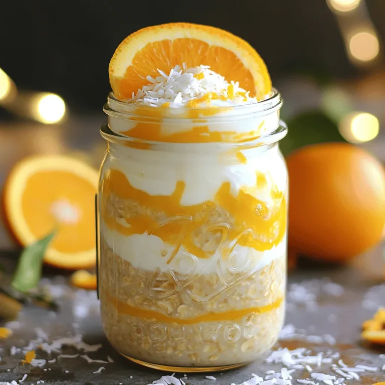 - 1 cup rolled oats - 1 cup almond milk (or milk of choice) - 1/2 cup Greek yogurt (vanilla or plain) - 1/4 cup fresh orange juice - Zest of 1 orange - 1 tablespoon honey or maple syrup - 1/4 cup shredded coconut - Slices of orange for garnish To make Orange Creamsicle Overnight Oats, start with the main ingredients. Rolled oats give the base a hearty feel. Almond milk or any milk you prefer makes it creamy. Greek yogurt adds protein and tang. Next, add the flavor enhancers. Fresh orange juice brings a bright burst. Orange zest gives it a fragrant kick. Honey or maple syrup adds sweetness, adjusting to your taste. If you want to get creative, toss in some shredded coconut for texture. Garnish with orange slices for a pretty presentation. This mix of ingredients creates a delightful breakfast that feels like dessert. 1. Start by taking a medium-sized bowl or a mason jar. 2. Combine 1 cup of rolled oats with 1 cup of almond milk. 3. Stir well until the oats are fully soaked in the milk. 4. Next, add 1/2 cup of Greek yogurt, 1/4 cup of fresh orange juice, and the zest of 1 orange. 5. For sweetness, mix in 1 tablespoon of honey or maple syrup. 6. Don’t forget to add 1 teaspoon of vanilla extract and a pinch of salt. 7. Stir everything until well blended. 1. If you want extra texture, fold in 1/4 cup of shredded coconut. 2. Cover the bowl or jar tightly with a lid or plastic wrap. 3. Place it in the fridge overnight, or for at least 4 hours. 4. This allows the oats to soak up the liquid and become soft. 1. In the morning, take the oats out of the fridge. 2. Give the mixture a good stir. 3. If it's too thick, add a splash of almond milk to loosen it up. 4. Spoon the oats into bowls. 5. Garnish with fresh orange slices and a sprinkle of shredded coconut if you like. To get the right texture, start with almond milk. If your oats feel too thick, add more almond milk. This makes them creamy. For the best flavor, use fresh orange juice and zest. These ingredients bring out the sweet orange taste. You can change the sweetness in your oats. If you want less sweetness, use less honey or maple syrup. For a different flavor, try other sweeteners. Agave nectar or stevia work well too. When making overnight oats, think ahead. Prepare them in jars for easy storage. This makes it simple to grab and go. Store your oats in the fridge. They last about three to five days. For reheating, add a splash of milk and warm in the microwave. Enjoy your tasty oats! {{image_2}} You can change up the flavor of your Orange Creamsicle Overnight Oats. Try adding other fruits like berries or bananas. These fruits bring new tastes and textures. They also add bright colors to your bowl. You can also switch up the yogurt flavor. Coconut or strawberry yogurt adds a nice twist. These flavors mix well with the orange taste. Feel free to experiment until you find your favorite combo! If you want vegan options, swap the Greek yogurt for plant-based yogurt. Use a non-dairy milk like oat or coconut milk. This makes the recipe vegan but still creamy and tasty. For gluten-free oats, choose certified gluten-free rolled oats. This ensures your oats are safe to eat. You can enjoy this recipe without worrying about gluten. Turn your overnight oats into a smoothie! Just blend the oats with some extra almond milk. This makes a quick breakfast that you can sip on the go. You can also sneak oats into baked goods. Mix them into muffins or pancakes for added nutrition. This way, you can enjoy oats in different meals throughout the day! You can store overnight oats in the fridge for up to five days. This makes them great for meal prep. For best results, use a glass jar or a tight-sealing container. These keep the oats fresh and prevent them from drying out. Yes, you can freeze overnight oats! They last up to three months in the freezer. Just put them in a freezer-safe container. When you're ready to eat, move them to the fridge. Let them defrost overnight. You can also warm them in the microwave for a quick meal. Look for changes in smell, texture, or color to know if oats should be tossed. If they smell sour or show mold, it’s time to discard them. To keep your oats fresh, store them in airtight containers and keep them chilled. This helps maintain their flavor and texture. Overnight oats last about 3 to 5 days in the fridge. Store them in a sealed container. This keeps them fresh and tasty. If you see any change in smell or color, it’s best to throw them out. I enjoy making a few servings at once to save time. You can use steel-cut oats, but the texture will change. Steel-cut oats take longer to soak and soften. They may need more liquid and time in the fridge. If you prefer a chewier bite, steel-cut oats can work well. Just remember to adjust your soaking time to at least 8 hours. Yes, this recipe is great for meal prep! You can make multiple servings in one go. Just double or triple the ingredients. Use mason jars for easy storage. Each jar can be a single serving. This makes breakfast quick and easy throughout the week. Enjoy a delicious meal without the morning rush! Overnight oats are easy, tasty, and healthy. We explored key ingredients like rolled oats, almond milk, and Greek yogurt. I shared steps for preparation, mixing, and chilling. You learned tips for texture, sweetness, and meal prep. I also offered ideas for variations and storage. In summary, overnight oats let you enjoy a quick breakfast every morning. Use your favorite flavors and personalize them. With these tips, you can make this dish your own and keep it fresh!