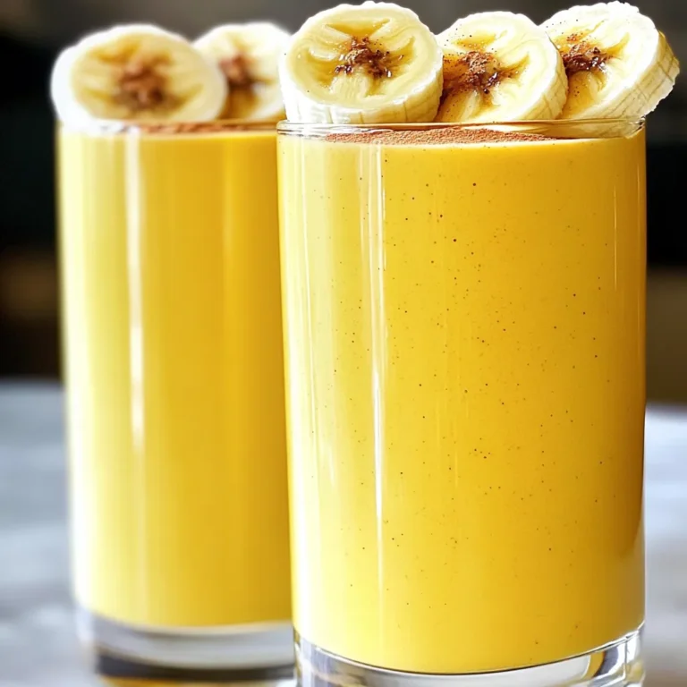 To make a Peanut Butter Banana Protein Smoothie, gather these simple ingredients: - 2 ripe bananas, frozen - 1/2 cup plain Greek yogurt - 2 tablespoons natural peanut butter - 1 cup almond milk (or milk of choice) - 1 tablespoon honey or maple syrup (optional, depending on sweetness preference) - 1/2 teaspoon vanilla extract - A pinch of cinnamon - 1 scoop vanilla protein powder (optional) - Ice cubes (optional, for a thicker texture) Each ingredient plays a key role. Frozen bananas give the smoothie a creamy base. Greek yogurt adds protein and a tangy flavor. Natural peanut butter brings rich taste and healthy fats. Almond milk keeps it light and smooth. Honey or maple syrup can sweeten the mix. Vanilla extract adds a warm aroma. Cinnamon gives it a hint of spice. Protein powder boosts nutrition, while ice cubes can thicken the blend. These ingredients come together to create a tasty and filling smoothie. They offer a mix of flavors and textures that you'll love. Plus, they help you stay full and energized throughout the day. 1. Start by gathering your base ingredients. You need two frozen bananas, Greek yogurt, two tablespoons of natural peanut butter, and almond milk. 2. Add the frozen bananas, Greek yogurt, and peanut butter to your blender. This mix creates a creamy base. 3. If you want a sweeter smoothie, add honey or maple syrup at this point. You can choose how sweet you want it. 4. Include a splash of vanilla extract and a pinch of cinnamon. These add warmth and depth to your smoothie. 5. If you want to boost your smoothie’s nutrition, sprinkle in a scoop of vanilla protein powder now. 1. Blend the ingredients on high until the mixture is smooth and creamy. It should look thick and luscious. 2. Check the texture. If it’s too thick for your liking, pour in a bit more almond milk. Blend again until it reaches your preferred consistency. 3. If you like a thicker smoothie, toss in a few ice cubes. Blend until the ice is crushed and the smoothie is silky. 1. Once blended, pour the smoothie into tall glasses or jars. This makes it easy to enjoy. 2. For a nice touch, garnish your smoothie with a sprinkle of cinnamon or a few banana slices on top. This makes it look even more inviting. 3. Use clear glassware to show off the smoothie’s beautiful colors. Enjoy your delicious creation! - Selecting ripe bananas: Look for bananas that have a few brown spots. These are sweet and perfect for smoothies. Overripe bananas add a creamier texture. - Choosing high-quality peanut butter: Use natural peanut butter with no added sugar or oils. This keeps the flavor pure and rich. - Altering sweetness levels: You can add honey or maple syrup to taste. Start with a little and add more if needed. This way, you control the sweetness. - Adding additional ingredients: Try mixing in a handful of spinach or a handful of berries. These add nutrients and a twist to the flavor. - Suggested protein powder types: Use vanilla protein powder for a flavor boost. It blends well with bananas and peanut butter. Choose a brand you trust. - Substituting with dairy-free alternatives: If you want a dairy-free smoothie, use almond milk or coconut yogurt. These options keep the smoothie creamy and delicious. {{image_2}} If you want a nut-free smoothie, you can still enjoy this treat. Use sunflower seed butter or soy nut butter instead of peanut butter. These options give you a creamy texture and a good flavor. They work well with bananas and yogurt. Try them to keep the taste and texture fun. For a dairy-free smoothie, switch to vegan yogurt. Coconut yogurt or almond yogurt is a great choice. These options give a nice creaminess without dairy. Use oat milk, coconut milk, or any other plant-based milk. This keeps the smoothie light and tasty. You can mix other fruits into your smoothie too. Berries like strawberries or blueberries add a sweet twist. You can also try mango or spinach for extra nutrients. Each fruit brings its unique taste, so feel free to experiment. Just remember to balance flavors for a smooth blend. To keep your peanut butter banana protein smoothie fresh, store it right. After blending, pour the smoothie into an airtight container. This keeps air out and helps it stay tasty. Place it in the fridge if you plan to drink it within 24 hours. If you want to store it longer, freezing is a great option. Pour the smoothie into freezer-safe bags or containers. Leave some space at the top because liquids expand when frozen. You can keep it frozen for up to three months. When you're ready to enjoy your frozen smoothie, take it out of the freezer. Let it sit at room temperature for about 10 minutes. This helps it soften. If you're in a hurry, you can run warm water over the outside of the container. To refresh a stored smoothie from the fridge, give it a good shake or stir. If it looks thick, add a splash of almond milk. Blend it again for a smooth finish. Enjoy your smoothie as if it’s fresh! A typical peanut butter banana protein smoothie has around 400 calories. Here’s the breakdown: - 2 ripe bananas: 210 calories - 1/2 cup plain Greek yogurt: 100 calories - 2 tablespoons natural peanut butter: 190 calories - 1 cup almond milk: 30 calories - 1 tablespoon honey or maple syrup (optional): 60 calories - 1 scoop vanilla protein powder (optional): 120 calories The total can change based on your choices. If you skip honey, it drops. Using full-fat yogurt or whole milk can raise it. Yes, you can skip protein powder. The smoothie will still taste great. However, it will have less protein. This means it might not keep you full as long. To boost protein, try adding more Greek yogurt. This keeps the texture smooth and creamy. Freezing bananas is easy. Here are some steps: 1. Choose ripe bananas. They should have a few brown spots. 2. Peel the bananas. This makes blending easier. 3. Slice them into pieces. This helps them freeze faster. 4. Place the pieces in a single layer on a baking sheet. This prevents them from sticking together. 5. Freeze for 1-2 hours. Once firm, transfer the pieces to a freezer bag. This method keeps bananas ready for your smoothie. This article covered all you need to know for a delicious peanut butter banana smoothie. We talked about the key ingredients, step-by-step instructions, and helpful tips for the best flavor. Remember, you can make this smoothie your own by trying different fruits or adjusting sweetness. Proper storage will keep your smoothies fresh and tasty. Enjoy your smoothie adventures, and feel free to experiment with variations to find your perfect blend! A nutritious drink is just a blend away.
