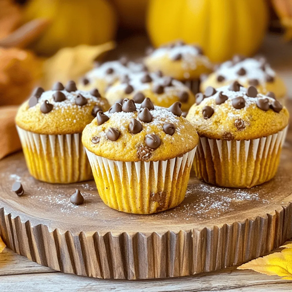 - Canned pumpkin puree: You need 1 cup of this to add moisture and flavor. - Vegetable oil: Use 1/2 cup for a soft and tender muffin. - Brown sugar and granulated sugar ratio: Mix 2/3 cup brown sugar with 1/3 cup granulated sugar. This balance gives sweetness and depth. - Eggs and vanilla extract: Use 2 large eggs and 1 teaspoon of vanilla extract for richness and flavor. - All-purpose flour and leavening agents: You will need 2 cups of all-purpose flour, 1 teaspoon of baking soda, and 1 teaspoon of baking powder. These help the muffins rise. - Ground spices: Use 1 teaspoon of cinnamon, 1/2 teaspoon of nutmeg, and 1/4 teaspoon of ginger for that warm, spiced flavor. - Semi-sweet chocolate chips: Fold in 1 cup to add sweetness and a delightful chocolate surprise in every bite. Each ingredient plays a key role. The pumpkin provides a moist base, while the sugars add sweetness. The spices bring warmth, and the chocolate chips offer a rich contrast. First, you need to preheat your oven. Set it to 350°F (175°C). This helps muffins bake evenly. While the oven heats, prepare your muffin tin. You can use paper liners for easy cleanup. If you prefer, grease the tin lightly with oil or butter. This prevents sticking. In a large bowl, combine the canned pumpkin puree, vegetable oil, brown sugar, and granulated sugar. Whisk these ingredients together until they blend well. This creates a smooth base for your muffins. Next, add two large eggs and one teaspoon of vanilla extract. Whisk again until the mixture is fluffy and light. In a separate bowl, sift together two cups of all-purpose flour, one teaspoon of baking soda, and one teaspoon of baking powder. Sifting helps your muffins rise better. Then, mix in the spices: one teaspoon of ground cinnamon, half a teaspoon of ground nutmeg, a quarter teaspoon of ground ginger, and a quarter teaspoon of salt. Now, slowly add the dry mixture to the wet mixture. Stir gently with a spatula until just combined. Be careful not to overmix. Overmixing makes the muffins tough. Once combined, fold in one cup of semi-sweet chocolate chips. This adds a sweet touch to each bite. Use a scoop to fill each muffin cup about two-thirds full. This allows room for the muffins to rise. Place the muffin tin in the preheated oven. Bake for 18 to 22 minutes. To check if they are done, insert a toothpick into the center. If it comes out clean, they are ready. After baking, remove the muffins from the oven. Let them cool in the tin for five minutes. Then transfer them to a wire rack. This prevents sogginess. Serve the muffins warm, dusted with powdered sugar or topped with whipped cream. For a lovely display, arrange them on a rustic wooden platter. - Use room temperature ingredients. This helps the batter mix well and rise better. - Check muffins with a toothpick. Insert it into the center; it should come out clean. - Try adding chopped nuts like walnuts or pecans. Dried fruits like cranberries can add sweetness. - Feel free to boost the spices. A bit more cinnamon or nutmeg can make a big difference. - Avoid overmixing the batter. This can lead to tough muffins. Mix until just combined. - Fill muffin cups about 2/3 full. If you overfill, they might spill over while baking. {{image_2}} If you want to make these muffins gluten-free, there are great options. You can use almond flour or coconut flour. Both add a unique taste. You can also try a gluten-free all-purpose blend. Make sure the blend has xanthan gum; this helps with texture. For a vegan twist, you can replace eggs with flax eggs. Mix one tablespoon of flaxseed meal with three tablespoons of water. Let it sit for a few minutes until it thickens. For dairy-free options, use almond or oat milk instead of regular milk. You can also use coconut oil in place of vegetable oil. To switch up the flavor, consider adding more spices. You can include allspice or cloves for a warmer taste. Vanilla extract can be replaced with maple extract for a sweet twist. If you want more chocolate, try using dark chocolate chips or even white chocolate. Each choice brings a new taste experience. To keep your pumpkin spice chocolate chip muffins fresh, place them in an airtight container. This helps prevent them from drying out. Store the container at room temperature for up to three days. If you want to enjoy them longer, consider placing a piece of bread in the container. The bread helps retain moisture and keeps the muffins soft. If you want to save your muffins for later, freezing is a great option. Let the muffins cool completely before wrapping them tightly in plastic wrap. Then, place them in a freezer-safe bag or container. This method keeps them fresh for up to three months. When you're ready to enjoy them, simply take them out and let them thaw at room temperature. To reheat your muffins, preheat your oven to 350°F (175°C). Place the muffins on a baking sheet and warm them for about 10 minutes. This method helps restore their soft texture and enhances their flavor. You can also use a microwave for quick reheating. Heat each muffin for about 15-20 seconds, but be careful not to overheat, as this can make them tough. You can use applesauce as a great substitute. It gives a nice texture and sweetness. Another option is butternut squash puree. It has a similar taste and works well in muffins. Yes, you can use fresh pumpkin. Just cook it until soft, then mash it. Remember to drain any extra water. This way, your muffins stay moist and tasty. Stick a toothpick into the center of a muffin. If it comes out clean, the muffins are done. They should also be golden brown on top. Trust your eyes and your nose! Absolutely! Just scoop less batter into mini muffin tins. Bake for about 10 to 15 minutes. Keep an eye on them, as they bake faster than regular muffins. These muffins stay fresh for about 3 days at room temperature. To keep them longer, store them in the fridge. You can also freeze them for up to 3 months. Just thaw before you eat! In this post, we covered how to make delicious pumpkin muffins. You learned about essential ingredients like canned pumpkin, spices, and chocolate chips. The step-by-step instructions showed how to mix and bake the muffins perfectly. Tips helped you avoid common mistakes for better results. Now, you can enjoy these tasty treats as a snack or dessert. Experiment with flavors and storage options to make them your own. Happy baking!