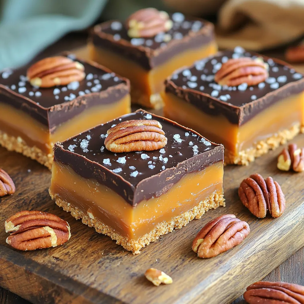 - 1 ½ cups graham cracker crumbs - ½ cup unsweetened cocoa powder - 1 cup unsalted butter, melted - 1 cup brown sugar, packed - 1 cup sweetened condensed milk - 1 cup semi-sweet chocolate chips - 1 cup pecans, chopped (or walnuts) - 1 teaspoon vanilla extract - ½ teaspoon sea salt - Additional sea salt for topping For these no-bake salted caramel turtle bars, you need a mix of sweet and salty flavors. The graham cracker crumbs and cocoa powder create a tasty base. You will also need melted butter, which helps bind everything together. Brown sugar adds sweetness, while sweetened condensed milk brings richness and creaminess. The chocolate chips will top the bars, giving a smooth finish. Chopped pecans or walnuts add a nice crunch and flavor. Don’t forget the vanilla extract and sea salt, as they enhance the taste. Use extra sea salt for the top to balance the sweetness. These simple ingredients make a delicious treat that everyone will love. To start, grab a mixing bowl. Combine 1 ½ cups of graham cracker crumbs and ½ cup of unsweetened cocoa powder. This mix gives the bars a rich flavor. Next, stir in 1 cup of melted butter and 1 cup of packed brown sugar. Mix until it looks like wet sand. This will be your base layer, so make sure it’s well combined. Now, take an 8x8 inch square pan and line it with parchment paper. Leave some paper hanging over the edges for easy lifting later. Firmly press the graham cracker mixture into the bottom of the pan. You want it even and compact. After pressing, pop it in the fridge. Let it firm up while you make the filling. For the caramel filling, use a medium saucepan. Heat 1 cup of sweetened condensed milk, 1 cup of unsalted butter, and 1 teaspoon of vanilla extract over medium heat. Stir the mixture continuously. You want it to bubble and thicken, which takes about 5-7 minutes. This step is key for a creamy filling. Once the caramel thickens, remove it from heat. Fold in 1 cup of chopped pecans or walnuts. Pour this delicious caramel mixture over your graham cracker base. Spread it evenly with a spatula. Don’t forget to sprinkle ½ teaspoon of sea salt on top for that perfect sweet and salty combo. Next, melt 1 cup of semi-sweet chocolate chips. Use a microwave-safe bowl and heat in 30-second bursts. Stir in between each session until smooth. Once melted, pour the chocolate over the caramel layer. Spread it out evenly to cover everything. Now, return the pan to the fridge. Chill for at least 2 hours, or until set. After chilling, lift the bars out of the pan using the parchment paper. Cut them into squares and sprinkle some extra sea salt on top. These bars are sure to impress! - Press the graham cracker mixture well into the pan. This makes a strong base. - Cook the caramel filling until it thickens. This gives a nice texture to the bars. - Serve the bars on a rustic wooden board or a white platter. This looks great. - Add whole pecans on top and sprinkle sea salt for a pretty finish. - Do not overheat the chocolate or caramel. This can ruin their smoothness. - Do not skip chilling time for the bars. It helps them set properly for slicing. {{image_2}} You can switch pecans for walnuts in this recipe. Walnuts give a nice crunch and a slightly different taste. If you or someone you know has nut allergies, don’t worry! You can make these bars nut-free. Just skip the nuts altogether, or use seeds like sunflower or pumpkin seeds for a similar texture. Want to change up the flavor? You can add almond or butterscotch extract to the caramel filling. These flavors mix well with the chocolate and make your bars unique. You can also try using dark or milk chocolate chips instead of semi-sweet. Each type of chocolate gives a different taste that might surprise you! If you want a healthier option, consider using honey or maple syrup instead of brown sugar. These natural sweeteners add a nice flavor while cutting down on processed sugars. You can also use low-fat graham crackers. They help make your dessert a bit lighter while keeping that great taste. Enjoy experimenting with these tasty swaps! To keep your no-bake salted caramel turtle bars fresh, store them in an airtight container. This helps maintain their texture and flavor. Use a glass or plastic container with a tight lid. If you stack the bars, place parchment paper between layers to avoid sticking. If you want to save some for later, you can freeze the bars. Wrap each bar in plastic wrap or foil. Then, place them in a freezer-safe bag or container. This will help keep them safe in the freezer for up to three months. When you’re ready to enjoy, take out the bars and let them thaw in the fridge for a few hours. These bars stay fresh for about one week in the fridge. Look for signs of spoilage like a change in smell or texture. If they become hard or dry, it’s best to toss them. Proper storage helps keep them tasty for a long time. Yes, you can make the caramel filling on the stovetop. Use a medium saucepan over medium heat. Combine sweetened condensed milk, butter, and vanilla extract. Stir often to avoid burning. When it bubbles, let it cook for 5 to 7 minutes. This helps it thicken nicely. Make sure to watch it carefully while it cooks. These no-bake bars need at least 2 hours in the fridge to set. This time helps the layers firm up. If you want them extra firm, leave them in longer. A good chill makes cutting easier and keeps the bars together. Yes, you can substitute sweetened condensed milk. Use coconut milk mixed with sugar. You can also blend regular milk with sugar and heat it until thick. This will give you a similar texture, but the flavor might change a bit. If you don't have graham cracker crumbs, try using crushed cookies. Vanilla wafers or digestive biscuits work well too. You can even use oats for a healthier option. Just blend them until fine. This will give you a nice base for the bars. You now have a complete guide to making delicious no-bake bars. We covered the key ingredients and step-by-step instructions to ensure your success. Remember to take care with each layer, from the graham cracker base to the melted chocolate topping. Use the tips provided to avoid common mistakes and explore fun variations to suit your taste. Store your bars properly to keep them fresh and ready to enjoy. Experiment and enjoy every bite of your homemade treat!