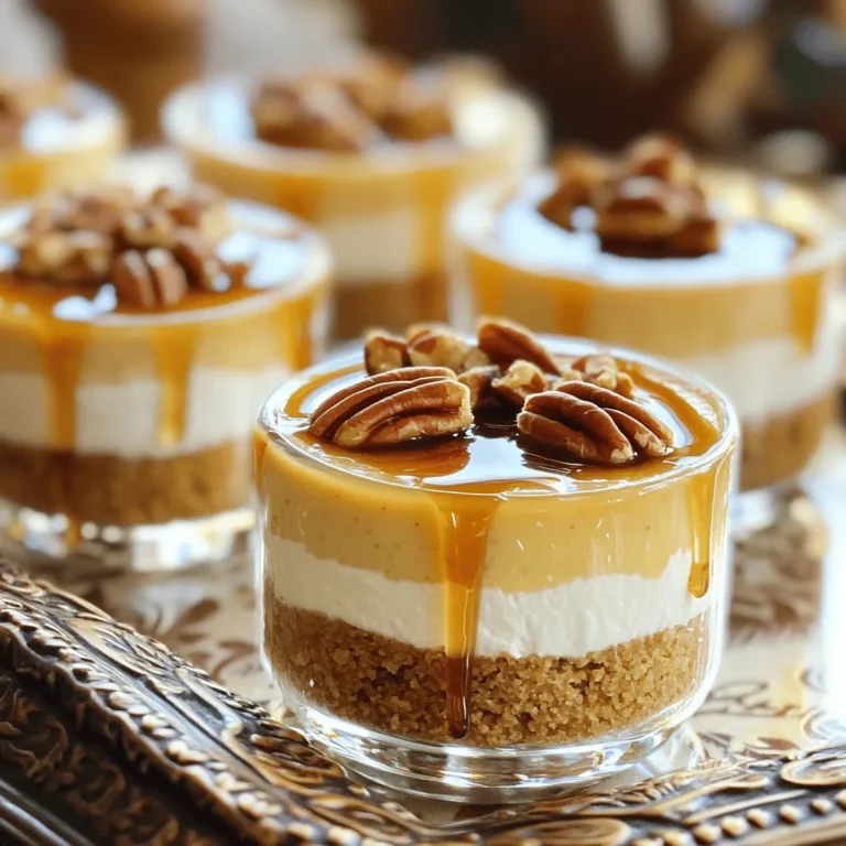 To make Maple Pecan Cheesecake Cups, you will need: - 1 cup crushed graham crackers - 1/2 cup unsalted butter, melted - 2 tablespoons brown sugar - 1 cup cream cheese, softened - 1/2 cup powdered sugar - 1/2 cup maple syrup - 1 teaspoon vanilla extract - 1 cup heavy whipping cream - 1/2 cup chopped pecans, lightly toasted - Additional pecan pieces and maple syrup for topping Using high-quality ingredients makes a difference. Look for pure maple syrup for the best flavor. Choose unsalted butter to control the salt level in your dessert. Softened cream cheese is key; let it sit out to soften. Heavy cream should be fresh for the best whipping results. Lightly toasting the pecans brings out their flavor and adds crunch. You can adjust ingredients based on your needs: - Use gluten-free graham crackers if needed. - Swap cream cheese for mascarpone for a rich twist. - For a dairy-free version, try nut cream cheese and coconut whipped cream. - Maple syrup can be replaced with honey or agave syrup for a different taste. - Pecans can be substituted with walnuts or almonds if desired. First, gather your ingredients. You need 1 cup of crushed graham crackers, 1/2 cup of melted unsalted butter, and 2 tablespoons of brown sugar. In a mixing bowl, combine these three ingredients. Mix them until they look like wet sand. This mixture will make a tasty base for our cheesecake cups. Next, take small dessert cups or jars. Spoon about 2 tablespoons of the crust mix into each cup. Press down firmly to form a solid layer. This step is key for a good crust. Set these cups aside while you make the filling. Now, let’s create the creamy filling. In another bowl, beat 1 cup of softened cream cheese until it’s smooth. Gradually add 1/2 cup of powdered sugar, 1/2 cup of maple syrup, and 1 teaspoon of vanilla extract. Mix until everything is well combined and creamy. In a different bowl, whip 1 cup of heavy cream. Keep whipping until stiff peaks form. This will add fluffiness to your cheesecake. Gently fold the whipped cream into the cream cheese mix. Do this until no white streaks remain. Finally, stir in 1/2 cup of lightly toasted pecans, saving some for later. Now it’s time to layer the cups. Spoon the cheesecake mixture over the crust in each cup. Smooth the tops with a spatula for a nice finish. Once all cups are filled, cover them with plastic wrap. Refrigerate for at least 4 hours, or until set. Before serving, drizzle extra maple syrup over each cup. Sprinkle the reserved pecans on top for crunch. This adds a lovely touch and makes them look great! To get the best texture for your Maple Pecan Cheesecake Cups, focus on the cream cheese. Make sure it is soft. Let the cream cheese sit at room temperature before mixing. This helps it blend smoothly. When you whip the cream, beat it until you see stiff peaks. This adds lightness to your filling. Gently fold it into the cream cheese mix. Be careful not to deflate the whipped cream. This keeps your cheesecake fluffy and airy. One common mistake is overmixing the cream cheese. This can make your cheesecake dense. Always mix until smooth, but don’t go too far. Another mistake is skipping the chilling time. If you don't chill the cups long enough, they won’t set properly. Also, be sure to toast your pecans lightly. Raw pecans can taste bitter and affect the flavor. Lastly, remember to measure your ingredients accurately. This ensures your cheesecake turns out just right. For a beautiful presentation, serve the cheesecake cups on a decorative tray. Add a sprig of mint on top for a pop of color. You can also drizzle extra maple syrup over the cups. This adds charm and sweetness. Use a few additional pecan pieces for crunch. This makes each cup look inviting and delicious. Consider pairing with seasonal fruits for extra flavor and color. Enjoy the delightful treat with friends and family! {{image_2}} You can change the flavor of your cheesecake cups easily. For a chocolate twist, add cocoa powder to the cream cheese mixture. Start with 1/4 cup and adjust to your taste. If you love berries, mix in some pureed strawberries or raspberries. This will give your cups a fresh and fruity taste. You can also layer the berry puree between the crust and the cheesecake for a fun look. Want to make these cheesecake cups gluten-free? Use gluten-free graham crackers or ground nuts for the crust. For a vegan option, swap the cream cheese for a vegan cream cheese alternative. Use coconut cream instead of heavy cream. You can also replace maple syrup with agave syrup. Check labels to ensure all ingredients fit your needs. In fall, add pumpkin spice to your cheesecake mix for a cozy flavor. Use 1 teaspoon of pumpkin spice and mix it in with the cream cheese. In winter, try adding crushed peppermint candies on top. This adds a festive crunch and flavor. For spring, fresh mint leaves can brighten up your cheesecake. Just chop them finely and fold them into the mix. To keep your Maple Pecan Cheesecake Cups fresh, store them in the fridge. Use airtight containers or cover them tightly with plastic wrap. This keeps moisture out and flavors in. If you like, you can keep the extra pecans and syrup in separate containers. This way, they stay crunchy and fresh until you are ready to serve. These cheesecake cups can last for about three to four days in the fridge. After that, they may lose their creamy texture and flavor. If you want the best taste, enjoy them within that time. Always check for any changes in smell or color before eating. Fresh is best! Since these cheesecake cups are served cold, there is no need to reheat them. Take them out of the fridge about ten minutes before serving. This helps to bring out the rich flavors. Add the extra maple syrup and pecans right before serving for added crunch and sweetness. Enjoy every bite! Yes, you can make these cheesecake cups ahead of time. In fact, they taste better after chilling! Prepare them a day before your event. Just keep them in the fridge until you are ready to serve. This way, the flavors blend well, and the texture becomes perfect. To make the cheesecake mixture thicker, use more cream cheese. You can also beat the cream cheese for longer. This helps it become smooth and creamy. Another trick is to fold in whipped cream more gently. Avoid over-mixing, which can add air and make it lighter. If you want to swap out pecans, try walnuts or almonds. Both add a nice crunch and flavor. You can even use a mix of nuts for added texture. If you prefer a nut-free option, use crushed cookies or granola for that perfect crunch. This blog post explored the best way to make cheesecake cups. We covered ingredients, providing a detailed list, notes on quality, and alternatives. You learned step-by-step instructions for the crust and filling assembly. Tips and tricks helped you avoid common mistakes, and we discussed flavor variations too. In conclusion, you can make tasty cheesecake cups that fit your needs. Experiment with different flavors and enjoy serving them at your next gathering. Remember, practice makes perfect!