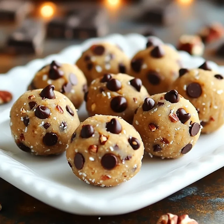 To start, gather these main ingredients: - 1 cup almond flour - 1/2 cup coconut flour - 1/4 cup maple syrup - 1/4 cup almond butter (or peanut butter) - 1 teaspoon vanilla extract - 1/2 teaspoon salt - 1/2 cup mini chocolate chips These ingredients create a tasty base for cookie dough bites. Almond flour gives a nice texture. Coconut flour adds a hint of sweetness. Maple syrup provides natural sweetness, while almond butter binds it all together. Want to boost the flavor? You can add: - 1/4 cup chopped pecans (or walnuts) - A pinch of cinnamon - A splash of almond extract These add-ins enhance the bites' taste. Nuts add crunch, while cinnamon brings warmth. Almond extract gives a richer flavor. If you have allergies, don’t worry! You can swap some ingredients: - Use sunflower seed butter instead of almond butter for nut-free bites. - Replace almond flour with oat flour for a gluten-free option. - Substitute maple syrup with agave nectar for a different sweetener. These swaps keep the recipe safe and still delicious. Adjusting the ingredients makes it easy for everyone to enjoy these cookie dough bites. Start with a large mixing bowl. Add 1 cup of almond flour and 1/2 cup of coconut flour. Then, sprinkle in 1/2 teaspoon of salt. Mix these dry ingredients well. Make sure there are no lumps in the flour. This step is key to a smooth dough. In another bowl, combine 1/4 cup of almond butter, 1/4 cup of maple syrup, and 1 teaspoon of vanilla extract. Stir until you get a smooth and creamy texture. This mixture adds flavor and sweetness. It blends perfectly with the dry ingredients. Now, slowly add the wet mixture to the dry ingredients. Stir continuously until everything combines well. You should see a dough forming. If it feels too dry, add a tiny bit more maple syrup. It should feel soft but not sticky. Take small portions of the dough and roll them into bite-sized balls, about 1 inch wide. Place them on a parchment-lined baking sheet. Leave space between each ball. After rolling all the dough, chill them in the fridge for about 30 minutes. This helps them firm up. Enjoy them cold or store them in an airtight container! To get the best texture for your cookie dough bites, use a mix of almond and coconut flours. Almond flour gives a nice nutty taste, while coconut flour adds fluffiness. Make sure to mix the dry ingredients well. If the dough feels too dry, add a tiny bit of almond butter or maple syrup. If it’s too wet, add more flour. This balance makes each bite soft and chewy. After you chill the bites, you can serve them right away. They taste great cold! If you have leftovers, store them in an airtight container. Keep them in the fridge for up to a week. You can also pack them for lunch or take them on trips. These bites make a tasty snack anytime. If you like your treats sweeter, add a little more maple syrup. Just remember to mix it in slowly. Taste the dough as you go. You can also swap maple syrup for honey if you want. Adjusting the sweetness helps you find the perfect balance for your taste buds. {{image_2}} You can switch up the nut butter for more flavor. Try peanut butter for a rich taste. Almond butter gives a milder flavor. Sunflower seed butter is great for nut-free diets. Each choice adds a unique twist to your bites. Want to boost nutrition? Add chia seeds or flaxseeds to the dough. Both are packed with fiber and omega-3s. Just a tablespoon or two can make a big difference. Mix them in with the dry ingredients for even distribution. Toppings can change the whole feel of your bites. Sprinkle some sea salt on top for a sweet and salty mix. Cocoa powder dusting adds a chocolatey kick. You can also roll the bites in crushed nuts for added crunch. Each topping choice brings a new taste to enjoy. To keep your no-bake chocolate chip cookie dough bites fresh, store them in an airtight container. This helps prevent them from drying out or absorbing other odors in the fridge. I recommend placing parchment paper between layers if you stack them. This keeps them from sticking together. The bites will stay fresh for about a week when refrigerated properly. If you want to enjoy these bites later, freezing is a great option. First, arrange the cookie dough bites in a single layer on a baking sheet. Freeze them for about an hour until firm. Once frozen, transfer the bites to a freezer-safe bag or container. This way, they won’t stick together. You can freeze them for up to three months. Just remember to thaw them in the fridge before eating! When stored correctly, these cookie dough bites can last up to a week in the fridge. If you freeze them, they will keep for about three months. Always check for any signs of spoilage before eating. If they smell off or look strange, it's best to toss them. Keeping track of storage time ensures you enjoy them at their best! Yes, you can use other flours. Try oat flour or whole wheat flour. Each flour gives a unique taste. Just keep the same amount to make it easy. To make them vegan, use maple syrup and nut butter. Both are plant-based. Avoid using honey, as it is not vegan. This way, everyone can enjoy these treats! Peanut butter works great if you prefer it. Sunflower seed butter is another option. Both will change the flavor slightly but will still taste good. These bites have good ingredients. They have healthy fats from nut butter. The flours provide fiber too. Enjoy them as a sweet treat that’s still good for you! No-bake cookie dough bites are easy to make and fun to enjoy. We covered the main ingredients, optional add-ins, and allergen substitutions. I shared step-by-step instructions to help you mix, roll, and chill your bites. To make the most of your treats, I included tips for texture, storage, and sweetness. Plus, you learned about creative variations and answers to common questions. Now, it's time for you to get in the kitchen and try these tasty bites! Enjoy the process and have fun experimenting.