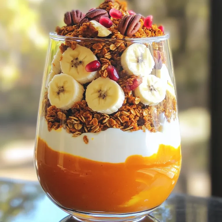 To make the Pumpkin Spice Granola Yogurt Parfait, gather these simple ingredients: - 2 cups plain Greek yogurt - 1 cup homemade or store-bought pumpkin spice granola - 1/2 cup canned pumpkin puree - 1 tablespoon maple syrup (or to taste) - 1 teaspoon pumpkin pie spice - 1/2 teaspoon vanilla extract - Optional toppings: chopped pecans, fresh fruit Each ingredient plays a big role in flavor and texture. Greek yogurt gives the parfait its creamy base. It adds protein and tanginess. Pumpkin spice granola brings crunch and sweetness. It also adds that cozy pumpkin spice flavor. Canned pumpkin puree provides a rich, smooth layer. It makes the parfait taste like fall in every bite. Maple syrup sweetens the pumpkin layer. It adds depth and warmth to the dish. Pumpkin pie spice enhances the pumpkin flavor. It's a mix of cinnamon, nutmeg, and ginger. Vanilla extract adds a lovely scent and flavor. It balances the spices perfectly. For a fun twist, you can add chopped pecans for crunch or fresh fruit like banana slices or pomegranate seeds for color and taste. These ingredients come together to create a delicious and satisfying parfait. Enjoy the process of layering them! To make the pumpkin layer, grab a mixing bowl. Add the canned pumpkin puree, maple syrup, pumpkin pie spice, and vanilla extract. Stir until it is smooth and creamy. This mix gives your parfait a warm, spiced flavor. It smells so good that you might want to taste it! Now, it’s time to build your parfait. Take a glass or a bowl. Start with a spoonful of the pumpkin mix at the bottom. Spread it out evenly. Next, add a layer of Greek yogurt on top of the pumpkin. Make sure to smooth it out. Then, sprinkle pumpkin spice granola over the yogurt. You can repeat these layers until you fill your dish. Finish with a layer of yogurt and a sprinkle of granola on top. If you like, sprinkle chopped pecans on top for a nice crunch. Add fresh fruit, like banana slices or pomegranate seeds, for extra flavor. This makes your parfait look even prettier. Serve it right away. If you need to, you can cover it and place it in the fridge for up to two hours. Enjoy your tasty creation! To make your parfait stand out, focus on the layers. Start with the spiced pumpkin layer. Use a spoon to create an even base. This helps hold the yogurt well. Next, add the yogurt layer. Smooth it out gently. This gives a beautiful look. After that, sprinkle your granola evenly. Avoid clumping for better texture. Repeat these steps until your dish is full. Not all granola is the same. Choose a pumpkin spice granola for the best flavor. If you like crunch, pick one with nuts or seeds. Check the labels for added sugar. You want a healthy option. If you can, make your own granola. This way, you control the ingredients and flavors. How you serve your parfait matters. Use clear glasses to show off the layers. This makes it look inviting. Garnish with a sprinkle of pumpkin spice on top. Add a sprig of mint for color. Fresh fruit like banana slices or pomegranate seeds makes it pop. This adds a touch of freshness and sweetness. Enjoy the beauty before you dig in! {{image_2}} You can switch up the yogurt in your parfait. Plain Greek yogurt is thick and creamy. You can also use regular yogurt for a lighter texture. Dairy-free yogurts, like coconut or almond, work great too. Each option brings its own flavor. Try flavored yogurts for extra taste. Just make sure the flavor matches pumpkin spice. Maple syrup gives a nice sweetness. But you can use honey or agave syrup. If you want less sugar, try stevia or monk fruit. Remember, each sweetener has a different taste. Adjust the amount to your liking. Taste as you mix to find your perfect sweetness. Fresh fruit adds color and taste. Bananas and pomegranates are great choices. You can also try apples or pears for a fall twist. Seasonal fruits enhance the flavor and nutrition. Feel free to mix and match your favorites. The more variety, the better your parfait will look and taste. To keep your Pumpkin Spice Granola Yogurt Parfait fresh, store it in the fridge. Use an airtight container for the best results. This helps prevent any unwanted odors from other foods. You can keep it chilled for up to two hours. If you wait longer, the layers may not look as nice. I love preparing this parfait in advance. You can make the spiced pumpkin layer a day ahead. Just mix the pumpkin puree, maple syrup, pumpkin pie spice, and vanilla extract. Store it in the fridge until you are ready to assemble. You can also prepare the granola separately. Just remember to layer it fresh when you're ready to serve! Each ingredient has its own shelf life. Plain Greek yogurt lasts about one to two weeks in the fridge. Pumpkin puree, once opened, stays good for about a week. As for granola, it can last up to a month if stored in a cool, dry place. Check the dates on package labels to be safe, and enjoy your parfait at its best! Yes, you can make this parfait ahead of time. Prepare it and keep it in the fridge. I suggest you store it for up to two hours. After that, the granola may get soggy. To keep it crisp, layer the granola just before serving. If you do not have Greek yogurt, use regular yogurt or plant-based yogurt. Regular yogurt will make your parfait less thick. For a dairy-free option, try coconut yogurt or almond yogurt. These will add a nice flavor too. To adjust sweetness, modify the maple syrup amount. Start with one tablespoon and taste it. If you want it sweeter, add more syrup. You can also use honey or agave syrup as alternatives. Just remember to mix well after adding more sweetener. This pumpkin yogurt parfait is simple and fun to make. You need Greek yogurt, canned pumpkin, and granola. Follow the steps to layer and serve it well. Use tips to make it look great and taste even better. Feel free to swap ingredients to fit your taste. You can also prepare it ahead and store it easily. Enjoy your parfait creation anytime! This treat combines health and joy in each bite.